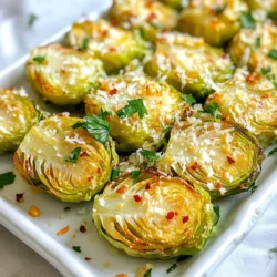 - 1 pound Brussels sprouts - 3 tablespoons olive oil - 4 cloves garlic - 1/2 cup grated Parmesan cheese - 1 teaspoon salt - 1/2 teaspoon black pepper - 1/2 teaspoon red pepper flakes - 2 tablespoons balsamic vinegar - Fresh parsley for garnish To make Garlic Parmesan Brussels sprouts, you need a few key ingredients. Start with one pound of fresh Brussels sprouts. Look for sprouts that are firm and bright green. Next, gather three tablespoons of olive oil. This oil adds richness and helps with roasting. You will also need four cloves of garlic. Minced garlic gives a strong flavor that pairs well with the sprouts. For the cheese lover in you, grab half a cup of grated Parmesan cheese. This cheese melts beautifully and adds a salty touch. Season your dish with one teaspoon of salt and half a teaspoon of black pepper. These basic seasonings enhance the natural taste of the sprouts. If you want a bit of heat, include half a teaspoon of red pepper flakes. For a tangy finish, consider adding two tablespoons of balsamic vinegar. Finally, fresh parsley is perfect for garnish. It adds a pop of color and freshness. These ingredients come together to create a dish that is both flavorful and easy to make. Enjoy the cooking process and the delicious result! {{ingredient_image_1}} First, you need to trim and halve the Brussels sprouts. Cut off the stem end and slice each sprout in half. This step helps them cook evenly. Next, preheat your oven to 425°F (220°C). A hot oven is key for a crispy finish. In a large mixing bowl, combine the halved Brussels sprouts with olive oil, minced garlic, salt, black pepper, and red pepper flakes if you want some heat. Toss everything together until the Brussels sprouts are evenly coated. This mix adds great flavor. Now, transfer the Brussels sprouts to a baking sheet. Make sure they are in a single layer with the cut side down. This helps them caramelize better. Roast them in the preheated oven for 20 minutes. After that, take the baking sheet out and sprinkle the grated Parmesan cheese over the Brussels sprouts. This cheese melts and gets nice and golden. Return the sheet to the oven and roast for another 10 minutes. Check to see if the sprouts are tender and the cheese is bubbly. Enjoy the tasty aroma! To get that nice caramel color, place the Brussels sprouts cut-side down on the baking sheet. This helps them brown evenly. Roasting at 425°F (220°C) creates a hot environment. It helps the sprouts cook through while getting crispy. For a tangy twist, consider adding balsamic vinegar. Drizzle it over the sprouts just before serving. You can also try extra seasonings. A pinch of garlic powder or lemon zest can add depth. Serve the Brussels sprouts warm on a bright platter. Sprinkle more Parmesan and fresh parsley on top. This adds a pop of color and makes the dish inviting. Consider using a nice bowl to showcase them. It makes the meal feel special. Pro Tips Choose Fresh Brussels Sprouts: Look for firm, bright green Brussels sprouts with no yellow leaves for the best flavor and texture. Use High-Quality Olive Oil: A good quality extra virgin olive oil enhances the overall taste and provides a rich flavor to the dish. Don’t Overcrowd the Pan: Make sure the Brussels sprouts are in a single layer on the baking sheet to ensure even roasting and caramelization. Experiment with Cheese: Try different types of cheese, like Pecorino Romano or cheddar, for a unique twist on the classic recipe. {{image_2}} You can switch up the cheese in this dish. Try using asiago or pecorino for a different taste. If you want a creamy texture, feta works well too. For those who prefer a vegan option, there are great substitutes. Look for nut-based cheeses or vegan Parmesan. These options melt well and still provide great flavor. To make these Brussels sprouts pop, think about adding herbs and spices. A sprinkle of thyme or rosemary can uplift the dish. You could also add a hint of lemon zest for brightness. Want some crunch? Toss in some chopped nuts like walnuts or almonds. They add texture and flavor to your sprouts. Using an air fryer can give you crispy Brussels sprouts in less time. Set your air fryer to 400°F and cook for about 15 minutes. Shake the basket halfway through for even cooking. If you prefer stovetop cooking, sauté the Brussels sprouts in a pan with olive oil. Cook them over medium heat until they are tender and golden, about 10 minutes. Both methods offer tasty results! To store leftovers, let the sprouts cool. Place them in an airtight container. They will stay fresh in the fridge for up to four days. Use a glass or plastic container with a tight seal. This helps keep the flavor and texture intact. For the best taste, reheat in the oven. Preheat it to 350°F (175°C). Spread the sprouts on a baking sheet. Heat for about 10 minutes, or until warm. If you want to re-crisp them, set the oven to broil for 2 minutes. Watch closely to avoid burning. To freeze, let the Brussels sprouts cool completely. Place them in a freezer-safe bag or container. Remove as much air as possible to prevent freezer burn. They can last for up to three months in the freezer. When ready to cook, thaw them in the fridge overnight. For quick cooking, you can toss them straight into the oven. Just add a few extra minutes to the cooking time. Yes, you can use frozen Brussels sprouts. However, they may be softer and have less flavor. Fresh sprouts are best for crispness and taste. If you use frozen, roast them longer to help them get tender. These Brussels sprouts pair well with many dishes. Try them with roasted chicken or grilled steak. They also go great with pasta or as a side for fish. Adding these to a holiday meal adds a nice touch. Brussels sprouts are done when they are tender and slightly browned. You can test them with a fork. If they pierce easily, they are ready. Look for a golden color on the cheese for extra flavor. This blog post shows you how to make Garlic Parmesan Brussels sprouts. You learned the main ingredients and steps to prepare them perfectly. We covered tips for great flavor and different ways to cook them. Storing and reheating options help keep your leftovers fresh. Remember, you can customize these sprouts to suit your taste. Now, get cooking and enjoy these tasty, healthy bites!