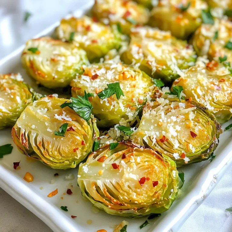 - 1 pound Brussels sprouts - 3 tablespoons olive oil - 4 cloves garlic - 1/2 cup grated Parmesan cheese - 1 teaspoon salt - 1/2 teaspoon black pepper - 1/2 teaspoon red pepper flakes - 2 tablespoons balsamic vinegar - Fresh parsley for garnish To make Garlic Parmesan Brussels sprouts, you need a few key ingredients. Start with one pound of fresh Brussels sprouts. Look for sprouts that are firm and bright green. Next, gather three tablespoons of olive oil. This oil adds richness and helps with roasting. You will also need four cloves of garlic. Minced garlic gives a strong flavor that pairs well with the sprouts. For the cheese lover in you, grab half a cup of grated Parmesan cheese. This cheese melts beautifully and adds a salty touch. Season your dish with one teaspoon of salt and half a teaspoon of black pepper. These basic seasonings enhance the natural taste of the sprouts. If you want a bit of heat, include half a teaspoon of red pepper flakes. For a tangy finish, consider adding two tablespoons of balsamic vinegar. Finally, fresh parsley is perfect for garnish. It adds a pop of color and freshness. These ingredients come together to create a dish that is both flavorful and easy to make. Enjoy the cooking process and the delicious result! {{ingredient_image_1}} First, you need to trim and halve the Brussels sprouts. Cut off the stem end and slice each sprout in half. This step helps them cook evenly. Next, preheat your oven to 425°F (220°C). A hot oven is key for a crispy finish. In a large mixing bowl, combine the halved Brussels sprouts with olive oil, minced garlic, salt, black pepper, and red pepper flakes if you want some heat. Toss everything together until the Brussels sprouts are evenly coated. This mix adds great flavor. Now, transfer the Brussels sprouts to a baking sheet. Make sure they are in a single layer with the cut side down. This helps them caramelize better. Roast them in the preheated oven for 20 minutes. After that, take the baking sheet out and sprinkle the grated Parmesan cheese over the Brussels sprouts. This cheese melts and gets nice and golden. Return the sheet to the oven and roast for another 10 minutes. Check to see if the sprouts are tender and the cheese is bubbly. Enjoy the tasty aroma! To get that nice caramel color, place the Brussels sprouts cut-side down on the baking sheet. This helps them brown evenly. Roasting at 425°F (220°C) creates a hot environment. It helps the sprouts cook through while getting crispy. For a tangy twist, consider adding balsamic vinegar. Drizzle it over the sprouts just before serving. You can also try extra seasonings. A pinch of garlic powder or lemon zest can add depth. Serve the Brussels sprouts warm on a bright platter. Sprinkle more Parmesan and fresh parsley on top. This adds a pop of color and makes the dish inviting. Consider using a nice bowl to showcase them. It makes the meal feel special. Pro Tips Choose Fresh Brussels Sprouts: Look for firm, bright green Brussels sprouts with no yellow leaves for the best flavor and texture. Use High-Quality Olive Oil: A good quality extra virgin olive oil enhances the overall taste and provides a rich flavor to the dish. Don’t Overcrowd the Pan: Make sure the Brussels sprouts are in a single layer on the baking sheet to ensure even roasting and caramelization. Experiment with Cheese: Try different types of cheese, like Pecorino Romano or cheddar, for a unique twist on the classic recipe. {{image_2}} You can switch up the cheese in this dish. Try using asiago or pecorino for a different taste. If you want a creamy texture, feta works well too. For those who prefer a vegan option, there are great substitutes. Look for nut-based cheeses or vegan Parmesan. These options melt well and still provide great flavor. To make these Brussels sprouts pop, think about adding herbs and spices. A sprinkle of thyme or rosemary can uplift the dish. You could also add a hint of lemon zest for brightness. Want some crunch? Toss in some chopped nuts like walnuts or almonds. They add texture and flavor to your sprouts. Using an air fryer can give you crispy Brussels sprouts in less time. Set your air fryer to 400°F and cook for about 15 minutes. Shake the basket halfway through for even cooking. If you prefer stovetop cooking, sauté the Brussels sprouts in a pan with olive oil. Cook them over medium heat until they are tender and golden, about 10 minutes. Both methods offer tasty results! To store leftovers, let the sprouts cool. Place them in an airtight container. They will stay fresh in the fridge for up to four days. Use a glass or plastic container with a tight seal. This helps keep the flavor and texture intact. For the best taste, reheat in the oven. Preheat it to 350°F (175°C). Spread the sprouts on a baking sheet. Heat for about 10 minutes, or until warm. If you want to re-crisp them, set the oven to broil for 2 minutes. Watch closely to avoid burning. To freeze, let the Brussels sprouts cool completely. Place them in a freezer-safe bag or container. Remove as much air as possible to prevent freezer burn. They can last for up to three months in the freezer. When ready to cook, thaw them in the fridge overnight. For quick cooking, you can toss them straight into the oven. Just add a few extra minutes to the cooking time. Yes, you can use frozen Brussels sprouts. However, they may be softer and have less flavor. Fresh sprouts are best for crispness and taste. If you use frozen, roast them longer to help them get tender. These Brussels sprouts pair well with many dishes. Try them with roasted chicken or grilled steak. They also go great with pasta or as a side for fish. Adding these to a holiday meal adds a nice touch. Brussels sprouts are done when they are tender and slightly browned. You can test them with a fork. If they pierce easily, they are ready. Look for a golden color on the cheese for extra flavor. This blog post shows you how to make Garlic Parmesan Brussels sprouts. You learned the main ingredients and steps to prepare them perfectly. We covered tips for great flavor and different ways to cook them. Storing and reheating options help keep your leftovers fresh. Remember, you can customize these sprouts to suit your taste. Now, get cooking and enjoy these tasty, healthy bites!