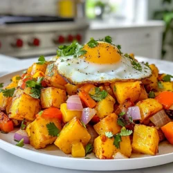 When making savory sweet potato hash with eggs, gather these fresh ingredients: - 2 large sweet potatoes, peeled and diced - 1 red bell pepper, chopped - 1 yellow bell pepper, chopped - 1 small red onion, diced - 2 cloves garlic, minced - 4 large eggs - 2 tablespoons olive oil - 1 teaspoon smoked paprika - Salt and pepper to taste - Fresh cilantro, chopped (for garnish) - Avocado slices (optional, for serving) Each ingredient plays a key role. Sweet potatoes provide a soft, sweet base. Bell peppers add crunch and color. Onion and garlic bring depth to the dish. Eggs add creaminess and protein. Olive oil helps everything cook evenly. Smoked paprika gives a nice warmth. Finally, a touch of salt and pepper enhances the flavors. Fresh cilantro and avocado lend a bright finish. This balance makes your meal hearty and satisfying. {{ingredient_image_1}} Start by peeling and dicing two large sweet potatoes. Cut them into small cubes. This helps them cook evenly. Next, heat two tablespoons of olive oil in a large skillet over medium heat. Once the oil is hot, add the sweet potatoes. Cook them for about 10 to 15 minutes. Stir them occasionally. You want them to be tender and slightly browned. After the sweet potatoes are ready, add one diced red onion and one chopped yellow bell pepper. Also, add one chopped red bell pepper for more flavor. Mince two cloves of garlic and add them too. Cook these veggies for 5 to 7 minutes. They should soften and smell great. Stir in one teaspoon of smoked paprika. Season with salt and pepper to your taste. Mix everything well until it’s hot. Now, make four small wells in the sweet potato mix. Crack one egg into each well. Cover the skillet with a lid. Cook the eggs to how you like them. For runny yolks, cook for about 5 to 8 minutes. For firmer eggs, let them cook a bit longer. Once the eggs are cooked, take the skillet off the heat. Garnish your dish with chopped cilantro for a fresh touch. Serve hot, and add avocado slices if you like. Enjoy your hearty meal! To get the best sweet potato hash, start with fresh ingredients. Choose sweet potatoes that are firm and smooth. Peel and dice them evenly. This helps them cook at the same rate. Cook the sweet potatoes until they are golden and tender. This usually takes about 10 to 15 minutes. Stir them every few minutes to prevent sticking. Adding garlic and onions brings out their natural sweetness. Cooking the eggs is key to your dish. Make small wells in the hash for each egg. This keeps them in place. Cover the skillet to trap heat and steam. For runny yolks, cook for about 5 to 8 minutes. If you like firmer yolks, leave them a bit longer. You can also use a lid to check the eggs without lifting it. To make this dish a full meal, add some protein. You can add cooked sausage or beans for extra flavor. Topping your hash with avocado adds creaminess and healthy fats. Fresh cilantro gives a nice pop of color and flavor. Don’t forget to season well with salt and pepper. This makes all the flavors come alive. Enjoy this hearty meal any time of the day! Pro Tips Use Fresh Ingredients: Always opt for fresh sweet potatoes and vegetables for the best flavor and texture in your hash. Customize Your Veggies: Feel free to swap in your favorite vegetables or whatever you have on hand; zucchini or spinach are great additions! Perfect Egg Cooking: For runny yolks, keep an eye on the eggs and remove them from heat as soon as the whites are set but the yolks remain soft. Spice It Up: Experiment with different spices like cumin or chili powder to give your hash an extra kick of flavor. {{image_2}} You can boost your sweet potato hash by adding proteins. Try diced cooked chicken or turkey for a hearty twist. Bacon or sausage can add a savory crunch. If you want a meat-free option, consider adding black beans or chickpeas. Just stir them in with the vegetables to heat through. This makes the dish more filling and adds great flavor. For a vegetarian take, skip the eggs and add more veggies. Spinach, kale, or zucchini work well. If you want a vegan option, replace eggs with tofu. Scramble firm tofu and add it to the hash. You can season it with turmeric for a yellow hue. This way, you keep the protein but change the dish to fit your diet. If you like heat, add spices to your taste. You can mix in cayenne pepper or diced jalapeños for a kick. Another option is to use spicy paprika instead of smoked paprika. This adds both heat and flavor. Start slow; you can always add more spice, but it’s hard to take it out. Adjust to your liking for the perfect bite! Store your sweet potato hash in an airtight container. Let it cool to room temperature first. You can keep it in the fridge for up to three days. If you want to keep it longer, freezing is a good option. To reheat, use a skillet for the best results. Heat over medium-low heat for about 5-7 minutes. Stir occasionally until warm. You can also use the microwave. Heat in short bursts for 1-2 minutes, stirring in between. To freeze, place the sweet potato hash in a freezer-safe container. It can last for up to three months. When ready to eat, thaw it overnight in the fridge. Then, follow the reheating instructions for a tasty meal. Yes, you can use other vegetables to mix things up. Try zucchini, mushrooms, or spinach. Each adds a unique taste. Just remember to adjust cooking time based on how fast they cook. For example, soft veggies like spinach need less time than sweet potatoes. To spice up your sweet potato hash, add diced jalapeños or crushed red pepper flakes. You can also use spicy sausage instead of eggs for a kick. Adjust the spice to your taste, and remember, you can always add more if needed! If you want to skip the eggs, try scrambled tofu or chickpeas. Both add protein and flavor. You can also use a flaxseed mixture as a vegan option. Mix one tablespoon of flaxseed with three tablespoons of water, let it sit, and add it to the hash. Absolutely! This sweet potato hash is great for meal prep. Cook it in advance and store it in the fridge. Just reheat portions in a skillet. You can also freeze it for longer storage. Just remember to cook the eggs fresh for the best taste. This blog post explored how to create a tasty sweet potato hash. We covered the essential ingredients, including sweet potatoes and spices. You learned how to prepare the veggies and cook the eggs just right. We shared tips to make your dish a complete meal and variations for different diets. You can also store and reheat leftovers easily. Now you have all the tools to make a delicious hash that fits your taste. Enjoy cooking and making this dish your own!