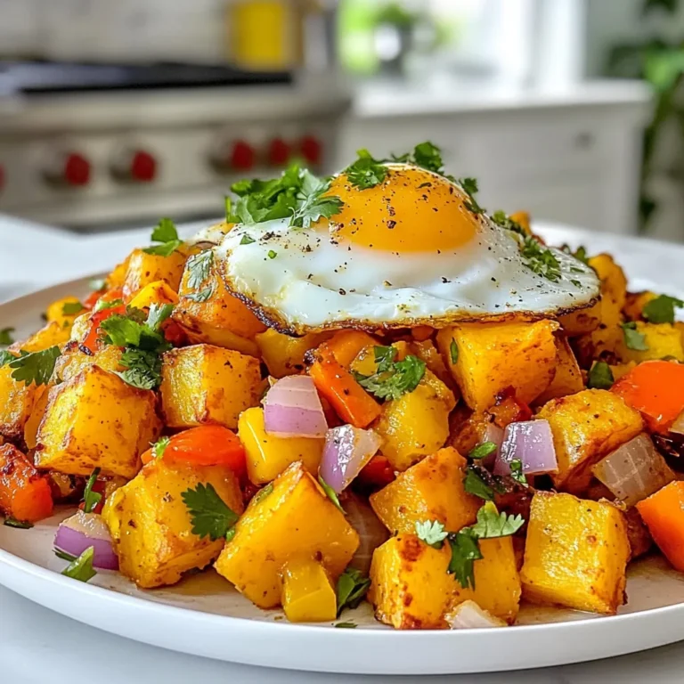 When making savory sweet potato hash with eggs, gather these fresh ingredients: - 2 large sweet potatoes, peeled and diced - 1 red bell pepper, chopped - 1 yellow bell pepper, chopped - 1 small red onion, diced - 2 cloves garlic, minced - 4 large eggs - 2 tablespoons olive oil - 1 teaspoon smoked paprika - Salt and pepper to taste - Fresh cilantro, chopped (for garnish) - Avocado slices (optional, for serving) Each ingredient plays a key role. Sweet potatoes provide a soft, sweet base. Bell peppers add crunch and color. Onion and garlic bring depth to the dish. Eggs add creaminess and protein. Olive oil helps everything cook evenly. Smoked paprika gives a nice warmth. Finally, a touch of salt and pepper enhances the flavors. Fresh cilantro and avocado lend a bright finish. This balance makes your meal hearty and satisfying. {{ingredient_image_1}} Start by peeling and dicing two large sweet potatoes. Cut them into small cubes. This helps them cook evenly. Next, heat two tablespoons of olive oil in a large skillet over medium heat. Once the oil is hot, add the sweet potatoes. Cook them for about 10 to 15 minutes. Stir them occasionally. You want them to be tender and slightly browned. After the sweet potatoes are ready, add one diced red onion and one chopped yellow bell pepper. Also, add one chopped red bell pepper for more flavor. Mince two cloves of garlic and add them too. Cook these veggies for 5 to 7 minutes. They should soften and smell great. Stir in one teaspoon of smoked paprika. Season with salt and pepper to your taste. Mix everything well until it’s hot. Now, make four small wells in the sweet potato mix. Crack one egg into each well. Cover the skillet with a lid. Cook the eggs to how you like them. For runny yolks, cook for about 5 to 8 minutes. For firmer eggs, let them cook a bit longer. Once the eggs are cooked, take the skillet off the heat. Garnish your dish with chopped cilantro for a fresh touch. Serve hot, and add avocado slices if you like. Enjoy your hearty meal! To get the best sweet potato hash, start with fresh ingredients. Choose sweet potatoes that are firm and smooth. Peel and dice them evenly. This helps them cook at the same rate. Cook the sweet potatoes until they are golden and tender. This usually takes about 10 to 15 minutes. Stir them every few minutes to prevent sticking. Adding garlic and onions brings out their natural sweetness. Cooking the eggs is key to your dish. Make small wells in the hash for each egg. This keeps them in place. Cover the skillet to trap heat and steam. For runny yolks, cook for about 5 to 8 minutes. If you like firmer yolks, leave them a bit longer. You can also use a lid to check the eggs without lifting it. To make this dish a full meal, add some protein. You can add cooked sausage or beans for extra flavor. Topping your hash with avocado adds creaminess and healthy fats. Fresh cilantro gives a nice pop of color and flavor. Don’t forget to season well with salt and pepper. This makes all the flavors come alive. Enjoy this hearty meal any time of the day! Pro Tips Use Fresh Ingredients: Always opt for fresh sweet potatoes and vegetables for the best flavor and texture in your hash. Customize Your Veggies: Feel free to swap in your favorite vegetables or whatever you have on hand; zucchini or spinach are great additions! Perfect Egg Cooking: For runny yolks, keep an eye on the eggs and remove them from heat as soon as the whites are set but the yolks remain soft. Spice It Up: Experiment with different spices like cumin or chili powder to give your hash an extra kick of flavor. {{image_2}} You can boost your sweet potato hash by adding proteins. Try diced cooked chicken or turkey for a hearty twist. Bacon or sausage can add a savory crunch. If you want a meat-free option, consider adding black beans or chickpeas. Just stir them in with the vegetables to heat through. This makes the dish more filling and adds great flavor. For a vegetarian take, skip the eggs and add more veggies. Spinach, kale, or zucchini work well. If you want a vegan option, replace eggs with tofu. Scramble firm tofu and add it to the hash. You can season it with turmeric for a yellow hue. This way, you keep the protein but change the dish to fit your diet. If you like heat, add spices to your taste. You can mix in cayenne pepper or diced jalapeños for a kick. Another option is to use spicy paprika instead of smoked paprika. This adds both heat and flavor. Start slow; you can always add more spice, but it’s hard to take it out. Adjust to your liking for the perfect bite! Store your sweet potato hash in an airtight container. Let it cool to room temperature first. You can keep it in the fridge for up to three days. If you want to keep it longer, freezing is a good option. To reheat, use a skillet for the best results. Heat over medium-low heat for about 5-7 minutes. Stir occasionally until warm. You can also use the microwave. Heat in short bursts for 1-2 minutes, stirring in between. To freeze, place the sweet potato hash in a freezer-safe container. It can last for up to three months. When ready to eat, thaw it overnight in the fridge. Then, follow the reheating instructions for a tasty meal. Yes, you can use other vegetables to mix things up. Try zucchini, mushrooms, or spinach. Each adds a unique taste. Just remember to adjust cooking time based on how fast they cook. For example, soft veggies like spinach need less time than sweet potatoes. To spice up your sweet potato hash, add diced jalapeños or crushed red pepper flakes. You can also use spicy sausage instead of eggs for a kick. Adjust the spice to your taste, and remember, you can always add more if needed! If you want to skip the eggs, try scrambled tofu or chickpeas. Both add protein and flavor. You can also use a flaxseed mixture as a vegan option. Mix one tablespoon of flaxseed with three tablespoons of water, let it sit, and add it to the hash. Absolutely! This sweet potato hash is great for meal prep. Cook it in advance and store it in the fridge. Just reheat portions in a skillet. You can also freeze it for longer storage. Just remember to cook the eggs fresh for the best taste. This blog post explored how to create a tasty sweet potato hash. We covered the essential ingredients, including sweet potatoes and spices. You learned how to prepare the veggies and cook the eggs just right. We shared tips to make your dish a complete meal and variations for different diets. You can also store and reheat leftovers easily. Now you have all the tools to make a delicious hash that fits your taste. Enjoy cooking and making this dish your own!