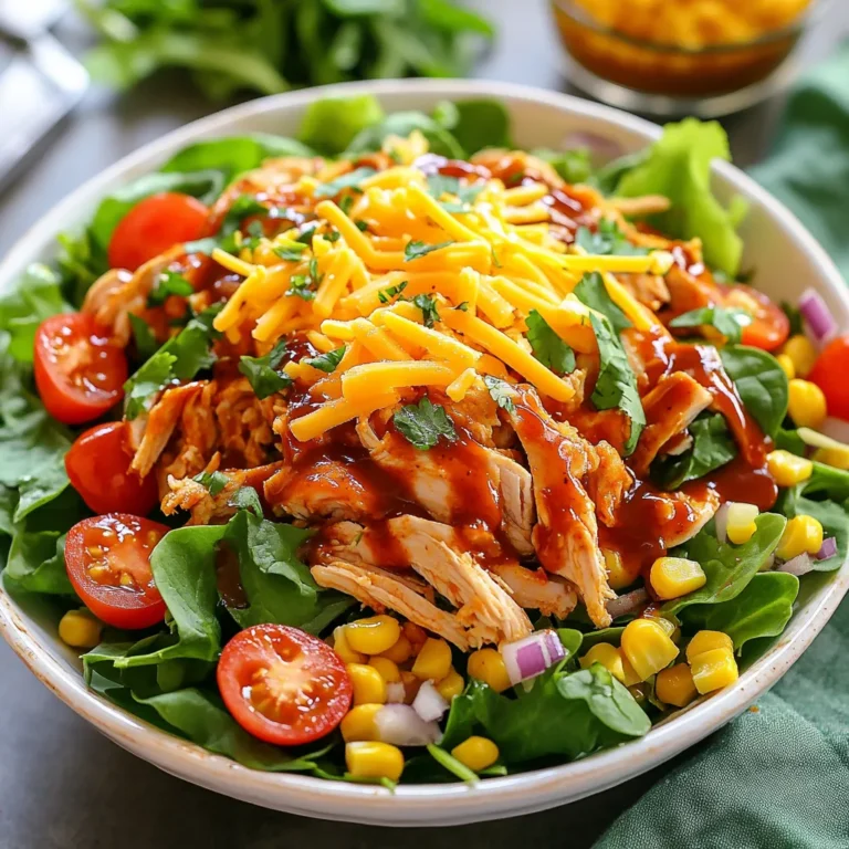 - 2 cups cooked chicken breast, shredded - 4 cups mixed salad greens (spinach, romaine, arugula) - 1 cup cherry tomatoes, halved - 1 cup corn kernels (fresh, frozen, or canned) - 1 red bell pepper, diced - 1/2 red onion, thinly sliced - 1 cup shredded cheddar cheese - 1/2 cup BBQ sauce (use your favorite brand) - 1/2 cup ranch dressing - Salt and pepper to taste - Fresh cilantro or parsley for garnish You can add many fun extras to your BBQ Ranch Chicken Salad. Consider adding avocado for creaminess. Sliced jalapeños can add heat. Crispy bacon bits will add crunch. You could also swap out the cheddar for feta cheese for a tangy twist. If you want to mix things up, there are many options. Use turkey instead of chicken for a different flavor. Leafy greens like kale or butter lettuce can replace mixed greens. Swap ranch for blue cheese or Italian dressing. You can even use black beans instead of corn for a protein boost. Be creative! {{ingredient_image_1}} Start by shredding your cooked chicken breast. Use two forks or your hands. In a large bowl, add the shredded chicken. Pour in 1/4 cup of your favorite BBQ sauce. Toss the chicken until it is fully coated. This step adds a zesty flavor to your salad. It also keeps the chicken moist and tender. In another bowl, mix together the salad greens. Combine spinach, romaine, and arugula for a variety of textures. Add the cherry tomatoes, corn, red bell pepper, and red onion. Make sure to mix gently to keep the greens fresh and crisp. Now, add the BBQ chicken to your salad mix. Combine everything carefully to avoid bruising the greens. Drizzle ranch dressing over the salad. Toss it lightly so all the ingredients are coated. Next, sprinkle the shredded cheddar cheese on top. Season with salt and pepper to taste. For extra flavor, drizzle the remaining BBQ sauce over everything. Finally, garnish with fresh cilantro or parsley. This adds a pop of color and freshness to your dish. To shred chicken fast, use two forks. Hold one fork in each hand. Grab the cooked chicken with one fork and pull apart with the other. This method works well for warm or cooled chicken. If you have a stand mixer, you can also use it. Place the chicken in the mixer and use the paddle attachment. Mix on a low speed for just a few seconds. This makes shredding quick and easy. For a tasty BBQ Ranch Chicken Salad, balance flavors well. The smoky BBQ sauce pairs great with the creamy ranch dressing. Use fresh herbs like cilantro or parsley for a bright taste. Add cherry tomatoes for sweetness and red onion for a bit of bite. Mix in corn for crunch and color. This makes every bite exciting and full of flavor. Adjust the salt and pepper to bring all the tastes together. Make your salad look great to impress guests. Start with a large, colorful bowl. Layer the mixed greens at the bottom. Then, add the chicken on top. Scatter the cherry tomatoes, corn, and red bell pepper over the chicken. Finish with shredded cheddar cheese. Drizzle extra BBQ sauce over the top for a nice touch. Use fresh herbs as a garnish for added color. This makes your dish look fresh and appetizing. Pro Tips Use Grilled Chicken: For an extra layer of flavor, use grilled chicken instead of boiled. The smoky taste enhances the BBQ theme. Let It Chill: Allow the salad to sit for about 10 minutes after mixing. This lets the flavors meld together beautifully. Customize Your Veggies: Feel free to add or substitute other vegetables like cucumbers or avocado for added texture and flavor. Serve Cold: This salad tastes best when served cold. Consider chilling your ingredients beforehand for a refreshing dish. {{image_2}} You can switch up the protein in your BBQ Ranch Chicken Salad. Try using turkey or pork instead of chicken. Both add a nice flavor. You can also use grilled shrimp or tofu for a meatless option. Each protein brings its own taste. This lets you enjoy the salad in new ways. The dressing is key for flavor. If you want a twist, try using blue cheese dressing. It adds a sharp taste that pairs well with BBQ. You could also mix ranch with a bit of hot sauce for a spicy kick. Experimenting with dressings can change the whole vibe of your salad. Seasonal ingredients can freshen up your salad. In summer, add fresh peaches or strawberries for sweetness. In fall, roasted butternut squash or apples work great. These swaps not only add flavor but also color. You can keep the salad exciting by changing it with the seasons. To store your BBQ Ranch Chicken Salad, place it in an airtight container. Make sure to seal it well to keep moisture out. You can keep it in the fridge for up to three days. If you store the salad with the dressing on it, the greens may get soggy. To avoid this, keep the dressing separate until you're ready to eat. If you have leftover BBQ chicken, you can reheat it. Place the chicken in a microwave-safe bowl. Heat it for about 30 seconds, then stir. Check if it is warm enough. If not, heat it in 10-second bursts. I suggest not reheating the salad greens. They taste best fresh. You can freeze the chicken part of the salad. Place the shredded chicken in a freezer bag. Remove excess air before sealing the bag. The chicken will last for up to three months in the freezer. When you're ready to use it, thaw it in the fridge overnight. After that, mix it with fresh salad ingredients. Enjoy your fresh and tasty meal! Yes, you can use grilled chicken for this salad. Grilled chicken adds a nice smoky flavor. Just make sure it’s cooked and shredded. This keeps the salad fresh and tasty. You can grill it ahead of time for easy prep. If you want to switch up the BBQ sauce, try these options: - Teriyaki sauce for a sweet touch - Honey mustard for a tangy flavor - Salsa for a spicy kick - No sauce? Use an olive oil and vinegar mix These choices keep the salad flavorful and fun. This salad lasts about three days in the fridge. Store it in an airtight container. To keep it fresh, add the dressing just before eating. The veggies stay crisp this way. Enjoy your salad without worries! This blog post showed you how to make a tasty chicken salad. We covered all the key ingredients, steps, and helpful tips. You learned how to shred chicken, mix flavors, and present your dish well. Remember, you can swap proteins and try different dressings. Proper storage can keep your salad fresh and delicious. Use this guide to create a salad that impresses. Enjoy mixing and matching to find your perfect recipe. Happy cooking!
