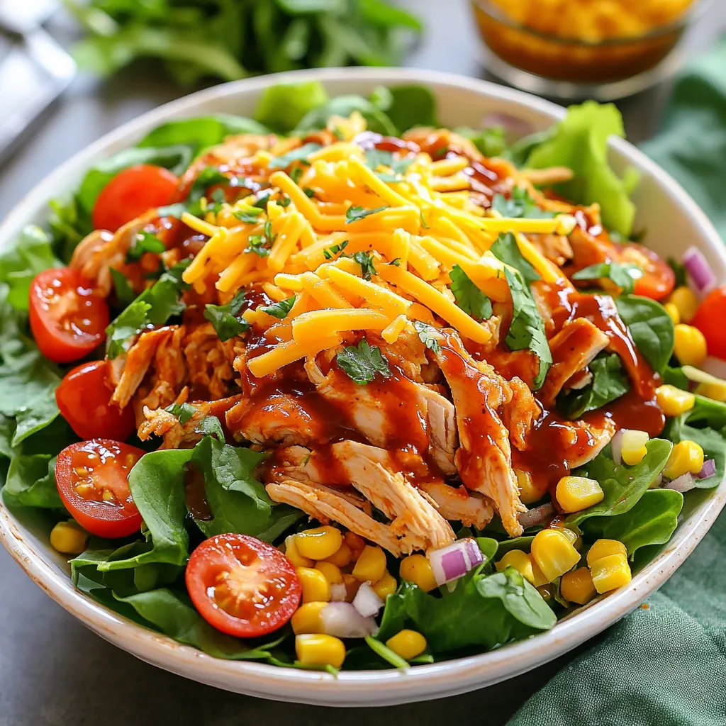 - 2 cups cooked chicken breast, shredded - 4 cups mixed salad greens (spinach, romaine, arugula) - 1 cup cherry tomatoes, halved - 1 cup corn kernels (fresh, frozen, or canned) - 1 red bell pepper, diced - 1/2 red onion, thinly sliced - 1 cup shredded cheddar cheese - 1/2 cup BBQ sauce (use your favorite brand) - 1/2 cup ranch dressing - Salt and pepper to taste - Fresh cilantro or parsley for garnish You can add many fun extras to your BBQ Ranch Chicken Salad. Consider adding avocado for creaminess. Sliced jalapeños can add heat. Crispy bacon bits will add crunch. You could also swap out the cheddar for feta cheese for a tangy twist. If you want to mix things up, there are many options. Use turkey instead of chicken for a different flavor. Leafy greens like kale or butter lettuce can replace mixed greens. Swap ranch for blue cheese or Italian dressing. You can even use black beans instead of corn for a protein boost. Be creative! {{ingredient_image_1}} Start by shredding your cooked chicken breast. Use two forks or your hands. In a large bowl, add the shredded chicken. Pour in 1/4 cup of your favorite BBQ sauce. Toss the chicken until it is fully coated. This step adds a zesty flavor to your salad. It also keeps the chicken moist and tender. In another bowl, mix together the salad greens. Combine spinach, romaine, and arugula for a variety of textures. Add the cherry tomatoes, corn, red bell pepper, and red onion. Make sure to mix gently to keep the greens fresh and crisp. Now, add the BBQ chicken to your salad mix. Combine everything carefully to avoid bruising the greens. Drizzle ranch dressing over the salad. Toss it lightly so all the ingredients are coated. Next, sprinkle the shredded cheddar cheese on top. Season with salt and pepper to taste. For extra flavor, drizzle the remaining BBQ sauce over everything. Finally, garnish with fresh cilantro or parsley. This adds a pop of color and freshness to your dish. To shred chicken fast, use two forks. Hold one fork in each hand. Grab the cooked chicken with one fork and pull apart with the other. This method works well for warm or cooled chicken. If you have a stand mixer, you can also use it. Place the chicken in the mixer and use the paddle attachment. Mix on a low speed for just a few seconds. This makes shredding quick and easy. For a tasty BBQ Ranch Chicken Salad, balance flavors well. The smoky BBQ sauce pairs great with the creamy ranch dressing. Use fresh herbs like cilantro or parsley for a bright taste. Add cherry tomatoes for sweetness and red onion for a bit of bite. Mix in corn for crunch and color. This makes every bite exciting and full of flavor. Adjust the salt and pepper to bring all the tastes together. Make your salad look great to impress guests. Start with a large, colorful bowl. Layer the mixed greens at the bottom. Then, add the chicken on top. Scatter the cherry tomatoes, corn, and red bell pepper over the chicken. Finish with shredded cheddar cheese. Drizzle extra BBQ sauce over the top for a nice touch. Use fresh herbs as a garnish for added color. This makes your dish look fresh and appetizing. Pro Tips Use Grilled Chicken: For an extra layer of flavor, use grilled chicken instead of boiled. The smoky taste enhances the BBQ theme. Let It Chill: Allow the salad to sit for about 10 minutes after mixing. This lets the flavors meld together beautifully. Customize Your Veggies: Feel free to add or substitute other vegetables like cucumbers or avocado for added texture and flavor. Serve Cold: This salad tastes best when served cold. Consider chilling your ingredients beforehand for a refreshing dish. {{image_2}} You can switch up the protein in your BBQ Ranch Chicken Salad. Try using turkey or pork instead of chicken. Both add a nice flavor. You can also use grilled shrimp or tofu for a meatless option. Each protein brings its own taste. This lets you enjoy the salad in new ways. The dressing is key for flavor. If you want a twist, try using blue cheese dressing. It adds a sharp taste that pairs well with BBQ. You could also mix ranch with a bit of hot sauce for a spicy kick. Experimenting with dressings can change the whole vibe of your salad. Seasonal ingredients can freshen up your salad. In summer, add fresh peaches or strawberries for sweetness. In fall, roasted butternut squash or apples work great. These swaps not only add flavor but also color. You can keep the salad exciting by changing it with the seasons. To store your BBQ Ranch Chicken Salad, place it in an airtight container. Make sure to seal it well to keep moisture out. You can keep it in the fridge for up to three days. If you store the salad with the dressing on it, the greens may get soggy. To avoid this, keep the dressing separate until you're ready to eat. If you have leftover BBQ chicken, you can reheat it. Place the chicken in a microwave-safe bowl. Heat it for about 30 seconds, then stir. Check if it is warm enough. If not, heat it in 10-second bursts. I suggest not reheating the salad greens. They taste best fresh. You can freeze the chicken part of the salad. Place the shredded chicken in a freezer bag. Remove excess air before sealing the bag. The chicken will last for up to three months in the freezer. When you're ready to use it, thaw it in the fridge overnight. After that, mix it with fresh salad ingredients. Enjoy your fresh and tasty meal! Yes, you can use grilled chicken for this salad. Grilled chicken adds a nice smoky flavor. Just make sure it’s cooked and shredded. This keeps the salad fresh and tasty. You can grill it ahead of time for easy prep. If you want to switch up the BBQ sauce, try these options: - Teriyaki sauce for a sweet touch - Honey mustard for a tangy flavor - Salsa for a spicy kick - No sauce? Use an olive oil and vinegar mix These choices keep the salad flavorful and fun. This salad lasts about three days in the fridge. Store it in an airtight container. To keep it fresh, add the dressing just before eating. The veggies stay crisp this way. Enjoy your salad without worries! This blog post showed you how to make a tasty chicken salad. We covered all the key ingredients, steps, and helpful tips. You learned how to shred chicken, mix flavors, and present your dish well. Remember, you can swap proteins and try different dressings. Proper storage can keep your salad fresh and delicious. Use this guide to create a salad that impresses. Enjoy mixing and matching to find your perfect recipe. Happy cooking!