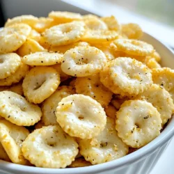 To make ranch seasoned oyster crackers, you need these simple items: - 1 (12 oz) package oyster crackers - 1/4 cup vegetable oil - 1 packet ranch dressing mix (about 1 oz) - 1 teaspoon garlic powder - 1/2 teaspoon onion powder - 1/2 teaspoon dried dill - 1/4 teaspoon cayenne pepper (optional) - 1/4 teaspoon black pepper These ingredients blend together to create a tasty snack. You can change the flavor of your crackers by adding some fun extras. Here are a few ideas: - 1/4 teaspoon paprika for a smoky taste - 1 tablespoon grated Parmesan cheese for a cheesy twist - 1/2 teaspoon lemon zest for a fresh kick Feel free to mix and match these options based on what you like. If you don't have certain ingredients, don’t worry! Here are some swaps you can try: - Use olive oil instead of vegetable oil for a richer flavor. - If you lack ranch dressing mix, try a homemade blend of herbs, like parsley and dill. - Substitute garlic powder with fresh minced garlic for a stronger flavor. These substitutions help you create delicious ranch seasoned oyster crackers no matter what you have on hand. {{ingredient_image_1}} First, you need to gather your ingredients. You will need: - 1 (12 oz) package oyster crackers - 1/4 cup vegetable oil - 1 packet ranch dressing mix (about 1 oz) - 1 teaspoon garlic powder - 1/2 teaspoon onion powder - 1/2 teaspoon dried dill - 1/4 teaspoon cayenne pepper (optional) - 1/4 teaspoon black pepper Next, preheat your oven to 350°F (175°C). This step is key for even cooking. In a large mixing bowl, mix the vegetable oil, ranch dressing mix, garlic powder, onion powder, dried dill, cayenne pepper, and black pepper. Whisk these together until smooth. You want all the spices to blend well. Now, it's time to add the oyster crackers. Pour them into the bowl and gently toss them. Make sure each cracker gets coated in that tasty seasoning mix. Spread the seasoned oyster crackers in a single layer on a large baking sheet. I like to use parchment paper for easy cleanup. Bake in the oven for about 10-12 minutes. Stir the crackers halfway through. This helps them cook evenly. You will know they are ready when they turn golden and smell amazing. After baking, remove the sheet from the oven. Let the crackers cool on the baking sheet for a few minutes. This helps them crisp up more. Once cool, transfer them to a serving bowl. For the best results, make sure to coat each cracker evenly with the oil and spices. If you like more heat, add a bit more cayenne pepper. You can also try different spices for a unique flavor. Keep an eye on the baking time. Every oven is different! Stirring halfway through ensures no cracker gets left behind. Trust me, these little snacks will be a hit at your next gathering! To keep your ranch seasoned oyster crackers fresh, store them in an airtight container. They will stay crunchy and tasty this way. Avoid exposing them to moisture. I suggest using a glass jar or a plastic container with a tight lid. These crackers are perfect for snack time or parties. Serve them in a bowl for guests to enjoy. You can also use them as a topping on soups or salads for added crunch. They pair well with cheese dip or salsa, adding extra flavor. Want to boost the taste? Add some extra spices! Here are a few ideas: - Paprika: Adds a smoky flavor. - Cumin: Gives a warm, earthy taste. - Parmesan cheese: Adds a rich, savory touch. Mix these in with your seasoning before baking. You’ll love the new flavors! Pro Tips Even Coating: Make sure to toss the oyster crackers thoroughly in the seasoning mixture to ensure each cracker is evenly coated for maximum flavor. Watch the Time: Keep an eye on the crackers while baking, as oven temperatures can vary. Bake until they are golden brown and fragrant. Spice It Up: Feel free to adjust the cayenne pepper according to your spice preference. You can also add other spices like paprika or chili powder for a different flavor profile. Storage Tips: Store any leftover crackers in an airtight container to keep them crunchy. They can last for up to a week at room temperature. {{image_2}} You can change the flavor of your ranch seasoned oyster crackers easily. Try adding spices like smoked paprika for a smoky kick or lemon zest for a fresh, zesty taste. You could also use barbecue seasoning for a sweet and tangy flavor. For an Italian twist, mix in some Italian herbs like oregano and basil. Each variation adds a fun twist to your snack. You can make these crackers vegan by using a plant-based ranch seasoning mix. Check the label to ensure it’s dairy-free. If you're gluten-free, swap regular oyster crackers for gluten-free ones. There are many brands out there that fit this need. You can enjoy this snack without worrying about your diet. These oyster crackers taste great on their own, but they shine with dips. Try serving them with ranch dip or hummus for added flavor. You can also pair them with guacamole for a creamy contrast. If you like spicy food, a salsa or spicy cheese dip works well too. Each dip adds a new layer to your snack experience. Each serving of ranch seasoned oyster crackers contains about 150 calories. The crackers pack a mix of carbs and fats. The vegetable oil adds healthy fats, while the ranch mix gives flavor without too many extra calories. If you enjoy a little heat, adding cayenne pepper can boost the taste without adding significant calories. - Oyster Crackers: These tiny snacks are low in calories and provide some carbs for energy. - Vegetable Oil: This oil offers healthy fats, which can help with heart health. - Ranch Dressing Mix: It gives flavor and can have herbs that offer some nutrients. - Garlic Powder: Garlic can boost your immune system and add flavor. - Onion Powder: This spice may help lower blood sugar levels. - Dill: This herb can aid digestion and add a fresh taste. - Cayenne Pepper: It may help boost your metabolism and adds a spicy kick. - Black Pepper: This spice can improve digestion and enhance flavors. I recommend serving about 1 ounce, or roughly a small handful, for the best snack experience. This amount allows you to enjoy the flavor without overindulging. The recipe yields about eight servings, making it perfect for sharing at parties or family gatherings. Adjust the serving size based on your preference, but keep in mind that they are hard to resist! You can make ranch seasoned oyster crackers ahead of time. First, follow the recipe steps to mix and bake the crackers. Once they cool, store them in an airtight container. This keeps them fresh for about a week. You can also freeze them for up to three months. To serve, just let them thaw at room temperature. You can find great ranch seasoning at most grocery stores. Look in the spice aisle or the salad dressing section. Brands like Hidden Valley offer good options. You can also shop online for unique blends. Some specialty stores carry homemade or organic options, too. Yes, you can store leftover crackers. Place them in an airtight container. This helps keep them crunchy. Avoid storing them in the fridge, as that adds moisture. For the best taste, eat them within a week. If they start to get soft, you can bake them again for a few minutes to crisp them up. In this blog post, we explored how to make delicious ranch seasoned oyster crackers. We went through the key ingredients, the step-by-step process, and valuable tips for perfect baking. I shared storage advice to keep crackers fresh and serving suggestions to enhance flavor. We discussed different flavor variations and health benefits of these snacks, along with answers to common questions. Enjoy making these crackers; they can be a fun treat or a savory snack. Happy baking and snacking!