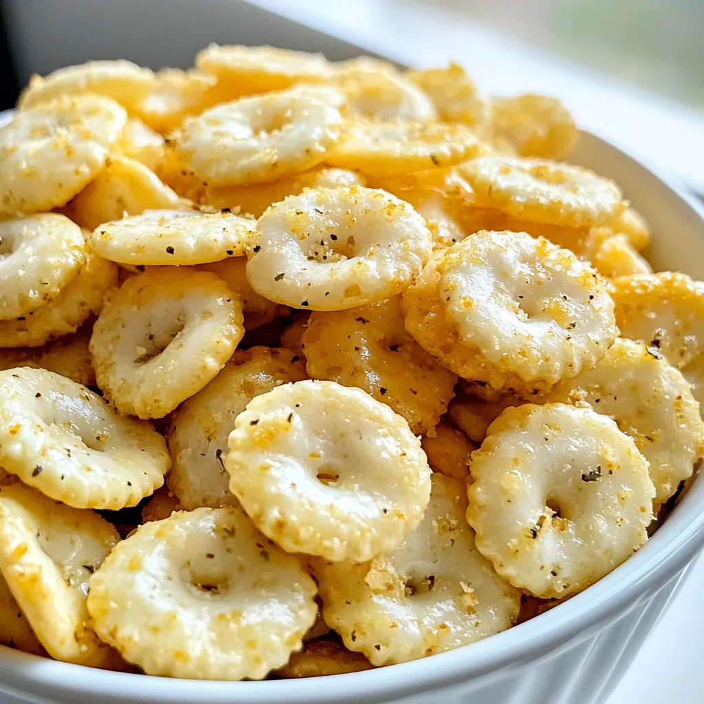 To make ranch seasoned oyster crackers, you need these simple items: - 1 (12 oz) package oyster crackers - 1/4 cup vegetable oil - 1 packet ranch dressing mix (about 1 oz) - 1 teaspoon garlic powder - 1/2 teaspoon onion powder - 1/2 teaspoon dried dill - 1/4 teaspoon cayenne pepper (optional) - 1/4 teaspoon black pepper These ingredients blend together to create a tasty snack. You can change the flavor of your crackers by adding some fun extras. Here are a few ideas: - 1/4 teaspoon paprika for a smoky taste - 1 tablespoon grated Parmesan cheese for a cheesy twist - 1/2 teaspoon lemon zest for a fresh kick Feel free to mix and match these options based on what you like. If you don't have certain ingredients, don’t worry! Here are some swaps you can try: - Use olive oil instead of vegetable oil for a richer flavor. - If you lack ranch dressing mix, try a homemade blend of herbs, like parsley and dill. - Substitute garlic powder with fresh minced garlic for a stronger flavor. These substitutions help you create delicious ranch seasoned oyster crackers no matter what you have on hand. {{ingredient_image_1}} First, you need to gather your ingredients. You will need: - 1 (12 oz) package oyster crackers - 1/4 cup vegetable oil - 1 packet ranch dressing mix (about 1 oz) - 1 teaspoon garlic powder - 1/2 teaspoon onion powder - 1/2 teaspoon dried dill - 1/4 teaspoon cayenne pepper (optional) - 1/4 teaspoon black pepper Next, preheat your oven to 350°F (175°C). This step is key for even cooking. In a large mixing bowl, mix the vegetable oil, ranch dressing mix, garlic powder, onion powder, dried dill, cayenne pepper, and black pepper. Whisk these together until smooth. You want all the spices to blend well. Now, it's time to add the oyster crackers. Pour them into the bowl and gently toss them. Make sure each cracker gets coated in that tasty seasoning mix. Spread the seasoned oyster crackers in a single layer on a large baking sheet. I like to use parchment paper for easy cleanup. Bake in the oven for about 10-12 minutes. Stir the crackers halfway through. This helps them cook evenly. You will know they are ready when they turn golden and smell amazing. After baking, remove the sheet from the oven. Let the crackers cool on the baking sheet for a few minutes. This helps them crisp up more. Once cool, transfer them to a serving bowl. For the best results, make sure to coat each cracker evenly with the oil and spices. If you like more heat, add a bit more cayenne pepper. You can also try different spices for a unique flavor. Keep an eye on the baking time. Every oven is different! Stirring halfway through ensures no cracker gets left behind. Trust me, these little snacks will be a hit at your next gathering! To keep your ranch seasoned oyster crackers fresh, store them in an airtight container. They will stay crunchy and tasty this way. Avoid exposing them to moisture. I suggest using a glass jar or a plastic container with a tight lid. These crackers are perfect for snack time or parties. Serve them in a bowl for guests to enjoy. You can also use them as a topping on soups or salads for added crunch. They pair well with cheese dip or salsa, adding extra flavor. Want to boost the taste? Add some extra spices! Here are a few ideas: - Paprika: Adds a smoky flavor. - Cumin: Gives a warm, earthy taste. - Parmesan cheese: Adds a rich, savory touch. Mix these in with your seasoning before baking. You’ll love the new flavors! Pro Tips Even Coating: Make sure to toss the oyster crackers thoroughly in the seasoning mixture to ensure each cracker is evenly coated for maximum flavor. Watch the Time: Keep an eye on the crackers while baking, as oven temperatures can vary. Bake until they are golden brown and fragrant. Spice It Up: Feel free to adjust the cayenne pepper according to your spice preference. You can also add other spices like paprika or chili powder for a different flavor profile. Storage Tips: Store any leftover crackers in an airtight container to keep them crunchy. They can last for up to a week at room temperature. {{image_2}} You can change the flavor of your ranch seasoned oyster crackers easily. Try adding spices like smoked paprika for a smoky kick or lemon zest for a fresh, zesty taste. You could also use barbecue seasoning for a sweet and tangy flavor. For an Italian twist, mix in some Italian herbs like oregano and basil. Each variation adds a fun twist to your snack. You can make these crackers vegan by using a plant-based ranch seasoning mix. Check the label to ensure it’s dairy-free. If you're gluten-free, swap regular oyster crackers for gluten-free ones. There are many brands out there that fit this need. You can enjoy this snack without worrying about your diet. These oyster crackers taste great on their own, but they shine with dips. Try serving them with ranch dip or hummus for added flavor. You can also pair them with guacamole for a creamy contrast. If you like spicy food, a salsa or spicy cheese dip works well too. Each dip adds a new layer to your snack experience. Each serving of ranch seasoned oyster crackers contains about 150 calories. The crackers pack a mix of carbs and fats. The vegetable oil adds healthy fats, while the ranch mix gives flavor without too many extra calories. If you enjoy a little heat, adding cayenne pepper can boost the taste without adding significant calories. - Oyster Crackers: These tiny snacks are low in calories and provide some carbs for energy. - Vegetable Oil: This oil offers healthy fats, which can help with heart health. - Ranch Dressing Mix: It gives flavor and can have herbs that offer some nutrients. - Garlic Powder: Garlic can boost your immune system and add flavor. - Onion Powder: This spice may help lower blood sugar levels. - Dill: This herb can aid digestion and add a fresh taste. - Cayenne Pepper: It may help boost your metabolism and adds a spicy kick. - Black Pepper: This spice can improve digestion and enhance flavors. I recommend serving about 1 ounce, or roughly a small handful, for the best snack experience. This amount allows you to enjoy the flavor without overindulging. The recipe yields about eight servings, making it perfect for sharing at parties or family gatherings. Adjust the serving size based on your preference, but keep in mind that they are hard to resist! You can make ranch seasoned oyster crackers ahead of time. First, follow the recipe steps to mix and bake the crackers. Once they cool, store them in an airtight container. This keeps them fresh for about a week. You can also freeze them for up to three months. To serve, just let them thaw at room temperature. You can find great ranch seasoning at most grocery stores. Look in the spice aisle or the salad dressing section. Brands like Hidden Valley offer good options. You can also shop online for unique blends. Some specialty stores carry homemade or organic options, too. Yes, you can store leftover crackers. Place them in an airtight container. This helps keep them crunchy. Avoid storing them in the fridge, as that adds moisture. For the best taste, eat them within a week. If they start to get soft, you can bake them again for a few minutes to crisp them up. In this blog post, we explored how to make delicious ranch seasoned oyster crackers. We went through the key ingredients, the step-by-step process, and valuable tips for perfect baking. I shared storage advice to keep crackers fresh and serving suggestions to enhance flavor. We discussed different flavor variations and health benefits of these snacks, along with answers to common questions. Enjoy making these crackers; they can be a fun treat or a savory snack. Happy baking and snacking!