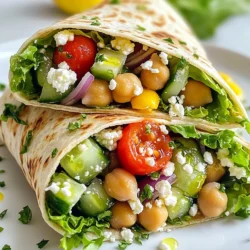 - 1 can (15 oz) chickpeas, drained and rinsed - 1 cup cherry tomatoes, halved - 1 cucumber, diced - ½ red onion, finely chopped - ½ bell pepper (any color), diced - ¼ cup Kalamata olives, pitted and chopped - ¼ cup feta cheese, crumbled - 3 tablespoons olive oil - 2 tablespoons lemon juice - 1 teaspoon dried oregano - Salt and pepper to taste - 4 large whole wheat tortillas or wraps - Lettuce leaves for layering This salad is colorful and fresh. Each ingredient adds a unique taste. Chickpeas are high in protein. They make this wrap filling and healthy. Cherry tomatoes bring sweetness and juiciness. Cucumbers add a nice crunch. Red onion gives a bit of sharpness. Bell pepper adds more color and flavor. Kalamata olives add a salty bite. Feta cheese brings creaminess. Olive oil and lemon juice make a bright dressing. Oregano adds a nice herbal note. For dietary needs, you can change some ingredients. Use black olives instead of Kalamata olives. You can skip the feta for a vegan wrap. If you want gluten-free, use corn tortillas. You can also add more veggies like carrots or spinach. This salad is flexible. Make it your own! {{ingredient_image_1}} To make your Mediterranean chickpea salad, first, gather your ingredients. Use one can of chickpeas. Drain and rinse them well. This step helps remove the salty brine. Next, chop your veggies. Cut the cherry tomatoes in half. Dice the cucumber into small pieces. Finely chop the red onion and bell pepper. For a touch of briny flavor, chop the Kalamata olives. Crumble the feta cheese into small bits. In a large mixing bowl, combine all the veggies and chickpeas. Mix them gently so you don’t mash the chickpeas. Now, it’s time to make the dressing. In a small bowl, whisk together three tablespoons of olive oil, two tablespoons of lemon juice, and one teaspoon of dried oregano. Add salt and pepper to taste. Pour this dressing over your salad mixture. Toss gently to coat everything evenly. Now, prepare your tortillas. Lay out four large whole wheat tortillas on a clean surface. Place lettuce leaves on each tortilla to give a fresh crunch. Spoon a generous amount of the chickpea salad in the center of each tortilla. Leave space at the edges for folding. To wrap, fold the sides of the tortilla over the filling. Then, roll the bottom up tightly. Make sure the filling stays inside. Repeat this process until you use all the filling. Your wraps are now ready! You can serve them right away. If you want to take them on the go, wrap them in foil or parchment paper. Enjoy your fresh and tasty Mediterranean chickpea salad wraps! To make your Mediterranean chickpea salad wraps shine, focus on flavor. You can enhance taste with fresh herbs like parsley or dill. Adding a pinch of garlic powder can also bring out more flavor. For texture, try adding crunchy veggies like radishes or snap peas. These add a nice crunch to each bite. You can also switch up the cheese. Try goat cheese for a tangy twist. To keep the wrap from getting soggy, use fresh, crisp lettuce leaves. Place the leaves first before adding the salad. This creates a barrier that keeps moisture in check. Another trick is to serve the wraps right away. If you need to prep them in advance, keep the salad and tortillas separate. Wrap them tightly in foil or parchment paper to maintain freshness. Pro Tips Storage Tip: To keep your wraps fresh, store the chickpea salad and tortillas separately until you're ready to serve. Customizable Ingredients: Feel free to add or substitute ingredients such as spinach, arugula, or grilled vegetables for extra flavor and nutrition. Serving Suggestion: Pair your wraps with a side of tzatziki or hummus for a delicious dip that complements the Mediterranean flavors. Meal Prep Tip: This salad can be made in advance and stored in the refrigerator for up to 3 days, making it perfect for meal prep. {{image_2}} You can change the flavors in your Mediterranean chickpea salad wraps easily. Try using different veggies like spinach, carrots, or bell pepper. Each adds a unique taste and color. Add proteins like grilled chicken, shrimp, or tofu to make it heartier. To make it vegan, skip the feta cheese or use a plant-based option. You can also replace chicken with chickpeas for a simple vegan twist. If you want a gluten-free wrap, use lettuce leaves instead of tortillas. This keeps it fresh and light. For added crunch, add nuts like walnuts or sunflower seeds. They give a nice texture and flavor. Mix in herbs like parsley or dill for a fresh touch. The options are endless, so feel free to get creative! To keep your Mediterranean chickpea salad wraps fresh, store them in the fridge. Here are the best practices: - Refrigeration: Place the wraps in an airtight container. This helps prevent them from drying out. They stay tasty for up to three days. - Reheating: If you want to warm them, unwrap and heat in a skillet. Use low heat to avoid making them soggy. You can also microwave them for a short time. Just be careful not to overheat. For storage containers, I suggest using glass or BPA-free plastic. These containers are safe and seal well. If you want to keep the filling and wraps separate, use smaller containers. This keeps your wraps crisp and fresh. How long do homemade wraps last in the fridge? Homemade wraps stay fresh in the fridge for about 3 days. Store them in an airtight container. This keeps the flavors in and the wraps soft. Can I make these wraps ahead of time? Yes, you can make these wraps ahead of time. Prepare the salad and wraps, but do not fold them yet. Keep the salad and tortillas separate. This way, the wraps won't get soggy. What other dressings can I use for the salad? You can try different dressings for your salad. A yogurt dressing adds creaminess. Balsamic vinaigrette gives a sweet touch. A simple lemon and olive oil mix works well too. Experiment to find your favorite! In this article, I covered how to make Mediterranean chickpea salad wraps. You learned about ingredients, preparation steps, and helpful tips. The article also shared variations for dietary needs and best storage practices. A good wrap is more than just filling; it’s about flavor and texture. Enjoy experimenting with different veggies and dressings. Whether you're a beginner or a seasoned cook, these wraps can fit your taste. Now you can create delicious, healthy meals at home. Get started and make your own wraps today!