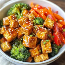 - 1 block (14 oz) firm tofu, pressed and cubed - 2 cups mixed bell peppers, sliced (red, yellow, and green) - 1 cup broccoli florets - 1 carrot, julienned - 3 cloves garlic, minced - 1 teaspoon grated ginger The main ingredients in this dish create a colorful and tasty mix. Firm tofu brings protein and holds flavors well. The mixed bell peppers add sweetness and crunch. Broccoli adds a nice green touch and nutrients. Carrots lend a sweet bite. Garlic and ginger add depth and warmth to the dish. - 1/4 cup honey - 1/4 cup low-sodium soy sauce - 1 tablespoon sesame oil The sauces and seasonings transform this dish into something special. Honey provides a sweet glaze that balances the savory notes. Low-sodium soy sauce adds umami without too much salt. Sesame oil gives a nutty flavor, enhancing the overall taste. - Sesame seeds, for garnish - Chopped green onions, for garnish The garnishes make your dish look pretty and tasty. Sesame seeds add a slight crunch and nutty taste. Chopped green onions add freshness and a pop of color. These small touches elevate the meal and make it restaurant-worthy. Enjoy your cooking adventure! {{ingredient_image_1}} To start, you need to press the tofu. Place a block of firm tofu on a plate. Cover it with another plate and put something heavy on top. Let it sit for at least 30 minutes. This step removes excess moisture. After pressing, cut the tofu into 1-inch cubes. Next, coat the tofu cubes with cornstarch. Place the cubes in a bowl and sprinkle the cornstarch over them. Toss gently until every piece is evenly coated. This coating helps create a crispy texture when frying. Now, it’s time to fry the tofu. Heat vegetable oil in a large skillet or wok over medium-high heat. Add the coated tofu cubes to the skillet. Fry them for about 5-7 minutes. Turn them occasionally until they turn golden and crispy on all sides. Once done, remove the tofu and set it aside on a plate. Next, stir-fry the vegetables. In the same skillet, add a bit more oil if needed. Toss in the mixed bell peppers, broccoli, and julienned carrot. Stir-fry for about 4-5 minutes. You want the veggies to be tender-crisp, not mushy. Then, push the vegetables to the side of the skillet. Add the minced garlic and grated ginger to the center. Sauté for about 1 minute until fragrant, stirring to avoid burning. Now, it's time to combine everything. Return the crispy tofu to the pan with the vegetables. Drizzle the honey, soy sauce, and sesame oil over the mix. Stir everything together well. Make sure each piece is coated in sauce. Cook for an additional 2-3 minutes until heated through. Taste and adjust seasoning if needed before removing from heat. Tofu can be tricky. Pressing it is key. This step removes water and helps the tofu fry better. Press the tofu for at least 30 minutes. You can use a heavy object, like a skillet. For crispy tofu, coat the cubes in cornstarch. This creates a nice outer layer when fried. Heat your pan well before adding tofu. Fry it until golden brown and crispy on all sides. Sweetness and saltiness matter in this dish. You can adjust the honey and soy sauce to fit your taste. If you like it sweeter, add more honey. For saltiness, use low-sodium soy sauce. You can also try adding spices. Crushed red pepper flakes give heat. A splash of rice vinegar adds tang. These simple tweaks will elevate your dish. Serving is part of the fun! Use a large bowl or platter for an appealing look. Garnish with sesame seeds and chopped green onions. This adds color and texture. Pair your stir fry with steamed rice or quinoa. Both are great at soaking up the sauce. This makes a complete meal that’s both tasty and beautiful. Pro Tips Press Tofu Thoroughly: Ensure the tofu is pressed for at least 30 minutes to remove excess moisture; this helps achieve a crispy texture when frying. Use High Heat: Cooking the tofu and vegetables over medium-high heat allows for a quick stir-fry, preserving the crunchiness of the veggies. Adjust Sweetness: Feel free to adjust the amount of honey in the sauce according to your taste preference for sweetness. Garnish for Flavor: Don't skip on the sesame seeds and green onions as they add a fresh flavor and a beautiful presentation to the dish. {{image_2}} You can swap tofu with tempeh. Tempeh has a nutty taste and firm texture. It works well with the honey garlic sauce. You can also use chicken or shrimp for a meatier option. Each protein adds its own flavor and texture to the dish. Feel free to mix in other veggies. Zucchini, snap peas, or mushrooms are great choices. They all cook quickly and add color. You can use seasonal vegetables too. In spring, asparagus or peas shine. In winter, root veggies like carrots and parsnips work well. To keep it vegan, check all ingredients. Use agave nectar or maple syrup instead of honey. These options give sweetness without animal products. Always confirm that your soy sauce is vegan too. This way, you can enjoy the dish while sticking to a plant-based diet. To store leftover stir fry, let it cool first. Place it in an airtight container. It will stay fresh for up to four days. When reheating, use a skillet for best results. Heat on medium until warmed through. You can also use a microwave. Just cover the dish and heat in short bursts. Yes, you can freeze honey garlic tofu stir fry! To do this, let it cool down completely. Place it in a freezer-safe container. Be sure to leave space for expansion. It can last up to three months in the freezer. When ready to eat, thaw it in the fridge overnight. Reheat in a skillet or microwave. This keeps the flavors intact and the tofu crispy. Yes, you can make this recipe gluten-free. To do this, you need to substitute the soy sauce. Use tamari, a gluten-free soy sauce, instead. It has a similar taste and works well in this dish. Always check labels to ensure no gluten is present in your ingredients. To add some heat to your stir fry, consider these options: - Add sliced jalapeños or serrano peppers for freshness. - Use red pepper flakes for a quick spice boost. - Incorporate sriracha or chili paste in the sauce. Start with a small amount and adjust to your taste. This honey garlic tofu stir fry pairs nicely with: - Steamed jasmine rice for a classic choice. - Quinoa for a protein-packed alternative. - A fresh salad to add a crunchy texture. These sides help balance the flavors and make your meal complete. This stir fry with tofu and colorful veggies offers a tasty and healthy meal. We explored key ingredients, including firm tofu, fresh vegetables, and savory sauces. I shared step-by-step instructions, tips for the perfect texture, and tasty variations to try. In closing, this dish is fun to make and easy to adapt. Try different proteins or veggies to match your taste. Store leftovers properly, and enjoy your meal later. Happy cooking and enjoy your delicious creation!