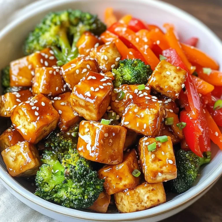 - 1 block (14 oz) firm tofu, pressed and cubed - 2 cups mixed bell peppers, sliced (red, yellow, and green) - 1 cup broccoli florets - 1 carrot, julienned - 3 cloves garlic, minced - 1 teaspoon grated ginger The main ingredients in this dish create a colorful and tasty mix. Firm tofu brings protein and holds flavors well. The mixed bell peppers add sweetness and crunch. Broccoli adds a nice green touch and nutrients. Carrots lend a sweet bite. Garlic and ginger add depth and warmth to the dish. - 1/4 cup honey - 1/4 cup low-sodium soy sauce - 1 tablespoon sesame oil The sauces and seasonings transform this dish into something special. Honey provides a sweet glaze that balances the savory notes. Low-sodium soy sauce adds umami without too much salt. Sesame oil gives a nutty flavor, enhancing the overall taste. - Sesame seeds, for garnish - Chopped green onions, for garnish The garnishes make your dish look pretty and tasty. Sesame seeds add a slight crunch and nutty taste. Chopped green onions add freshness and a pop of color. These small touches elevate the meal and make it restaurant-worthy. Enjoy your cooking adventure! {{ingredient_image_1}} To start, you need to press the tofu. Place a block of firm tofu on a plate. Cover it with another plate and put something heavy on top. Let it sit for at least 30 minutes. This step removes excess moisture. After pressing, cut the tofu into 1-inch cubes. Next, coat the tofu cubes with cornstarch. Place the cubes in a bowl and sprinkle the cornstarch over them. Toss gently until every piece is evenly coated. This coating helps create a crispy texture when frying. Now, it’s time to fry the tofu. Heat vegetable oil in a large skillet or wok over medium-high heat. Add the coated tofu cubes to the skillet. Fry them for about 5-7 minutes. Turn them occasionally until they turn golden and crispy on all sides. Once done, remove the tofu and set it aside on a plate. Next, stir-fry the vegetables. In the same skillet, add a bit more oil if needed. Toss in the mixed bell peppers, broccoli, and julienned carrot. Stir-fry for about 4-5 minutes. You want the veggies to be tender-crisp, not mushy. Then, push the vegetables to the side of the skillet. Add the minced garlic and grated ginger to the center. Sauté for about 1 minute until fragrant, stirring to avoid burning. Now, it's time to combine everything. Return the crispy tofu to the pan with the vegetables. Drizzle the honey, soy sauce, and sesame oil over the mix. Stir everything together well. Make sure each piece is coated in sauce. Cook for an additional 2-3 minutes until heated through. Taste and adjust seasoning if needed before removing from heat. Tofu can be tricky. Pressing it is key. This step removes water and helps the tofu fry better. Press the tofu for at least 30 minutes. You can use a heavy object, like a skillet. For crispy tofu, coat the cubes in cornstarch. This creates a nice outer layer when fried. Heat your pan well before adding tofu. Fry it until golden brown and crispy on all sides. Sweetness and saltiness matter in this dish. You can adjust the honey and soy sauce to fit your taste. If you like it sweeter, add more honey. For saltiness, use low-sodium soy sauce. You can also try adding spices. Crushed red pepper flakes give heat. A splash of rice vinegar adds tang. These simple tweaks will elevate your dish. Serving is part of the fun! Use a large bowl or platter for an appealing look. Garnish with sesame seeds and chopped green onions. This adds color and texture. Pair your stir fry with steamed rice or quinoa. Both are great at soaking up the sauce. This makes a complete meal that’s both tasty and beautiful. Pro Tips Press Tofu Thoroughly: Ensure the tofu is pressed for at least 30 minutes to remove excess moisture; this helps achieve a crispy texture when frying. Use High Heat: Cooking the tofu and vegetables over medium-high heat allows for a quick stir-fry, preserving the crunchiness of the veggies. Adjust Sweetness: Feel free to adjust the amount of honey in the sauce according to your taste preference for sweetness. Garnish for Flavor: Don't skip on the sesame seeds and green onions as they add a fresh flavor and a beautiful presentation to the dish. {{image_2}} You can swap tofu with tempeh. Tempeh has a nutty taste and firm texture. It works well with the honey garlic sauce. You can also use chicken or shrimp for a meatier option. Each protein adds its own flavor and texture to the dish. Feel free to mix in other veggies. Zucchini, snap peas, or mushrooms are great choices. They all cook quickly and add color. You can use seasonal vegetables too. In spring, asparagus or peas shine. In winter, root veggies like carrots and parsnips work well. To keep it vegan, check all ingredients. Use agave nectar or maple syrup instead of honey. These options give sweetness without animal products. Always confirm that your soy sauce is vegan too. This way, you can enjoy the dish while sticking to a plant-based diet. To store leftover stir fry, let it cool first. Place it in an airtight container. It will stay fresh for up to four days. When reheating, use a skillet for best results. Heat on medium until warmed through. You can also use a microwave. Just cover the dish and heat in short bursts. Yes, you can freeze honey garlic tofu stir fry! To do this, let it cool down completely. Place it in a freezer-safe container. Be sure to leave space for expansion. It can last up to three months in the freezer. When ready to eat, thaw it in the fridge overnight. Reheat in a skillet or microwave. This keeps the flavors intact and the tofu crispy. Yes, you can make this recipe gluten-free. To do this, you need to substitute the soy sauce. Use tamari, a gluten-free soy sauce, instead. It has a similar taste and works well in this dish. Always check labels to ensure no gluten is present in your ingredients. To add some heat to your stir fry, consider these options: - Add sliced jalapeños or serrano peppers for freshness. - Use red pepper flakes for a quick spice boost. - Incorporate sriracha or chili paste in the sauce. Start with a small amount and adjust to your taste. This honey garlic tofu stir fry pairs nicely with: - Steamed jasmine rice for a classic choice. - Quinoa for a protein-packed alternative. - A fresh salad to add a crunchy texture. These sides help balance the flavors and make your meal complete. This stir fry with tofu and colorful veggies offers a tasty and healthy meal. We explored key ingredients, including firm tofu, fresh vegetables, and savory sauces. I shared step-by-step instructions, tips for the perfect texture, and tasty variations to try. In closing, this dish is fun to make and easy to adapt. Try different proteins or veggies to match your taste. Store leftovers properly, and enjoy your meal later. Happy cooking and enjoy your delicious creation!