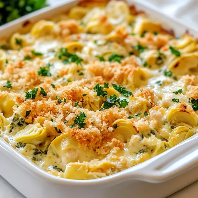 To make Spinach Artichoke Chicken Casserole, you will need the following ingredients: - 2 cups cooked chicken, shredded - 1 can (14 oz) artichoke hearts, drained and chopped - 2 cups fresh spinach, chopped - 1 cup cream cheese, softened - 1 cup sour cream or Greek yogurt - 1 cup shredded mozzarella cheese - 1/2 cup grated Parmesan cheese - 1 teaspoon garlic powder - 1 teaspoon onion powder - Salt and pepper to taste - 1/2 teaspoon red pepper flakes (optional, for a kick) - 1 cup breadcrumbs (for topping) - 2 tablespoons olive oil Using fresh ingredients makes a big difference in taste and texture. Fresh spinach adds a bright color and flavor. Fresh artichokes can bring a unique depth, too. Cream cheese and sour cream should be smooth and creamy. They help bind the dish together. Fresh ingredients also boost nutrition. They keep the casserole light and enjoyable. When you use fresh items, your dish shines with flavor. You can swap some ingredients if needed. For the chicken, use rotisserie or leftover turkey. If you want a lighter option, replace sour cream with Greek yogurt. You can also use ricotta cheese for a different texture. For those who prefer no meat, skip the chicken entirely. Add more veggies, like mushrooms or bell peppers, instead. Lastly, if you don’t have breadcrumbs, crushed crackers work well for a crunchy topping. {{ingredient_image_1}} Start by preheating your oven to 350°F (175°C). This step helps the casserole cook evenly. A hot oven ensures a golden-brown top. In a large bowl, mix 2 cups of shredded chicken, 1 can of chopped artichoke hearts, and 2 cups of chopped spinach. Make sure the spinach is fresh for the best taste. You want everything well combined. This mix is the heart of your casserole. In a separate bowl, blend 1 cup of softened cream cheese, 1 cup of sour cream or Greek yogurt, and 1 cup of shredded mozzarella. Add 1/2 cup of grated Parmesan cheese, 1 teaspoon of garlic powder, and 1 teaspoon of onion powder. Don’t forget salt, pepper, and optional red pepper flakes for heat. Mix until smooth. This creamy blend will give your casserole a rich flavor. Carefully fold the cheese mixture into the chicken and vegetable mix. Make sure every piece gets coated. Then, transfer everything into a greased 9x13 inch casserole dish. This size helps the casserole cook evenly and makes serving easy. Sprinkle 1 cup of breadcrumbs mixed with 2 tablespoons of olive oil over the top. This adds a nice crunch. Bake in your preheated oven for 30-35 minutes. Look for a golden brown top and bubbling edges. This means your casserole is ready. Let it cool for a few minutes before serving. Enjoy your tasty comfort dish! To get the best texture in your casserole, start with cooked chicken. Shredding it keeps the meat tender. Next, choose fresh spinach. It adds a bright taste and a nice crunch. When mixing the cheeses, ensure they blend well. This makes the filling creamy and smooth. Use breadcrumbs mixed with olive oil on top. This gives a crispy finish. Bake until the top turns golden brown. This step creates a great contrast with the soft filling. One common mistake is overcooking the casserole. Keep an eye on the time. When the top is golden, it’s done. Another mistake is not seasoning enough. Taste your mixture before baking. Adjust salt, pepper, and spices to your liking. Do not skip the breadcrumbs. They add crunch that balances the creamy filling. To boost flavors, try adding herbs like thyme or basil. They pair well with spinach and artichokes. If you like a bit of heat, add more red pepper flakes. You can also mix in sun-dried tomatoes for a tangy kick. For a richer taste, use aged Parmesan cheese. Experiment with different cheeses, too. Goat cheese or cheddar can change the flavor profile in a fun way. Each small change makes the dish more exciting! Pro Tips Use Rotisserie Chicken: For a quicker option, use store-bought rotisserie chicken. It saves time and adds a delicious flavor. Experiment with Cheeses: Try adding different types of cheese such as cheddar or gouda for a unique twist on flavor. Make it Ahead: Prepare the casserole a day in advance and refrigerate it. Just pop it in the oven when you're ready to bake. Customize Your Greens: Feel free to add other vegetables like kale or broccoli to boost the nutritional value of the dish. {{image_2}} If you want a vegetarian dish, you can easily make this casserole meat-free. Simply skip the chicken. Use the same amount of artichoke hearts and spinach. Add more cream cheese and yogurt to keep it creamy. This dish becomes rich and satisfying without the chicken. You can also add mushrooms or bell peppers for extra flavor. Want to pack in more veggies? Try adding some diced zucchini or yellow squash. You can also toss in some chopped bell peppers or carrots. These will add color and nutrition to your casserole. Just remember to chop them small to cook evenly. Mix them with the chicken and artichokes for a tasty twist. If you need to change the protein, several options work well. You can use cooked quinoa or lentils for a plant-based choice. They add protein and fiber to your meal. For a heartier option, shredded turkey or even tofu works great. Just make sure you season well to keep the flavors bold. After enjoying your Spinach Artichoke Chicken Casserole, store any leftovers in an airtight container. Let the dish cool to room temperature first. This helps keep the flavors fresh. You can keep it in the fridge for up to three days. If you want to store it longer, consider freezing. When you are ready to enjoy leftovers, preheat your oven to 350°F (175°C). Place the casserole in an oven-safe dish. Cover it with foil to keep it moist. Heat for about 20-25 minutes or until hot. You can also microwave individual portions for faster reheating. Just make sure to cover them to prevent drying out. To freeze your casserole, first cool it completely. Then, pack it in a freezer-safe container. You can also wrap it tightly with plastic wrap. It will stay good for up to three months in the freezer. When you are ready to eat, thaw it in the fridge overnight. Then, reheat as mentioned above. This way, you can enjoy your tasty comfort dish any time! Yes, you can use frozen spinach. Just make sure you thaw and drain it well. Frozen spinach has a similar taste and works great in this dish. It saves time and adds nutrition. The casserole is done when it is hot throughout and the top is golden brown. You can check the center with a knife or fork. If it feels hot and the cheese is bubbly, it’s ready to serve. Absolutely! You can prepare the casserole a day before. Just follow all the steps and cover it well. Store it in the fridge. When you're ready, bake it as directed. You may need to add a few extra minutes to the cooking time. This article covered everything you need for a great Spinach Artichoke Chicken Casserole. We explored the key ingredients, including their freshness and possible swaps. I provided step-by-step cooking instructions and tips to perfect the texture. Remember, you can customize this dish for different tastes and dietary needs. Proper storage and reheating will keep your leftovers tasty. Now, it’s your turn to create this delicious meal and impress those around you. Enjoy experimenting with flavors and making the dish your own!