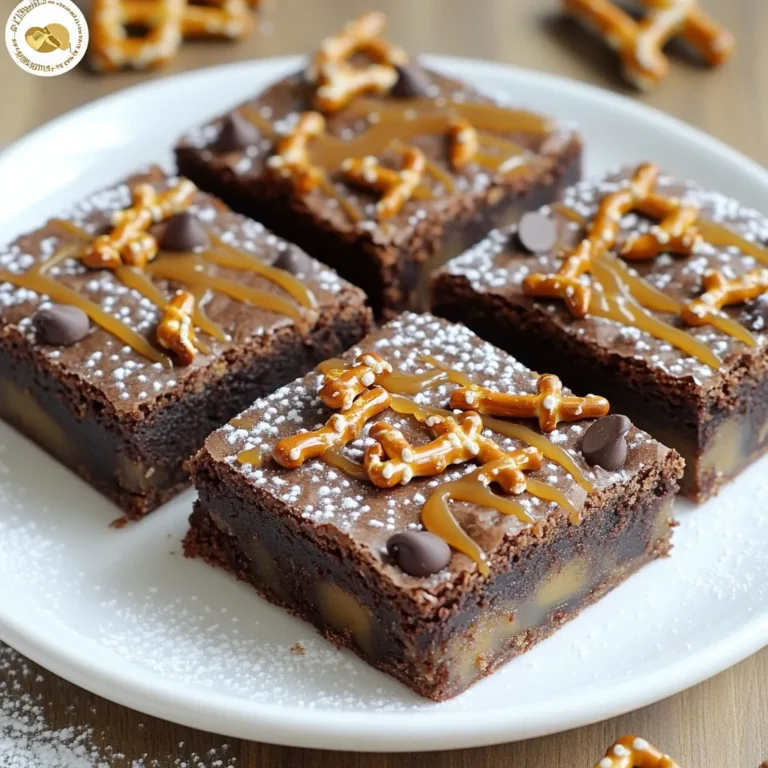 Here is what you need to make salted caramel pretzel brownies: - 1 cup unsalted butter (2 sticks) - 1 cup granulated sugar - 1 cup brown sugar, packed - 4 large eggs - 1 teaspoon vanilla extract - 1 cup all-purpose flour - 1 cup unsweetened cocoa powder - 1 teaspoon baking powder - 1/2 teaspoon salt - 1 cup pretzel pieces (roughly chopped) - 1/2 cup chocolate chips (semi-sweet or dark) - 1 cup salted caramel sauce (store-bought or homemade) These ingredients come together to form a rich, sweet, and salty treat. The balance of flavors makes these brownies a standout. The salty pretzels add the perfect crunch. Plus, the gooey caramel ties it all together. Each bite is a delightful mix of texture and taste. You can easily find these items at your local store. If you want, you can even make your own caramel sauce. This will add a personal touch to your brownies. Start by preheating your oven to 350°F (175°C). This step warms the oven so your brownies bake evenly. In a medium saucepan, melt 1 cup of unsalted butter over low heat. Once it's melted, take it off the heat. Let it cool for a minute. In a large bowl, mix 1 cup of granulated sugar and 1 cup of brown sugar with the melted butter. Stir until it's smooth. Next, add 4 large eggs, one at a time. Mix well after each egg. Then, add 1 teaspoon of vanilla extract. In another bowl, whisk together 1 cup of all-purpose flour, 1 cup of unsweetened cocoa powder, 1 teaspoon of baking powder, and 1/2 teaspoon of salt. Make sure all the dry ingredients are blended well. Gradually add the dry mix to the wet mix. Stir gently until just combined. Be careful not to overmix, as this can make the brownies tough. Fold in 1 cup of roughly chopped pretzel pieces and 1/2 cup of chocolate chips. This adds a nice crunch and flavor. Pour half of the brownie batter into your greased 9x13 inch pan. Spread it out evenly. Drizzle half of the 1 cup of salted caramel sauce over this layer. Pour the rest of the batter on top and spread it. Finally, drizzle the remaining caramel sauce on top. Bake the brownies in your preheated oven for 25-30 minutes. Check for doneness by inserting a toothpick in the center. It should come out with a few moist crumbs, not wet batter. Once baked, take the brownies out of the oven. Let them cool in the pan for about 15 minutes. If you used parchment paper, lift them out. Cut them into squares and enjoy! - Avoiding overmixing: When you mix the batter, stop as soon as you see no dry flour. Overmixing can make brownies tough. - Tips for fudgy brownies: Use more butter and less flour. This keeps them moist. You can also add an extra egg for richness. - Presentation ideas: Serve brownies on a nice plate. Dust them with powdered sugar for a fancy look. - Pairing with ice cream or toppings: A scoop of vanilla ice cream on top adds a creamy touch. You can also drizzle extra salted caramel on each piece for more flavor. - Storing brownies for freshness: Keep brownies in an airtight container at room temperature. This helps keep them soft. - Reheating instructions: To reheat, warm them in the microwave for 10-15 seconds. This makes them gooey and delicious again. {{image_2}} You can switch up your pretzel game. Try using flavored pretzels like chocolate or cheese. They add a fun twist. You can also choose gluten-free pretzels if needed. If you want a change, consider using other crunchy snacks. Crushed potato chips or popcorn give a nice salty bite. Each adds its own unique flavor to the brownies. You have options for the caramel, too. Homemade salted caramel brings a fresh taste. It allows you to control the saltiness and sweetness. Making your own can be fun and rewarding. Store-bought salted caramel is easy and quick. It saves time if you are in a hurry. Whichever you choose, the brownies will taste amazing. Nuts can add a nice crunch. Chopped pecans or walnuts work well. You can also try adding toffee bits for extra sweetness. Or mix in some mini marshmallows for a gooey texture. These mix-ins give your brownies a unique twist. Feel free to get creative with what you like. Just remember, balance is key for the best taste. To keep your salted caramel pretzel brownies fresh, store them in an airtight container. You can leave them at room temperature for up to three days. The flavors meld better this way. If you want them to last longer, put them in the fridge. Just remember, cold brownies can be a bit firmer. Let them sit out for a few minutes before serving. You can freeze these brownies for later enjoyment. First, let them cool completely. Then, cut them into squares. Wrap each piece in plastic wrap. Place the wrapped brownies in a freezer bag or container. They will stay fresh for about three months. To enjoy, simply thaw them in the fridge overnight or at room temperature for a few hours. Yes, you can use any chocolate you like. Dark chocolate adds a rich taste. Milk chocolate will make the brownies sweeter. I often use semi-sweet chocolate chips. They balance well with the saltiness of the pretzels. If you need an egg substitute, try using applesauce. Use 1/4 cup of applesauce for each egg. You can also use mashed bananas or flaxseed. Mix 1 tablespoon of flaxseed with 3 tablespoons of water for one egg. To check if the brownies are done, insert a toothpick in the center. If it comes out with a few moist crumbs, they are ready. You don’t want it to come out wet. Let them cool in the pan before cutting. Yes, you can! Just swap the all-purpose flour for a gluten-free flour blend. Make sure the blend has a good mix of starches and proteins. This will help the brownies hold together well. To make salted caramel sauce, you'll need sugar, butter, cream, and salt. Start by melting sugar in a pan over medium heat. Stir it until it turns amber. Add butter and stir until melted. Slowly mix in cream, then add salt to taste. Let it cool before using. These brownies are packed with flavor and fun twists. You mix butter, sugars, and eggs, then add dry ingredients. The pretzels and chocolate chips give a crunch, while the caramel adds sweetness. Remember, perfect brownies need attention. Avoid overmixing and check baking time. Enjoy serving them warm with ice cream or topping of your choice. Store them right for lasting goodness. These tips ensure you create a treat everyone will love.