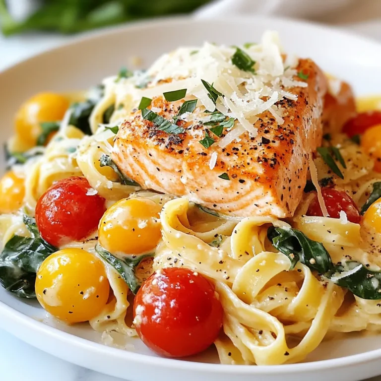 - 8 oz fettuccine pasta - 2 salmon fillets (6 oz each) - 2 tablespoons Cajun seasoning - 2 tablespoons olive oil - 1 small onion, finely chopped - 3 cloves garlic, minced - 1 cup heavy cream - 1 cup cherry tomatoes, halved - 1 cup spinach leaves - Salt and pepper to taste - Grated Parmesan cheese for serving - Fresh parsley, chopped for garnish Using fresh ingredients makes a big difference in this dish. Fresh salmon gives you rich flavor. Fresh veggies, like tomatoes and spinach, add color and crunch. Fresh herbs, like parsley, give a nice finish. They all work together to create a tasty meal. Each bite should burst with flavor. Don’t skip on quality; it matters. If you have dietary needs, you can still enjoy this dish. For a gluten-free option, swap the fettuccine for gluten-free pasta. If you’re vegan, use tofu or chickpeas instead of salmon. Replace the heavy cream with coconut cream for a dairy-free version. Use nutritional yeast for a cheesy flavor. These swaps keep the dish delicious and enjoyable for everyone. {{ingredient_image_1}} 1. Start by boiling water in a large pot. Add salt to the water. This helps flavor the pasta. 2. Cook the fettuccine pasta for 8-10 minutes. Look for the word "al dente" on the package. Drain it and leave it aside. 3. While the pasta cooks, prepare the salmon. Sprinkle Cajun seasoning on both sides of the fillets. Make sure they are coated well. 4. Heat olive oil in a large skillet over medium heat. Once hot, place the salmon fillets skin-side down. 5. Cook the salmon for 4-5 minutes on each side. It should flake easily with a fork when done. 6. Remove the salmon from the skillet and set it aside. - Use a non-stick skillet to prevent sticking. - Don’t overcrowd the skillet. Cook in batches if needed. - Check for doneness by using a fork to see if it flakes. - If you want crispier skin, cook a bit longer on the skin side. - Stir the pasta occasionally while it cooks to avoid clumping. - Test the pasta a minute before the package time ends. It should be firm yet tender. - Rinse the pasta with cold water if you're not using it right away. It stops cooking. - Toss the drained pasta with a little olive oil to keep it from sticking. This method ensures a rich and flavorful Creamy Cajun Salmon Pasta. Enjoy crafting this dish with confidence! To boost the flavor of your Creamy Cajun Salmon Pasta, consider these tips: - Use fresh salmon. Fresh fish gives a better taste than frozen. - Adjust the Cajun seasoning. If you love spice, add more seasoning for heat. - Add a splash of lemon juice. This brightens the dish and cuts the creaminess. - Try fresh herbs. Fresh basil or thyme adds depth to the sauce. Here are some pitfalls to watch out for: - Overcooking the salmon. Cook it until it flakes easily, about 4-5 minutes per side. - Not salting the pasta water. Salt enhances the pasta's flavor. - Skipping the resting time for the salmon. Let it rest to keep it moist before flaking. - Not letting the cream simmer. Simmering helps thicken the sauce for a creamy texture. To make your meal even better, try these pairings: - Serve with garlic bread. It’s perfect for soaking up extra sauce. - Pair with a crisp salad. A simple green salad balances the richness of the pasta. - Add a glass of white wine. A chilled Sauvignon Blanc complements the dish well. Pro Tips Fresh Salmon is Best: Opt for fresh salmon fillets for the best flavor and texture. Frozen salmon can work, but it may not have the same richness. Customize Your Spice Level: Adjust the amount of Cajun seasoning according to your spice preference. You can always start with less and add more as needed. Perfectly Cooked Pasta: Make sure to cook the pasta al dente so it holds up well when mixed with the sauce. It will continue to cook slightly once combined. Garnish for Freshness: Always add fresh herbs like parsley at the end to enhance the dish's flavor and presentation. {{image_2}} You can swap salmon for chicken or shrimp. Both options cook quickly and soak up flavor well. For a plant-based meal, try using firm tofu or chickpeas. Both add protein while keeping the dish creamy and rich. Fettuccine is great, but you can use penne, linguine, or even whole wheat pasta. Each type brings a unique shape, which can change the eating experience. Gluten-free pasta is also a great option if you follow that diet. If you like heat, add more Cajun seasoning or a pinch of cayenne pepper. For a milder dish, use less seasoning and maybe add a splash of lemon juice. This adds flavor without the heat. Always taste as you go to find your perfect balance. To store leftover Creamy Cajun Salmon Pasta, first let it cool down. Place it in an airtight container. Make sure to keep any extra sauce separate if possible. This helps the pasta stay fresh longer. You can store it in the fridge for up to 3 days. If you want it to last longer, consider freezing it. When it's time to eat your leftovers, reheat the pasta gently. Use a skillet over low heat. Add a splash of water or milk to help create steam. This keeps the sauce creamy and prevents it from drying out. Stir often to ensure even heating. You can also microwave it in a covered bowl. Just remember to check every 30 seconds to avoid hot spots. If you choose to freeze your Creamy Cajun Salmon Pasta, do so in an airtight container. It will stay fresh for up to 2 months in the freezer. When you are ready to enjoy it again, let it thaw in the fridge overnight. Reheat it as mentioned above. Keep in mind that the texture of the pasta may change a little after freezing, but it will still taste great! You can easily make this dish gluten-free by swapping the fettuccine pasta. Look for gluten-free pasta made from rice, corn, or lentils. Cook it just like regular pasta. The rest of the recipe stays the same. This makes the dish tasty and safe for those with gluten intolerance. Yes, you can use canned salmon if fresh salmon isn't available. Just drain the canned salmon and flake it gently. You can skip the seasoning step since canned salmon is often pre-cooked. Add it to the creamy sauce towards the end. This saves time and still gives you a delicious meal. Pair this pasta with a light salad or some garlic bread. A simple green salad with lemon vinaigrette balances the creamy dish. Garlic bread adds a crunchy texture that complements the pasta. You can also serve roasted vegetables for extra flavor and nutrition. Creamy Cajun Salmon Pasta offers a tasty meal packed with flavor. We covered key ingredients and their fresh importance. I shared easy cooking steps to help you perfect the dish. Expert tips also pointed out common mistakes to avoid. Plus, we explored tasty variations and how to store leftovers effectively. In the end, you can customize this pasta to fit your tastes and needs. Enjoy creating a delicious meal that impresses!