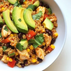 To make this Southwest Chicken Quinoa Skillet, gather these key ingredients: - 1 cup quinoa, rinsed - 2 cups chicken broth - 1 pound boneless, skinless chicken breast, diced - 1 tablespoon olive oil - 1 red bell pepper, chopped - 1 cup corn (fresh or frozen) - 1 can (15 oz) black beans, rinsed and drained - 1 teaspoon cumin - 1 teaspoon paprika - 1/2 teaspoon chili powder - 1/4 teaspoon cayenne pepper (optional) - Salt and pepper to taste - 1 avocado, sliced (for serving) - Fresh cilantro, chopped (for garnish) - Juice of 1 lime You can add these extras to enhance your dish: - Chopped jalapeños for heat - Lime zest for freshness - Diced tomatoes for moisture - Shredded cheese for creaminess Make sure you have these tools for a smooth cooking process: - Medium saucepan for quinoa - Large skillet for sautéing - Cutting board and knife for prep - Measuring cups and spoons for accuracy - Fork for fluffing quinoa {{ingredient_image_1}} Start by rinsing 1 cup of quinoa under cold water. This helps remove any bitterness. In a medium saucepan, add the rinsed quinoa and 2 cups of chicken broth. Bring this mix to a boil over medium-high heat. Once it boils, lower the heat, cover, and let it simmer for about 15 minutes. You will know it's done when the liquid is absorbed. Fluff the quinoa with a fork and set it aside. This step gives you a tasty base for your skillet. Next, grab a large skillet and heat 1 tablespoon of olive oil over medium heat. Add 1 pound of diced chicken breast. Season the chicken with salt, pepper, 1 teaspoon of cumin, 1 teaspoon of paprika, 1/2 teaspoon of chili powder, and, if you like some heat, 1/4 teaspoon of cayenne pepper. Cook the chicken for about 7 to 10 minutes. Look for a nice brown color and make sure it's cooked through. This step adds great flavor to your meal. Now it's time to add more flavor. Stir in 1 chopped red bell pepper and 1 cup of corn, either fresh or frozen. Cook these for about 3 to 4 minutes until the pepper gets tender. Then, add the cooked quinoa and 1 can of rinsed and drained black beans to the skillet. Gently stir everything together and heat for 2 to 3 minutes. This step creates a hearty, colorful dish. Finish by squeezing the juice of 1 lime over the top and sprinkle with fresh cilantro. Serve hot, garnished with avocado slices if you wish. Enjoy your one-pan meal! To get fluffy quinoa, rinse it first. This removes bitter saponins. Use a fine mesh strainer for best results. Combine one cup of rinsed quinoa with two cups of chicken broth. Bring it to a boil. Then, lower the heat and cover it. Let it simmer for about 15 minutes. Once done, fluff it gently with a fork. This step makes your quinoa light and airy. You can easily modify this dish for dietary needs. If you're vegetarian, swap the chicken for chickpeas or tofu. For a gluten-free option, ensure your broth is gluten-free. You can also use vegetable broth. If you want less spice, reduce the cayenne pepper. For extra flavor, try adding lime zest or different herbs. These simple swaps keep the meal tasty. Serve this dish warm for the best taste. Top with sliced avocado and fresh cilantro. A wedge of lime adds a nice touch too. You can pair it with a side salad for more crunch. It also goes well with tortilla chips for a fun twist. This dish is great for meal prep, making it easy to enjoy all week. Pro Tips Rinse Your Quinoa: Rinsing quinoa before cooking removes its natural coating, called saponin, which can taste bitter. This step ensures a more pleasant flavor in your dish. Cook Chicken Thoroughly: Ensure your chicken is cooked to an internal temperature of 165°F (75°C) for safety. Use a meat thermometer for accuracy. Customize Spice Levels: Adjust the amount of cayenne pepper according to your spice preference. Start with a small amount and increase gradually if you like it spicier. Garnish for Flavor: Fresh cilantro and lime juice not only add a burst of flavor but also enhance the visual appeal of your dish. Don't skip this finishing touch! {{image_2}} You can easily make a vegetarian version of this dish. Just skip the chicken. Instead, add more beans or veggies. Black beans are great, but you can also use chickpeas or kidney beans. For veggies, try zucchini, mushrooms, or spinach. These options keep the meal hearty and tasty. Plus, they add more color to your dish! The key to flavor is in the spices. If you like it spicy, add more cayenne pepper or chili powder. You can also try jalapeños for extra heat. If you prefer it mild, just stick to cumin and paprika. Play around with spices to find what you love. Always taste as you go. That way, you can adjust the heat to your liking. This dish is naturally gluten-free, thanks to quinoa. Just make sure your broth is gluten-free too. Check the label on the chicken broth to be safe. If you want more crunch, add gluten-free tortilla chips on top. They make a great garnish and add texture. Enjoy this meal without worrying about gluten! After you enjoy your Southwest Chicken Quinoa Skillet, store any leftovers. Use an airtight container. Make sure to cool the dish to room temperature first. This keeps the flavors fresh and prevents spoilage. You can keep it in the fridge for up to three days. When you’re ready to eat the leftovers, reheat them well. You can use a microwave or a skillet. If using a microwave, heat in 30-second intervals. Stir between heats to warm evenly. If using a skillet, add a splash of broth to prevent sticking. Heat over low to medium heat until it’s hot. You can also freeze this dish for easy meals later. Divide it into portions before freezing. Use freezer-safe containers or bags. Make sure to remove as much air as possible. This helps prevent freezer burn. It can last up to three months in the freezer. When ready to eat, thaw it in the fridge overnight. Reheat as mentioned above. Quinoa is a tiny, grain-like seed. It cooks up fluffy and light. Quinoa is a complete protein. This means it has all nine amino acids. It is packed with fiber, which helps digestion. Quinoa also has iron and magnesium. These minerals are great for your body. Eating quinoa can help you feel full longer. It is gluten-free, making it safe for those with gluten issues. Yes, you can use other proteins in this dish. If you want a vegetarian option, try black beans or chickpeas. For a different meat, try turkey or shrimp. You can also use tofu for a plant-based choice. Just make sure to adjust cooking times based on your protein choice. This way, everything cooks evenly and tastes great. To add heat, use more cayenne pepper. You can also add diced jalapeños. If you like hot sauce, drizzle some on top before serving. Another option is to use spicy seasonings, like chipotle powder. Remember to taste as you go. Adjusting spice levels lets you find your perfect heat. Enjoy the kick! This blog outlined how to make a delicious quinoa skillet. We covered key ingredients, cooking steps, and handy tips. You learned about variations for different diets and how to store leftovers. Quinoa is healthy and versatile, making it a great meal choice. Remember, you can swap ingredients to fit your taste. Whether you like it spicy or mild, this dish can wow anyone. Enjoy cooking and experimenting!
