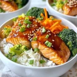 - 2 salmon fillets - 1 cup cooked jasmine rice - 1 cup broccoli florets - 1 red bell pepper, thinly sliced - 1 carrot, peeled and julienned - 3 tablespoons soy sauce (low sodium) - 2 tablespoons honey - 1 tablespoon rice vinegar - 1 teaspoon minced garlic - 1 teaspoon grated fresh ginger - 2 green onions, chopped - Sesame seeds, for garnish - Lime wedges Gather these ingredients before you start. Salmon fillets are the star here. They provide a rich, buttery taste. Jasmine rice makes a fluffy base for your bowl. Fresh vegetables like broccoli, bell pepper, and carrot add color and crunch. For the teriyaki sauce, soy sauce brings umami. Honey adds sweetness, while rice vinegar gives it a tangy kick. Minced garlic and grated ginger enhance the flavor. Think about garnishes, too. Chopped green onions add freshness. Sesame seeds give a nice crunch. Lime wedges add a zesty twist. With these ingredients, you can create a tasty and healthy meal in no time! {{ingredient_image_1}} To start, grab a small bowl. In this bowl, whisk together: - 3 tablespoons soy sauce (low sodium) - 2 tablespoons honey - 1 tablespoon rice vinegar - 1 teaspoon minced garlic - 1 teaspoon grated fresh ginger Mix these ingredients well until the honey dissolves. This creates a smooth teriyaki sauce. Set the sauce aside for later use. Next, heat a non-stick pan over medium heat. Add 1 tablespoon sesame oil to the pan. Once hot, place 2 salmon fillets skin-side down. Let them cook for 4-5 minutes without moving them. This helps achieve a nice sear. Now, carefully flip the salmon. Pour half of the teriyaki sauce over the salmon. Cook for another 3-4 minutes. Baste the fillets with the sauce as they cook. The salmon should be flaky and cooked through. While the salmon cooks, prepare a pot for steaming. Add water to the pot and bring it to a simmer. Place the broccoli florets, red bell pepper slices, and julienned carrot in a steamer basket. Steam the vegetables for about 5 minutes. You want them tender but still bright and colorful. This keeps the nutrients intact and adds crunch. Now it’s time to put everything together. Start by placing ½ cup of cooked jasmine rice in each bowl. This will be the base of your meal. Next, add a portion of the steamed vegetables on top of the rice. Make it colorful and inviting. Finally, place one salmon fillet on each bowl of vegetables. Drizzle with the remaining teriyaki sauce. To finish, sprinkle chopped green onions and sesame seeds for extra flavor and crunch. Enjoy your beautiful and tasty Teriyaki Salmon Bowls! To cook salmon well, timing is key. Start with your pan on medium heat. You want the oil hot but not smoking. Place the salmon skin-side down and let it cook for 4-5 minutes. Don't touch it! This lets the skin crisp up. After that, flip the salmon over gently. Pour half of your teriyaki sauce over the fish. Cook for another 3-4 minutes. Check for doneness by using a fork. The salmon should flake easily. If it does, it's ready! To make the teriyaki sauce perfect, you can adjust the ingredients. If you like it sweeter, add more honey. If you want more tang, add a bit of rice vinegar. You can also add extra flavors. Try adding a bit of sesame oil or even some red pepper flakes for heat. These small touches can take your dish to a new level. How you arrange the bowl matters! Start with a base of jasmine rice. Then, add the bright steamed veggies on top. Place the salmon fillet carefully over the vegetables. Don’t forget to drizzle the rest of the teriyaki sauce on top. For a fun touch, add chopped green onions and sesame seeds as a garnish. You can also add a lime wedge for extra flair! Making it look good makes it taste better. Pro Tips Choose Fresh Salmon: Look for salmon fillets that are bright in color and have a fresh scent. Fresh salmon will yield the best flavor and texture. Perfect Rice Cooking: Rinse the jasmine rice under cold water before cooking to remove excess starch. This will help achieve fluffy rice that doesn’t clump together. Customize Veggies: Feel free to substitute the vegetables based on your preference. Other great options include snap peas, zucchini, or bok choy for variety. Marinate for Extra Flavor: For an even richer taste, consider marinating the salmon in the teriyaki sauce for 30 minutes before cooking. {{image_2}} You can switch out the salmon for grilled chicken if you prefer. Chicken absorbs flavors well, just like salmon. If you want a vegetarian option, try tofu. Tofu soaks up the teriyaki sauce nicely. Just press it to remove extra water before cooking. If you need a gluten-free option, use quinoa instead of jasmine rice. Quinoa is packed with protein and has a nice nutty flavor. For those on low-carb diets, cauliflower rice is a great choice. It gives you a similar texture without the carbs. Feel free to use different seasonal vegetables. Fresh veggies add color and taste. You might want to add edamame or snap peas for extra crunch. Both options bring a fun texture and boost the nutrition of your bowl. - Refrigeration guidelines: Store any leftover teriyaki salmon bowls in an airtight container. They can last in the fridge for up to three days. Make sure to cool the bowls completely before sealing. This way, you keep the best flavor and texture. - Freezing options: If you want to keep them longer, freeze the salmon and vegetables separately from the rice. Use freezer-safe containers or bags. They can last for about one month. When ready to eat, thaw overnight in the fridge. - Best methods to retain flavor and texture: The best way to reheat is in the oven. Preheat it to 350°F (175°C). Place the salmon and veggies in a dish, cover with foil, and heat for about 10-15 minutes. This keeps the salmon moist. You can also use a microwave, but be careful not to overheat. - Avoiding overcooking: Check the salmon often while reheating. Heat it just until warm. Overcooking can dry it out and change the texture. Enjoy your leftovers just as much as when they were fresh! Teriyaki salmon lasts about 3 days in the fridge. Store it in an airtight container. Keep it cool to maintain its flavor and texture. If you want it to last longer, consider freezing it. Yes, you can use other fish. Try using trout, tuna, or halibut. These fish absorb flavors well. They also cook similarly to salmon, making them great swaps. I love serving teriyaki salmon bowls with steamed rice. Jasmine rice works best, but you can use brown rice too. Add some crunchy vegetables like cucumbers or pickled radishes. A side of miso soup pairs nicely as well. This blog post covered how to make a delicious teriyaki salmon bowl. We explored key ingredients like salmon, jasmine rice, and fresh veggies. The post provided step-by-step instructions for preparing the teriyaki sauce, cooking the salmon, and steaming the vegetables. I offered tips for perfecting the dish and suggested variations for different diets. Remember, you can store leftovers and enjoy them later. With these easy steps and tips, you can create a tasty meal that your whole family will love. Enjoy your cooking adventure!