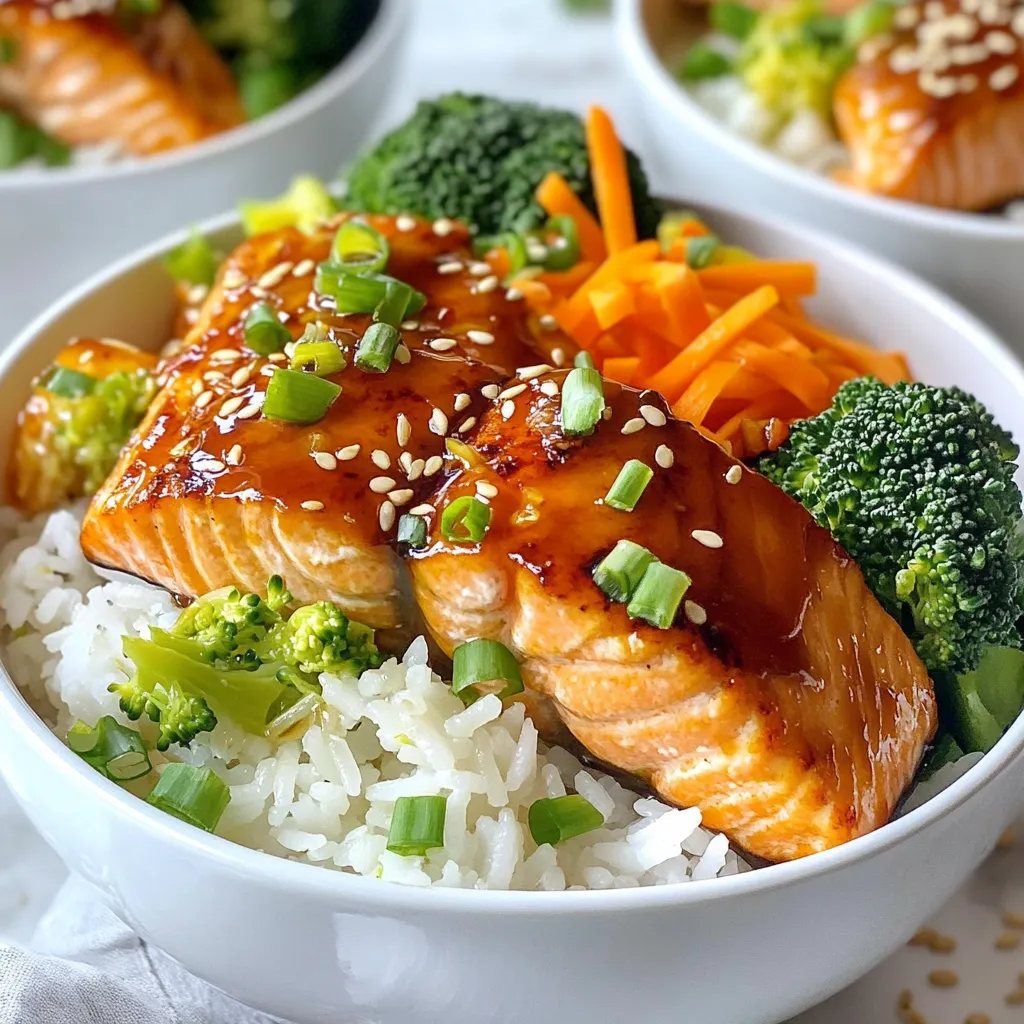 - 2 salmon fillets - 1 cup cooked jasmine rice - 1 cup broccoli florets - 1 red bell pepper, thinly sliced - 1 carrot, peeled and julienned - 3 tablespoons soy sauce (low sodium) - 2 tablespoons honey - 1 tablespoon rice vinegar - 1 teaspoon minced garlic - 1 teaspoon grated fresh ginger - 2 green onions, chopped - Sesame seeds, for garnish - Lime wedges Gather these ingredients before you start. Salmon fillets are the star here. They provide a rich, buttery taste. Jasmine rice makes a fluffy base for your bowl. Fresh vegetables like broccoli, bell pepper, and carrot add color and crunch. For the teriyaki sauce, soy sauce brings umami. Honey adds sweetness, while rice vinegar gives it a tangy kick. Minced garlic and grated ginger enhance the flavor. Think about garnishes, too. Chopped green onions add freshness. Sesame seeds give a nice crunch. Lime wedges add a zesty twist. With these ingredients, you can create a tasty and healthy meal in no time! {{ingredient_image_1}} To start, grab a small bowl. In this bowl, whisk together: - 3 tablespoons soy sauce (low sodium) - 2 tablespoons honey - 1 tablespoon rice vinegar - 1 teaspoon minced garlic - 1 teaspoon grated fresh ginger Mix these ingredients well until the honey dissolves. This creates a smooth teriyaki sauce. Set the sauce aside for later use. Next, heat a non-stick pan over medium heat. Add 1 tablespoon sesame oil to the pan. Once hot, place 2 salmon fillets skin-side down. Let them cook for 4-5 minutes without moving them. This helps achieve a nice sear. Now, carefully flip the salmon. Pour half of the teriyaki sauce over the salmon. Cook for another 3-4 minutes. Baste the fillets with the sauce as they cook. The salmon should be flaky and cooked through. While the salmon cooks, prepare a pot for steaming. Add water to the pot and bring it to a simmer. Place the broccoli florets, red bell pepper slices, and julienned carrot in a steamer basket. Steam the vegetables for about 5 minutes. You want them tender but still bright and colorful. This keeps the nutrients intact and adds crunch. Now it’s time to put everything together. Start by placing ½ cup of cooked jasmine rice in each bowl. This will be the base of your meal. Next, add a portion of the steamed vegetables on top of the rice. Make it colorful and inviting. Finally, place one salmon fillet on each bowl of vegetables. Drizzle with the remaining teriyaki sauce. To finish, sprinkle chopped green onions and sesame seeds for extra flavor and crunch. Enjoy your beautiful and tasty Teriyaki Salmon Bowls! To cook salmon well, timing is key. Start with your pan on medium heat. You want the oil hot but not smoking. Place the salmon skin-side down and let it cook for 4-5 minutes. Don't touch it! This lets the skin crisp up. After that, flip the salmon over gently. Pour half of your teriyaki sauce over the fish. Cook for another 3-4 minutes. Check for doneness by using a fork. The salmon should flake easily. If it does, it's ready! To make the teriyaki sauce perfect, you can adjust the ingredients. If you like it sweeter, add more honey. If you want more tang, add a bit of rice vinegar. You can also add extra flavors. Try adding a bit of sesame oil or even some red pepper flakes for heat. These small touches can take your dish to a new level. How you arrange the bowl matters! Start with a base of jasmine rice. Then, add the bright steamed veggies on top. Place the salmon fillet carefully over the vegetables. Don’t forget to drizzle the rest of the teriyaki sauce on top. For a fun touch, add chopped green onions and sesame seeds as a garnish. You can also add a lime wedge for extra flair! Making it look good makes it taste better. Pro Tips Choose Fresh Salmon: Look for salmon fillets that are bright in color and have a fresh scent. Fresh salmon will yield the best flavor and texture. Perfect Rice Cooking: Rinse the jasmine rice under cold water before cooking to remove excess starch. This will help achieve fluffy rice that doesn’t clump together. Customize Veggies: Feel free to substitute the vegetables based on your preference. Other great options include snap peas, zucchini, or bok choy for variety. Marinate for Extra Flavor: For an even richer taste, consider marinating the salmon in the teriyaki sauce for 30 minutes before cooking. {{image_2}} You can switch out the salmon for grilled chicken if you prefer. Chicken absorbs flavors well, just like salmon. If you want a vegetarian option, try tofu. Tofu soaks up the teriyaki sauce nicely. Just press it to remove extra water before cooking. If you need a gluten-free option, use quinoa instead of jasmine rice. Quinoa is packed with protein and has a nice nutty flavor. For those on low-carb diets, cauliflower rice is a great choice. It gives you a similar texture without the carbs. Feel free to use different seasonal vegetables. Fresh veggies add color and taste. You might want to add edamame or snap peas for extra crunch. Both options bring a fun texture and boost the nutrition of your bowl. - Refrigeration guidelines: Store any leftover teriyaki salmon bowls in an airtight container. They can last in the fridge for up to three days. Make sure to cool the bowls completely before sealing. This way, you keep the best flavor and texture. - Freezing options: If you want to keep them longer, freeze the salmon and vegetables separately from the rice. Use freezer-safe containers or bags. They can last for about one month. When ready to eat, thaw overnight in the fridge. - Best methods to retain flavor and texture: The best way to reheat is in the oven. Preheat it to 350°F (175°C). Place the salmon and veggies in a dish, cover with foil, and heat for about 10-15 minutes. This keeps the salmon moist. You can also use a microwave, but be careful not to overheat. - Avoiding overcooking: Check the salmon often while reheating. Heat it just until warm. Overcooking can dry it out and change the texture. Enjoy your leftovers just as much as when they were fresh! Teriyaki salmon lasts about 3 days in the fridge. Store it in an airtight container. Keep it cool to maintain its flavor and texture. If you want it to last longer, consider freezing it. Yes, you can use other fish. Try using trout, tuna, or halibut. These fish absorb flavors well. They also cook similarly to salmon, making them great swaps. I love serving teriyaki salmon bowls with steamed rice. Jasmine rice works best, but you can use brown rice too. Add some crunchy vegetables like cucumbers or pickled radishes. A side of miso soup pairs nicely as well. This blog post covered how to make a delicious teriyaki salmon bowl. We explored key ingredients like salmon, jasmine rice, and fresh veggies. The post provided step-by-step instructions for preparing the teriyaki sauce, cooking the salmon, and steaming the vegetables. I offered tips for perfecting the dish and suggested variations for different diets. Remember, you can store leftovers and enjoy them later. With these easy steps and tips, you can create a tasty meal that your whole family will love. Enjoy your cooking adventure!