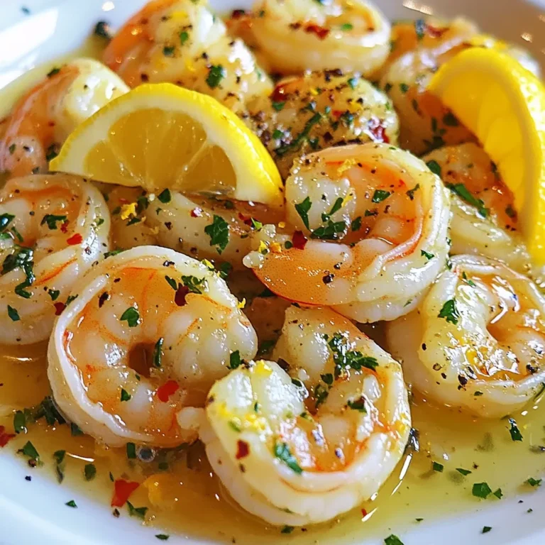 To create the Garlic Herb Butter Shrimp, gather the following items: - 1 pound large shrimp, peeled and deveined - 4 tablespoons unsalted butter - 4 cloves garlic, minced - 1 tablespoon fresh parsley, chopped - 1 tablespoon fresh basil, chopped - 1 teaspoon lemon zest - Juice of 1 lemon - 1/2 teaspoon red pepper flakes (optional) - Salt and black pepper to taste - Lemon wedges for garnish Each ingredient plays a key role in making this dish burst with flavor. The shrimp provide a sweet taste and firm texture. The butter brings richness, while garlic adds a strong, savory note. Fresh herbs like parsley and basil brighten up the dish. Lemon zest and juice offer a refreshing tang. You can adjust the red pepper flakes for spice, making it just the way you like. When you pick your shrimp, look for ones that are firm and smell fresh. Fresh herbs make a difference in taste, so use them if you can. With these ingredients, you're ready to whip up a meal that impresses in just 20 minutes! {{ingredient_image_1}} - Melting the butter Start by placing a large skillet on medium heat. Add 4 tablespoons of unsalted butter. Let it melt until it gets frothy. This should take just a minute or two. The froth shows the butter is ready for the next step. - Sautéing garlic Once the butter is frothy, add 4 minced cloves of garlic. Stir the garlic for about one minute. You want it to smell great but not brown. If it browns, it might taste bitter, and that's not what you want. - Seasoning the shrimp Now, it’s time to add 1 pound of peeled and deveined large shrimp to the skillet. Season them with salt, black pepper, and optional red pepper flakes for heat. Stir well to coat the shrimp with the garlic butter. - Flipping the shrimp Cook the shrimp for about 2 to 3 minutes on one side. When they turn pink, it’s time to flip them over. Cook the other side for another 2 to 3 minutes. The shrimp should be fully cooked and opaque when done. - Adding lemon juice and zest After flipping the shrimp, squeeze the juice of 1 lemon over them. Also, add 1 teaspoon of lemon zest for extra flavor. Toss in 1 tablespoon each of fresh chopped parsley and basil. These herbs bring brightness to the dish. - Serving the dish Once everything is cooked, remove the skillet from heat. Transfer the shrimp to a serving dish. Drizzle any leftover sauce from the skillet over the shrimp. Garnish with lemon wedges and more fresh herbs if you like. Enjoy your meal! - Cooking time for shrimp: Cook shrimp for 2-3 minutes on each side. They turn pink when ready. - Avoiding overcooking: Remove shrimp from heat when they are opaque. Overcooked shrimp become tough and rubbery. To ensure the best texture, always watch the shrimp closely. They cook fast, so timing is key. If you feel unsure, take one out and check. It should be firm but not hard. - Adjusting spice levels: For a mild dish, skip red pepper flakes. Want more heat? Add more flakes or even fresh chilies. - Herb substitutions: If you lack parsley or basil, try chives or cilantro. Each herb brings a unique taste. Feel free to mix your favorite herbs. The key is to balance the flavors, so they complement the garlic and butter. - Pairing with sides: Garlic herb butter shrimp pairs well with rice or pasta. A crisp salad also works well for a fresh touch. - Wine pairings: A chilled white wine, like Sauvignon Blanc, enhances the dish. Its acidity cuts through the richness of the butter. Try these sides and drinks to elevate your meal. They bring out the flavors in the shrimp and make your dinner more enjoyable. Pro Tips Fresh Ingredients Matter: Using fresh shrimp and herbs will enhance the flavor of this dish significantly. If possible, buy shrimp that has been sourced sustainably and is still in its shell for optimal freshness. Perfectly Cooked Shrimp: Shrimp cook quickly; watch for them to turn from translucent to opaque. Overcooking can lead to rubbery shrimp, so keep an eye on the time. Adjusting Heat Levels: If you like it spicy, feel free to increase the amount of red pepper flakes. Conversely, you can omit them entirely for a milder flavor. Serving Suggestions: This dish pairs wonderfully with a side of rice or crusty bread to soak up the delicious garlic herb butter sauce. Consider adding a fresh green salad for a complete meal. {{image_2}} You can switch up the protein in this dish. Scallops make a great choice. They cook fast and soak up flavors well. Fish also works nicely, especially firm types like cod or halibut. For a vegetarian option, try using mushrooms or tofu. Both absorb the garlic herb butter well and add a unique twist. Changing herbs can give your dish a fresh taste. You might add thyme or dill for a new flavor. You could also mix in some fresh cilantro for a bold kick. If you want heat, try adding cayenne pepper or smoked paprika. These spices can elevate the dish and make it even more exciting. You can cook shrimp in different ways. Grilling adds a nice smoky flavor. Just toss the shrimp on the grill for a few minutes per side. Baking is another option. Spread shrimp on a baking sheet and bake at 400°F for about 10 minutes. Both methods keep the shrimp juicy and tender while adding unique tastes. After enjoying your garlic herb butter shrimp, store the leftovers in the fridge. Place them in an airtight container. This keeps the shrimp fresh for up to three days. Make sure the shrimp cools down before sealing. If you need to keep them longer, consider freezing. Seal the shrimp in a freezer bag. Remove as much air as possible to prevent freezer burn. These shrimp can stay tasty in the freezer for up to two months. To reheat, use the stovetop for best results. Heat a skillet on medium-low. Add a little butter or oil to prevent sticking. Place the shrimp in the skillet and cook until heated through. Avoid cooking too long to keep the shrimp tender. You can also use a microwave. Place the shrimp on a microwave-safe plate, cover lightly, and heat in short bursts. Aim for a temperature of 145°F to ensure the shrimp is safe to eat. You can tell shrimp are cooked when they turn pink and curl slightly. The flesh should look opaque. Cook them for about 2-3 minutes on each side. Be careful not to overcook; they can become tough. Yes, you can use frozen shrimp! Just thaw them first. Place them in cold water for about 15-20 minutes. Make sure they are peeled and deveined before cooking. This saves time and still gives great flavor. To add heat, use more red pepper flakes. You can also add chopped fresh chili peppers. If you want a different spice, try a dash of hot sauce or some cayenne pepper. Adjust to your taste! You can prepare the shrimp ahead, but cook them just before serving. If you want to save time, you can mix the garlic and herbs in advance. Store them in the fridge until you're ready to cook. If you don’t have fresh herbs, dried herbs work well. Use about one-third of the amount of dried herbs. For parsley, basil, or both, try using one teaspoon each of the dried versions. You can also try Italian seasoning for a mix! You now have a simple way to make garlic herb butter shrimp. We discussed the key ingredients and step-by-step cooking instructions. I also shared tips for perfect shrimp, different variations, and storage options. This dish is not just tasty; it's flexible too. Feel free to adjust flavors or try different proteins. With practice, you’ll impress your family and friends with this quick meal. Enjoy your cooking adventure!