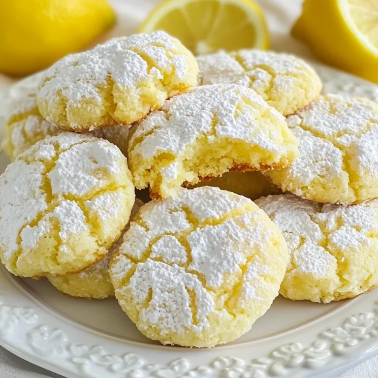- 1 ½ cups all-purpose flour - 1 teaspoon baking powder - ½ teaspoon baking soda - ¼ teaspoon salt - ½ cup unsalted butter, softened - 1 cup granulated sugar - 1 large egg - 2 tablespoons lemon zest - 2 tablespoons fresh lemon juice - ½ teaspoon vanilla extract - ¼ cup powdered sugar (for dusting) To make Chewy Lemon Crinkle Cookies, you need simple ingredients. Each one plays a big role. Flour gives the cookie structure, while baking powder and baking soda help it rise. Salt enhances the flavor and balances the sweetness. You will use unsalted butter for a rich taste. Granulated sugar sweetens the cookies and helps them spread. The egg binds everything together and adds moisture. Lemon zest and juice are the stars. They add bright, fresh flavor that makes these cookies special. Finally, vanilla extract rounds out the taste. The powdered sugar is for dusting, giving a sweet finish. - Additional lemon zest - White chocolate chips - Nuts (e.g., walnuts or pecans) If you want more lemon flavor, add extra zest. White chocolate chips can add sweetness and creaminess. Nuts like walnuts or pecans add a nice crunch and depth. These options let you customize your cookies and make them your own. {{ingredient_image_1}} 1. Preheat your oven to 350°F (175°C). This step is key for perfect cookies. 2. Line a baking sheet with parchment paper. This helps cookies bake evenly and not stick. 3. In a medium bowl, whisk together the flour, baking powder, baking soda, and salt. Set this mix aside for now. 1. In a large bowl, cream the softened butter and granulated sugar. Use an electric mixer on medium speed. Mix for about 2-3 minutes until it looks light and fluffy. 2. Add in the egg, lemon zest, fresh lemon juice, and vanilla extract. Keep mixing until everything combines well. 3. Gradually add the flour mixture to the wet mix. Use low speed to avoid overmixing. 4. Chill the dough in the fridge for about 30 minutes. This step makes the cookies chewy and helps them hold their shape. 1. Once chilled, scoop tablespoon-sized portions of dough. Roll these into balls with your hands. 2. Roll each ball in powdered sugar until fully coated. This makes the crinkle effect when baked. 3. Place the dough balls on the prepared baking sheet, spaced about 2 inches apart. 4. Bake the cookies for 10-12 minutes. They should look slightly underbaked and crinkle on top. 5. Cool the cookies on the baking sheet for about 5 minutes before moving them to a wire rack. This helps them firm up. Enjoy your chewy lemon crinkle cookies fresh from the oven! To get that chewy texture, chilling the dough is key. When you chill the dough for about 30 minutes, it firms up. This helps the cookies keep their shape while baking. If you skip this step, you risk flat cookies. Another important factor is the oven temperature. Always preheat your oven to 350°F (175°C). This ensures even baking. An oven that is too hot will dry out your cookies. Use an oven thermometer for best results. To get the classic crinkle look, rolling the dough balls in powdered sugar is crucial. First, scoop the dough and roll it into a ball. Then, roll it well in powdered sugar. Make sure it’s fully coated. This step adds sweetness and helps create those beautiful cracks. Baking time also plays a big role. Bake the cookies for 10-12 minutes. The edges should be set, but the center may look slightly underbaked. This is fine! They will firm up as they cool. Keep an eye on them to avoid overbaking. Pro Tips Chill the Dough: Chilling the dough is essential for achieving the perfect chewy texture and preventing the cookies from spreading too much during baking. Use Fresh Lemons: For the best flavor, use fresh lemons for both zest and juice, as bottled lemon juice may not provide the same vibrant taste. Don't Overmix: Mix the ingredients just until combined to keep the cookies tender and avoid a tough texture. Check for Doneness: Remove the cookies from the oven when the edges are set and the tops are crinkled, as they will continue to firm up while cooling. {{image_2}} You can make crinkle cookies with different flavors. Adding extracts is a great way to change things up. Try almond or coconut extracts for a unique taste. You only need a teaspoon of extract to boost flavor. You can also infuse your cookies with fruits. Blueberries or raspberries can add a fresh twist. Mash the fruits slightly before mixing them into the dough. This will create tasty bursts of flavor in every bite. If you need gluten-free cookies, you can use gluten-free flour. Look for a blend that works well in cookies. This will keep the chewy texture while meeting dietary needs. For vegan options, replace the egg with a flax egg. Mix one tablespoon of ground flaxseed with three tablespoons of water and let it sit for a few minutes. You can also use coconut oil instead of butter. This will keep your cookies rich and tasty without animal products. To keep your chewy lemon crinkle cookies fresh, store them at room temperature. Use an airtight container. This helps prevent them from drying out. Place parchment paper between layers to avoid sticking. Keep them in a cool, dry place away from sunlight. They will stay tasty for about a week. If you want to keep them longer, add a slice of bread. The bread will help retain moisture. Just replace it every few days to keep it fresh. This trick works great for soft cookies like these. You can freeze unbaked dough for later use. First, scoop the dough into balls. Then, place them on a baking sheet. Freeze them for about two hours until solid. After that, transfer the balls to an airtight container or freezer bag. They will last up to three months. When ready to bake, just bake them from frozen. You may need to add a minute or two to the baking time. You can also freeze already baked cookies. Let them cool completely first. Then, place them in a single layer in a container. Separating layers with parchment paper helps. Seal it tight. These cookies will also last up to three months in the freezer. Enjoy them anytime! Can I use lemon extract instead of juice? Yes, you can use lemon extract. Use half the amount of extract. The flavor will be strong. How do I make my cookies less sweet? To reduce sweetness, cut back on sugar. Start with ¾ cup instead of 1 cup. You can also add a pinch of salt to balance the flavors. What can I do if my cookies flatten while baking? If your cookies flatten, check your butter. It should be soft, not melted. Also, chill the dough longer. This helps cookies keep their shape. How long do cookies typically last? Chewy lemon crinkle cookies last up to one week at room temperature. Keep them in an airtight container. Can I double the recipe? Yes, you can double the recipe. Just keep the same mixing steps. What's the best way to decorate lemon crinkle cookies? You can dust them with extra powdered sugar. For a twist, add lemon zest on top. This adds color and flavor. In this article, we covered how to make chewy lemon crinkle cookies. We discussed the ingredients, step-by-step instructions, and tips for the perfect texture and appearance. Variations and storage ideas were also shared. Baking should be fun and rewarding. With these tips, you can create delicious cookies to enjoy with friends or family. Happy baking, and get creative with flavors! Your kitchen awaits these tasty treats!