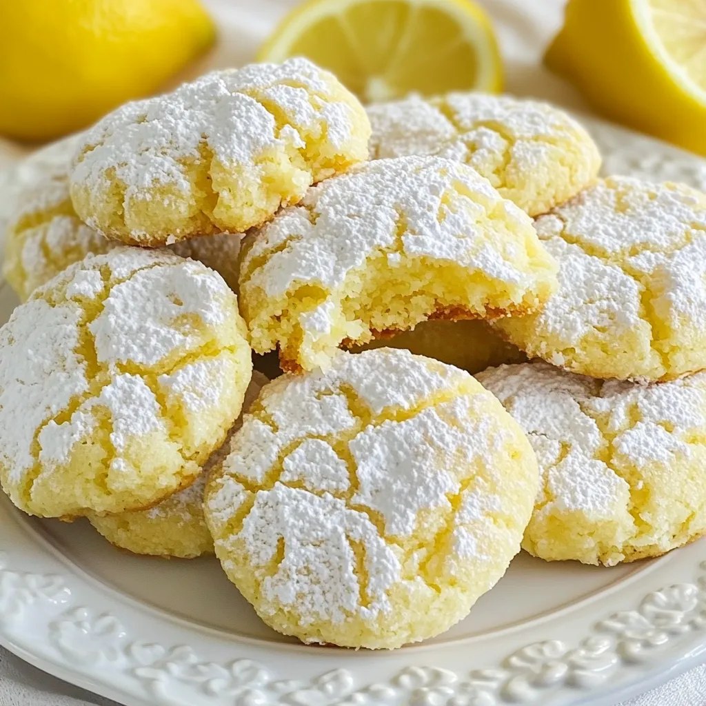 - 1 ½ cups all-purpose flour - 1 teaspoon baking powder - ½ teaspoon baking soda - ¼ teaspoon salt - ½ cup unsalted butter, softened - 1 cup granulated sugar - 1 large egg - 2 tablespoons lemon zest - 2 tablespoons fresh lemon juice - ½ teaspoon vanilla extract - ¼ cup powdered sugar (for dusting) To make Chewy Lemon Crinkle Cookies, you need simple ingredients. Each one plays a big role. Flour gives the cookie structure, while baking powder and baking soda help it rise. Salt enhances the flavor and balances the sweetness. You will use unsalted butter for a rich taste. Granulated sugar sweetens the cookies and helps them spread. The egg binds everything together and adds moisture. Lemon zest and juice are the stars. They add bright, fresh flavor that makes these cookies special. Finally, vanilla extract rounds out the taste. The powdered sugar is for dusting, giving a sweet finish. - Additional lemon zest - White chocolate chips - Nuts (e.g., walnuts or pecans) If you want more lemon flavor, add extra zest. White chocolate chips can add sweetness and creaminess. Nuts like walnuts or pecans add a nice crunch and depth. These options let you customize your cookies and make them your own. {{ingredient_image_1}} 1. Preheat your oven to 350°F (175°C). This step is key for perfect cookies. 2. Line a baking sheet with parchment paper. This helps cookies bake evenly and not stick. 3. In a medium bowl, whisk together the flour, baking powder, baking soda, and salt. Set this mix aside for now. 1. In a large bowl, cream the softened butter and granulated sugar. Use an electric mixer on medium speed. Mix for about 2-3 minutes until it looks light and fluffy. 2. Add in the egg, lemon zest, fresh lemon juice, and vanilla extract. Keep mixing until everything combines well. 3. Gradually add the flour mixture to the wet mix. Use low speed to avoid overmixing. 4. Chill the dough in the fridge for about 30 minutes. This step makes the cookies chewy and helps them hold their shape. 1. Once chilled, scoop tablespoon-sized portions of dough. Roll these into balls with your hands. 2. Roll each ball in powdered sugar until fully coated. This makes the crinkle effect when baked. 3. Place the dough balls on the prepared baking sheet, spaced about 2 inches apart. 4. Bake the cookies for 10-12 minutes. They should look slightly underbaked and crinkle on top. 5. Cool the cookies on the baking sheet for about 5 minutes before moving them to a wire rack. This helps them firm up. Enjoy your chewy lemon crinkle cookies fresh from the oven! To get that chewy texture, chilling the dough is key. When you chill the dough for about 30 minutes, it firms up. This helps the cookies keep their shape while baking. If you skip this step, you risk flat cookies. Another important factor is the oven temperature. Always preheat your oven to 350°F (175°C). This ensures even baking. An oven that is too hot will dry out your cookies. Use an oven thermometer for best results. To get the classic crinkle look, rolling the dough balls in powdered sugar is crucial. First, scoop the dough and roll it into a ball. Then, roll it well in powdered sugar. Make sure it’s fully coated. This step adds sweetness and helps create those beautiful cracks. Baking time also plays a big role. Bake the cookies for 10-12 minutes. The edges should be set, but the center may look slightly underbaked. This is fine! They will firm up as they cool. Keep an eye on them to avoid overbaking. Pro Tips Chill the Dough: Chilling the dough is essential for achieving the perfect chewy texture and preventing the cookies from spreading too much during baking. Use Fresh Lemons: For the best flavor, use fresh lemons for both zest and juice, as bottled lemon juice may not provide the same vibrant taste. Don't Overmix: Mix the ingredients just until combined to keep the cookies tender and avoid a tough texture. Check for Doneness: Remove the cookies from the oven when the edges are set and the tops are crinkled, as they will continue to firm up while cooling. {{image_2}} You can make crinkle cookies with different flavors. Adding extracts is a great way to change things up. Try almond or coconut extracts for a unique taste. You only need a teaspoon of extract to boost flavor. You can also infuse your cookies with fruits. Blueberries or raspberries can add a fresh twist. Mash the fruits slightly before mixing them into the dough. This will create tasty bursts of flavor in every bite. If you need gluten-free cookies, you can use gluten-free flour. Look for a blend that works well in cookies. This will keep the chewy texture while meeting dietary needs. For vegan options, replace the egg with a flax egg. Mix one tablespoon of ground flaxseed with three tablespoons of water and let it sit for a few minutes. You can also use coconut oil instead of butter. This will keep your cookies rich and tasty without animal products. To keep your chewy lemon crinkle cookies fresh, store them at room temperature. Use an airtight container. This helps prevent them from drying out. Place parchment paper between layers to avoid sticking. Keep them in a cool, dry place away from sunlight. They will stay tasty for about a week. If you want to keep them longer, add a slice of bread. The bread will help retain moisture. Just replace it every few days to keep it fresh. This trick works great for soft cookies like these. You can freeze unbaked dough for later use. First, scoop the dough into balls. Then, place them on a baking sheet. Freeze them for about two hours until solid. After that, transfer the balls to an airtight container or freezer bag. They will last up to three months. When ready to bake, just bake them from frozen. You may need to add a minute or two to the baking time. You can also freeze already baked cookies. Let them cool completely first. Then, place them in a single layer in a container. Separating layers with parchment paper helps. Seal it tight. These cookies will also last up to three months in the freezer. Enjoy them anytime! Can I use lemon extract instead of juice? Yes, you can use lemon extract. Use half the amount of extract. The flavor will be strong. How do I make my cookies less sweet? To reduce sweetness, cut back on sugar. Start with ¾ cup instead of 1 cup. You can also add a pinch of salt to balance the flavors. What can I do if my cookies flatten while baking? If your cookies flatten, check your butter. It should be soft, not melted. Also, chill the dough longer. This helps cookies keep their shape. How long do cookies typically last? Chewy lemon crinkle cookies last up to one week at room temperature. Keep them in an airtight container. Can I double the recipe? Yes, you can double the recipe. Just keep the same mixing steps. What's the best way to decorate lemon crinkle cookies? You can dust them with extra powdered sugar. For a twist, add lemon zest on top. This adds color and flavor. In this article, we covered how to make chewy lemon crinkle cookies. We discussed the ingredients, step-by-step instructions, and tips for the perfect texture and appearance. Variations and storage ideas were also shared. Baking should be fun and rewarding. With these tips, you can create delicious cookies to enjoy with friends or family. Happy baking, and get creative with flavors! Your kitchen awaits these tasty treats!