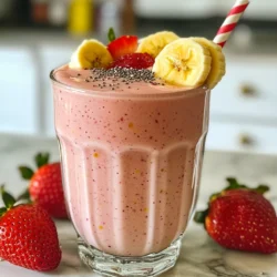 Fresh strawberries are the star of this smoothie. They add a bright, sweet taste. I like to use one cup of hulled and halved strawberries. Choose berries that are ripe and red for the best flavor. You can also freeze them for a chilled smoothie. A ripe banana brings creaminess to the mix. Use one sliced banana for this recipe. It adds natural sweetness and a smooth texture. The riper the banana, the sweeter it will taste. Rolled oats are great for adding fiber. They help keep you full longer. I use half a cup in this smoothie. Oats also make the drink thicker and creamier. Almond milk is my go-to liquid for this smoothie. It gives a nutty flavor and is low in calories. You can use one cup of almond milk, but any milk works. Cow's milk or oat milk are good choices too. For extra sweetness, you can add one tablespoon of honey or maple syrup. This is optional but tasty! A half teaspoon of vanilla extract adds flavor. I also love adding one tablespoon of chia seeds for more nutrition. They add a nice crunch and are great for you. Ice cubes can make the smoothie cool and refreshing, too. {{ingredient_image_1}} First, gather all your ingredients. You need fresh strawberries, a ripe banana, rolled oats, and almond milk. Start by hulling and halving the strawberries. This means you remove the green tops and cut them in half. Next, slice the banana into small pieces. This helps the banana mix well in the blender. If you want more nutrition, you can also measure out chia seeds. Now, it’s time to blend. Add the strawberries, banana, and rolled oats to your blender. Pour in the almond milk next. If you like your smoothie sweeter, add honey or maple syrup. You can also include vanilla extract for a nice flavor. If you want it chilled, toss in a few ice cubes. Blend everything on high speed. It should take about 30 to 60 seconds until the mixture is smooth and creamy. After blending, taste your smoothie. If it needs more sweetness, add a bit more honey or maple syrup. Blend again for a few seconds. This way, you can make it just right for your taste buds. Once you finish blending, pour the smoothie into glasses. You can serve it right away while it's fresh and cool. Enjoy this healthy drink right after making it for the best taste! To get a smooth and creamy drink, use the right mix of ingredients. A good balance is key. Start with 1 cup of almond milk. This amount gives the smoothie a nice flow. If you find it too thick, add more milk, a little at a time. Blend for 30-60 seconds until it is fully mixed. The oats help thicken the drink, so adjust as needed. Frozen fruits make life easier. They stay fresh longer and cut down prep time. If you use frozen strawberries or bananas, skip the ice cubes. This will keep your smoothie cold and smooth. Just remember to blend a bit longer. Frozen fruits create a thick, delicious texture that many people love. You can easily boost the nutrition of your smoothie. Add a tablespoon of chia seeds for fiber and omega-3s. You might also try spinach or kale for more greens. These add-ins blend well and keep the flavor nice. If you want extra protein, toss in some Greek yogurt or nut butter. Each of these options makes your smoothie even better! Pro Tips Use Frozen Fruit: For an extra chilled and creamy texture, consider using frozen strawberries or bananas instead of fresh. This also helps to thicken the smoothie without needing ice cubes. Add Protein: To make this smoothie more filling, add a scoop of your favorite protein powder or a dollop of Greek yogurt. This is especially beneficial for post-workout recovery. Experiment with Milk Alternatives: While almond milk is a great choice, feel free to try other milk alternatives like oat milk or coconut milk for different flavors and nutritional profiles. Customize Sweetness: Depending on the ripeness of your banana and strawberries, you may need less or more sweetener. Always taste before adding additional honey or maple syrup. {{image_2}} You can easily make this smoothie vegan. Just skip honey and use maple syrup for sweetness. Almond milk is a great choice, but you can try coconut milk or oat milk too. Both will add a nice flavor. To boost protein, add a scoop of your favorite protein powder. This change makes the smoothie filling. You can also mix in Greek yogurt if you want extra creaminess. Chia seeds are another option. They add protein and healthy fats. You can use any milk you like in this recipe. Almond milk is light and nutty. Soy milk gives a richer taste and adds more protein. If you prefer, try oat milk for a smooth and sweet flavor. Each choice changes the smoothie’s taste and texture. Experiment to find your favorite! If you have leftover smoothie, pour it into a clean jar. Seal it tightly to keep it fresh. Store the jar in the fridge. This keeps your smoothie good for up to two days. The color may change a bit, but it will still taste great. Always shake or stir the jar before drinking. This helps mix the ingredients again. Freezing is a smart way to save your smoothie. Pour it into ice cube trays or freezer-safe bags. This method makes it easy to grab a portion later. Smoothies can last up to three months in the freezer. When you're ready to enjoy, let it thaw in the fridge overnight. You can also blend frozen cubes directly with a bit of milk for a quick treat. When you’re ready to drink your stored smoothie, check its texture. If it’s thick, add a splash of milk or water. Blend it again until smooth. This helps restore the creamy texture. Taste it one more time. If it needs more sweetness, add a touch of honey or maple syrup. Enjoy your tasty drink! You can store the smoothie for up to 24 hours. Just keep it in the fridge. The flavors remain good, but the texture may change. It can thicken as it sits. To fix this, stir in a little milk before drinking. Yes! You can swap in other fruits. Try blueberries, mangoes, or peaches. Each fruit adds its own flavor and nutrition. Be creative! Mix and match to find your favorite blend. Just keep the same amount of fruit for the best results. Making smoothies ahead is fine. Just store it in a sealed jar. You can have a quick breakfast ready to go. However, the best taste and texture come from fresh smoothies. If you can, blend right before drinking. In this post, we covered how to make a tasty strawberry banana oat smoothie. I shared the best ingredients, from fresh strawberries to rolled oats. You learned step-by-step how to blend and serve it. I also gave tips for great consistency and ways to customize your smoothie. Remember, storing leftovers properly keeps them fresh. Smoothies can be quick and fun, so try different fruits to find your favorite mix. Enjoy your drink knowing it's good for you!