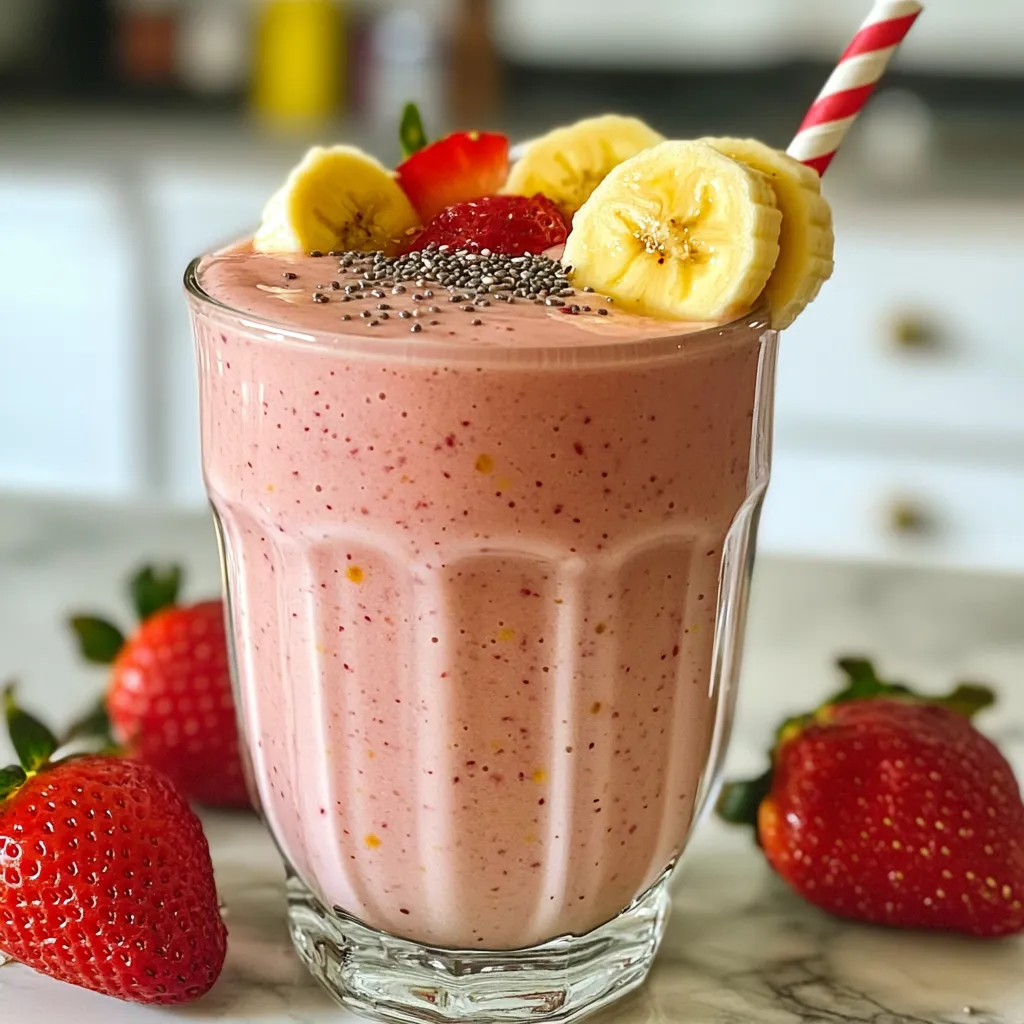 Fresh strawberries are the star of this smoothie. They add a bright, sweet taste. I like to use one cup of hulled and halved strawberries. Choose berries that are ripe and red for the best flavor. You can also freeze them for a chilled smoothie. A ripe banana brings creaminess to the mix. Use one sliced banana for this recipe. It adds natural sweetness and a smooth texture. The riper the banana, the sweeter it will taste. Rolled oats are great for adding fiber. They help keep you full longer. I use half a cup in this smoothie. Oats also make the drink thicker and creamier. Almond milk is my go-to liquid for this smoothie. It gives a nutty flavor and is low in calories. You can use one cup of almond milk, but any milk works. Cow's milk or oat milk are good choices too. For extra sweetness, you can add one tablespoon of honey or maple syrup. This is optional but tasty! A half teaspoon of vanilla extract adds flavor. I also love adding one tablespoon of chia seeds for more nutrition. They add a nice crunch and are great for you. Ice cubes can make the smoothie cool and refreshing, too. {{ingredient_image_1}} First, gather all your ingredients. You need fresh strawberries, a ripe banana, rolled oats, and almond milk. Start by hulling and halving the strawberries. This means you remove the green tops and cut them in half. Next, slice the banana into small pieces. This helps the banana mix well in the blender. If you want more nutrition, you can also measure out chia seeds. Now, it’s time to blend. Add the strawberries, banana, and rolled oats to your blender. Pour in the almond milk next. If you like your smoothie sweeter, add honey or maple syrup. You can also include vanilla extract for a nice flavor. If you want it chilled, toss in a few ice cubes. Blend everything on high speed. It should take about 30 to 60 seconds until the mixture is smooth and creamy. After blending, taste your smoothie. If it needs more sweetness, add a bit more honey or maple syrup. Blend again for a few seconds. This way, you can make it just right for your taste buds. Once you finish blending, pour the smoothie into glasses. You can serve it right away while it's fresh and cool. Enjoy this healthy drink right after making it for the best taste! To get a smooth and creamy drink, use the right mix of ingredients. A good balance is key. Start with 1 cup of almond milk. This amount gives the smoothie a nice flow. If you find it too thick, add more milk, a little at a time. Blend for 30-60 seconds until it is fully mixed. The oats help thicken the drink, so adjust as needed. Frozen fruits make life easier. They stay fresh longer and cut down prep time. If you use frozen strawberries or bananas, skip the ice cubes. This will keep your smoothie cold and smooth. Just remember to blend a bit longer. Frozen fruits create a thick, delicious texture that many people love. You can easily boost the nutrition of your smoothie. Add a tablespoon of chia seeds for fiber and omega-3s. You might also try spinach or kale for more greens. These add-ins blend well and keep the flavor nice. If you want extra protein, toss in some Greek yogurt or nut butter. Each of these options makes your smoothie even better! Pro Tips Use Frozen Fruit: For an extra chilled and creamy texture, consider using frozen strawberries or bananas instead of fresh. This also helps to thicken the smoothie without needing ice cubes. Add Protein: To make this smoothie more filling, add a scoop of your favorite protein powder or a dollop of Greek yogurt. This is especially beneficial for post-workout recovery. Experiment with Milk Alternatives: While almond milk is a great choice, feel free to try other milk alternatives like oat milk or coconut milk for different flavors and nutritional profiles. Customize Sweetness: Depending on the ripeness of your banana and strawberries, you may need less or more sweetener. Always taste before adding additional honey or maple syrup. {{image_2}} You can easily make this smoothie vegan. Just skip honey and use maple syrup for sweetness. Almond milk is a great choice, but you can try coconut milk or oat milk too. Both will add a nice flavor. To boost protein, add a scoop of your favorite protein powder. This change makes the smoothie filling. You can also mix in Greek yogurt if you want extra creaminess. Chia seeds are another option. They add protein and healthy fats. You can use any milk you like in this recipe. Almond milk is light and nutty. Soy milk gives a richer taste and adds more protein. If you prefer, try oat milk for a smooth and sweet flavor. Each choice changes the smoothie’s taste and texture. Experiment to find your favorite! If you have leftover smoothie, pour it into a clean jar. Seal it tightly to keep it fresh. Store the jar in the fridge. This keeps your smoothie good for up to two days. The color may change a bit, but it will still taste great. Always shake or stir the jar before drinking. This helps mix the ingredients again. Freezing is a smart way to save your smoothie. Pour it into ice cube trays or freezer-safe bags. This method makes it easy to grab a portion later. Smoothies can last up to three months in the freezer. When you're ready to enjoy, let it thaw in the fridge overnight. You can also blend frozen cubes directly with a bit of milk for a quick treat. When you’re ready to drink your stored smoothie, check its texture. If it’s thick, add a splash of milk or water. Blend it again until smooth. This helps restore the creamy texture. Taste it one more time. If it needs more sweetness, add a touch of honey or maple syrup. Enjoy your tasty drink! You can store the smoothie for up to 24 hours. Just keep it in the fridge. The flavors remain good, but the texture may change. It can thicken as it sits. To fix this, stir in a little milk before drinking. Yes! You can swap in other fruits. Try blueberries, mangoes, or peaches. Each fruit adds its own flavor and nutrition. Be creative! Mix and match to find your favorite blend. Just keep the same amount of fruit for the best results. Making smoothies ahead is fine. Just store it in a sealed jar. You can have a quick breakfast ready to go. However, the best taste and texture come from fresh smoothies. If you can, blend right before drinking. In this post, we covered how to make a tasty strawberry banana oat smoothie. I shared the best ingredients, from fresh strawberries to rolled oats. You learned step-by-step how to blend and serve it. I also gave tips for great consistency and ways to customize your smoothie. Remember, storing leftovers properly keeps them fresh. Smoothies can be quick and fun, so try different fruits to find your favorite mix. Enjoy your drink knowing it's good for you!