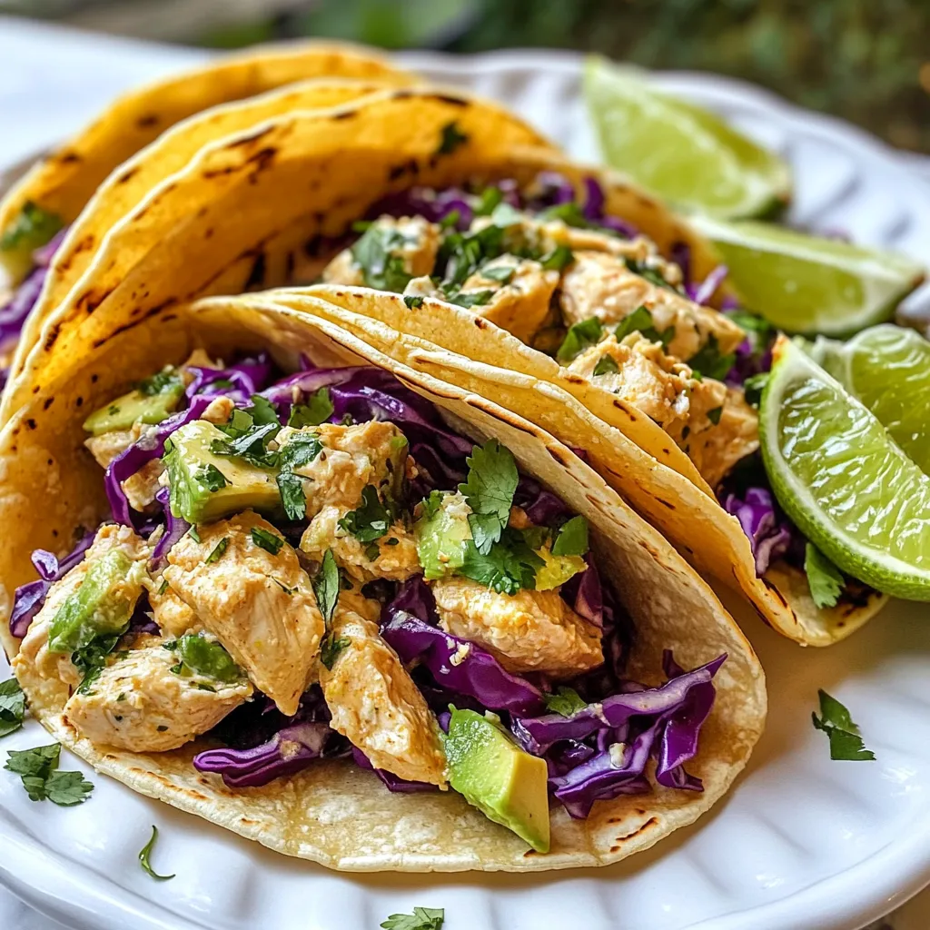 For these tasty tacos, you will need: - 2 chicken breasts, diced - 1 can (14 oz) coconut milk - 2 tablespoons lime juice (freshly squeezed) - 1 tablespoon lime zest - 8 small corn tortillas These main ingredients give the tacos their unique taste. The chicken serves as the protein base, while coconut milk adds creaminess. Fresh lime juice and zest bring bright flavor, making each bite refreshing. To add flavor, you’ll use: - 1 teaspoon ground cumin - 1 teaspoon paprika - 1 teaspoon garlic powder - ½ teaspoon cayenne pepper (adjust to taste) - Salt and pepper to taste These spices enhance the dish. Cumin and paprika offer warmth, while garlic powder adds depth. Cayenne pepper gives a kick, but you can adjust it based on your taste. Don't forget the toppings! You will want: - 1 cup red cabbage, shredded - ½ cup fresh cilantro, chopped - 1 avocado, sliced - Lime wedges for serving These toppings add crunch and freshness. The red cabbage contrasts nicely with the creamy chicken. Cilantro provides a burst of flavor, and avocado adds richness. Lime wedges let you squeeze fresh juice over the tacos, bringing all the flavors together. {{ingredient_image_1}} To start, gather your chicken breasts and dice them into small pieces. In a mixing bowl, combine the diced chicken with coconut milk, lime juice, lime zest, cumin, paprika, garlic powder, cayenne pepper, salt, and pepper. Stir everything well to coat the chicken. This step is key to infusing the chicken with flavor. Cover the bowl and place it in the fridge. Let it marinate for at least 30 minutes. For even more taste, let it sit for up to 2 hours. Next, heat a skillet over medium heat. After a few moments, pour the marinated chicken along with the coconut mixture into the hot skillet. Cook for about 10 to 12 minutes. Stir it occasionally to ensure even cooking. The chicken should be fully cooked and the sauce will thicken slightly. This creates a rich and creamy texture that pairs wonderfully with the chicken. While the chicken cooks, take some small corn tortillas and warm them up in a separate pan. Set the heat to low and warm each tortilla for about 30 seconds on each side. You want them soft and pliable. Once the chicken is done, remove it from heat. Now, it’s time to assemble your tacos! Place a generous spoonful of the coconut-lime chicken onto each tortilla. Top with shredded red cabbage, fresh cilantro, and slices of avocado. Don't forget to serve with lime wedges on the side for a zesty finish! To get the best flavor, marinate your chicken well. Use a bowl to mix diced chicken with coconut milk, lime juice, lime zest, cumin, paprika, garlic powder, cayenne, salt, and pepper. Stir until the chicken is coated. Cover the bowl and chill it in the fridge. Let it marinate for at least 30 minutes. If you can, go for 2 hours. This extra time helps the chicken soak up all those tasty flavors. When cooking your chicken, use medium heat. This keeps it juicy and tender. Pour the marinated chicken and sauce into a hot skillet. Stir occasionally while it cooks. Cook for about 10 to 12 minutes. The chicken should be fully cooked, and the sauce will thicken. To check if it is done, cut a piece in the middle. It should be white, not pink. Warming tortillas is easy. Use a separate pan and keep the heat low. Place one tortilla in the pan for about 30 seconds. Flip it over and warm the other side for another 30 seconds. The tortillas should be soft and pliable. This makes them perfect for holding all your tasty fillings. You can also wrap them in a clean kitchen towel to keep them warm while you finish warming the rest. Pro Tips Marinate for Maximum Flavor: Allow the chicken to marinate for at least 30 minutes, but for the best results, aim for 2 hours. This will enhance the flavor and tenderness of the chicken. Adjust the Spiciness: The cayenne pepper can be adjusted according to your heat preference. Start with a smaller amount and add more if you like it spicier! Warm Tortillas Properly: Warm the corn tortillas just until pliable, about 30 seconds on each side. This prevents them from cracking when you fill them with the chicken. Fresh Toppings Make a Difference: Don’t skip the fresh cilantro and avocado—they add a refreshing balance to the creamy coconut-lime chicken and enhance the overall flavor of the tacos. {{image_2}} You can swap chicken for other proteins. Try shrimp for a quick meal. Fish like tilapia or salmon also works well. For beef lovers, use diced steak for a hearty twist. Each protein adds a unique flavor to the tacos. Adjust cooking times based on what you choose. Shrimp cooks fast, while beef needs more time. Making these tacos vegetarian or vegan is easy. Replace chicken with grilled veggies. Bell peppers, zucchini, or mushrooms add great taste. For a vegan option, use tofu or tempeh. Marinate them in coconut milk and lime, just like chicken. This keeps the dish flavorful and satisfying. You can also use canned jackfruit for a meaty texture. Enhancing flavors is simple. Add fresh herbs like basil or mint for a bright note. For heat, mix in diced jalapeños or hot sauce. You can also throw in some pineapple chunks for sweetness. Adding chopped nuts, like peanuts, gives a nice crunch. Try different cheeses or crema for a creamy touch. Each adds layers of flavor to your tacos. You can store leftover coconut lime chicken in an airtight container. Make sure the chicken cools down first. It will stay fresh in the fridge for up to three days. Label the container with the date. This helps you track how long it has been stored. To reheat, use a skillet for the best results. Heat the skillet over medium heat. Add the chicken and a splash of coconut milk. This keeps it moist. Stir often until it is heated through. You can also use a microwave. Place the chicken in a microwave-safe dish. Cover it with a lid or microwave-safe wrap. Heat for about one to two minutes. Check to make sure it’s hot all the way through. If you want to freeze the chicken, place it in a freezer bag. Remove as much air as possible before sealing. This helps prevent freezer burn. You can freeze it for up to three months. When ready to use, thaw it in the fridge overnight. Then, reheat as mentioned above. This way, you can enjoy delicious tacos anytime! Yes, you can use chicken thighs. Chicken thighs have more fat. This makes them juicy and tender. They also add great flavor to your tacos. Just make sure to cook them until they reach 165°F. You can use almond milk or soy milk. Both give a different taste but can work well. If you want a creamy texture, try using heavy cream. You can also use a mix of milk and shredded coconut for that coconut flavor. To make these tacos spicier, add more cayenne pepper. Start with a pinch and taste as you go. You can also use hot sauce or diced jalapeños. These add heat and flavor to the dish. Adjust the spice level to fit your taste. This blog post covers how to make delicious coconut lime chicken tacos. You learned about key ingredients, marinating, and cooking steps. I shared helpful tips and tasty variations for everyone. You can even make these tacos vegan! In conclusion, with simple steps and smart tips, you can create yummy tacos. Enjoy your cooking and try new flavors! Your taste buds will thank you.