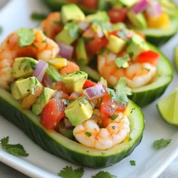 - 2 large cucumbers - 1 cup cooked shrimp, peeled and deveined - 1 ripe avocado, diced - 1 small red onion, finely chopped - 1 ripe tomato, diced - 2 tablespoons fresh lime juice - 1 tablespoon olive oil - Salt and pepper to taste - 1 teaspoon fresh cilantro, chopped (for garnish) You can add more taste to your shrimp avocado cucumber boats. Consider using: - Jalapeño for some heat - Garlic for a bold flavor - Bell peppers for crunch - Lettuce for extra texture Choosing fresh ingredients makes a big difference. Here’s how to pick the best: - Cucumbers: Look for firm cucumbers with dark green skin. Avoid soft spots. - Shrimp: Buy shrimp that is pink and smells fresh. If using frozen, thaw it safely. - Avocado: Choose avocados that yield slightly when pressed. They should not be too hard or mushy. - Onion and Tomato: Select onions with a firm texture and tomatoes that are ripe and fragrant. - Cilantro: Pick fresh cilantro with bright green leaves. Avoid yellow or wilted leaves. {{ingredient_image_1}} 1. Start by slicing your cucumbers in half lengthwise. This gives you the boat shape. 2. Use a spoon to scoop out the seeds gently. This step is key for holding the filling. 3. Place the hollowed-out cucumber halves on a platter. This makes them ready for filling. 4. In a mixing bowl, combine cooked shrimp, diced avocado, chopped red onion, and diced tomato. 5. Drizzle lime juice and olive oil over the mixture. Toss it gently to combine. 6. Season with salt and pepper. Be careful not to mash the avocado. It should stay chunky. 7. Spoon the shrimp mixture evenly into the cucumber boats. Fill them up nicely. 8. Finish by garnishing with fresh cilantro. This adds color and flavor. To make perfect cucumber boats, choose large cucumbers. They should be firm and straight. Slice them carefully to avoid breaking. Use a small spoon for scooping out seeds. A grapefruit spoon works well too. This tool has sharp edges, making it easier to scoop. Cut just enough of the center to create a cavity. You want a nice shape without breaking the skin. If you remove too much, they won’t hold the filling. Serve your shrimp avocado cucumber boats cold. They are great as an appetizer or snack. Pair them with tortilla chips for a crunchy side. You can also add a squeeze of lime on top for extra zest. Keep them chilled until serving to enjoy the fresh flavors. To keep cucumbers fresh, store them in the fridge. Wrap them in a damp paper towel. Put them in a plastic bag. This helps keep moisture in, so they stay crisp. Use them within a week for the best taste. When mixing shrimp and avocado, be gentle. Use a soft spatula to fold the ingredients. This way, the avocado stays chunky and creamy. You want the flavors to blend without mashing the avocado. Add lime juice last to keep the color bright and fresh. You can serve these boats with different dips. Try a spicy mayo or a tangy yogurt sauce. For a crunchy twist, add some chopped nuts or seeds on top. If you want a heartier meal, serve with rice or quinoa. This makes the dish more filling and satisfying. Pro Tips Choose Fresh Shrimp: Always opt for fresh or high-quality frozen shrimp for the best flavor and texture. Perfectly Ripe Avocado: Make sure your avocado is perfectly ripe for the best taste; it should yield slightly to pressure when squeezed. Chill Before Serving: For an extra refreshing dish, chill the cucumber boats in the refrigerator for about 30 minutes before serving. Customize Your Ingredients: Feel free to add other ingredients like corn or bell peppers for additional flavor and crunch. {{image_2}} You can swap shrimp for other proteins. Here are some great options: - Cooked chicken: Diced cooked chicken works well. - Crab meat: Use lump crab for a sweet taste. - Tofu: Firm tofu offers a plant-based choice. - Canned tuna: It’s easy and quick to use. These proteins keep the flavor and texture enjoyable. Simply replace shrimp in the recipe with your choice. Adding herbs and spices can change the taste. Here are some ideas: - Dill: Adds a fresh, bright flavor. - Basil: Gives a sweet and aromatic touch. - Cumin: Adds warmth and earthiness to the dish. - Chili flakes: For a bit of heat, sprinkle some in. Feel free to mix and match these flavors. It’s fun to create your own twist! If you want to make this dish vegan or gluten-free, here are some tips: - Vegan: Replace shrimp with chickpeas or lentils. They add protein and texture. - Gluten-free: This recipe is already gluten-free. Just make sure all ingredients are certified gluten-free. These substitutions keep the dish tasty while meeting your dietary needs. Enjoy the versatility of these shrimp avocado cucumber boats! To keep your shrimp avocado cucumber boats fresh, place them in an airtight container. This helps lock in flavor and prevent drying out. It is best to store them in the fridge. If you separate the shrimp mixture from the cucumbers, they will stay fresh longer. These shrimp avocado cucumber boats taste best cold. If you want to enjoy them warm, you can heat the shrimp mixture gently in a pan. Just make sure not to overcook the shrimp. After heating, let it cool a bit before adding it back to the cucumbers. The shrimp mixture can last up to two days in the fridge. The cucumbers should be eaten within a day for the best taste. If the avocado starts to brown, add a bit more lime juice. This will help keep it fresh longer. Yes, you can use frozen shrimp. Just be sure to thaw them first. You can place them in cold water for about 15 minutes. After thawing, cook them if they are not already cooked. This method makes the shrimp safe and tasty for your dish. If you have allergies, consider these swaps: - Use crab or chicken instead of shrimp. - Try a different oil like avocado oil. - Replace avocado with hummus for a creamy texture without allergens. - For a nut-free dish, skip any nuts or seeds in toppings. These swaps keep your meal delicious and safe. To reduce moisture in cucumbers, try these steps: - Slice cucumbers and sprinkle salt on them. - Let them sit for 10 minutes. - Rinse and pat dry with a paper towel. This method helps keep your cucumber boats from getting soggy. This blog post covered all you need for perfect cucumber boats. First, we discussed essential and optional ingredients, plus tips for freshness. Then, we outlined step-by-step instructions and serving suggestions. I shared tips for keeping ingredients fresh and mixing flavors well. We explored variations for proteins and dietary needs. Lastly, we went over how to store leftovers and answered common questions. Now, you can create delicious cucumber boats with ease. Enjoy your tasty creations!