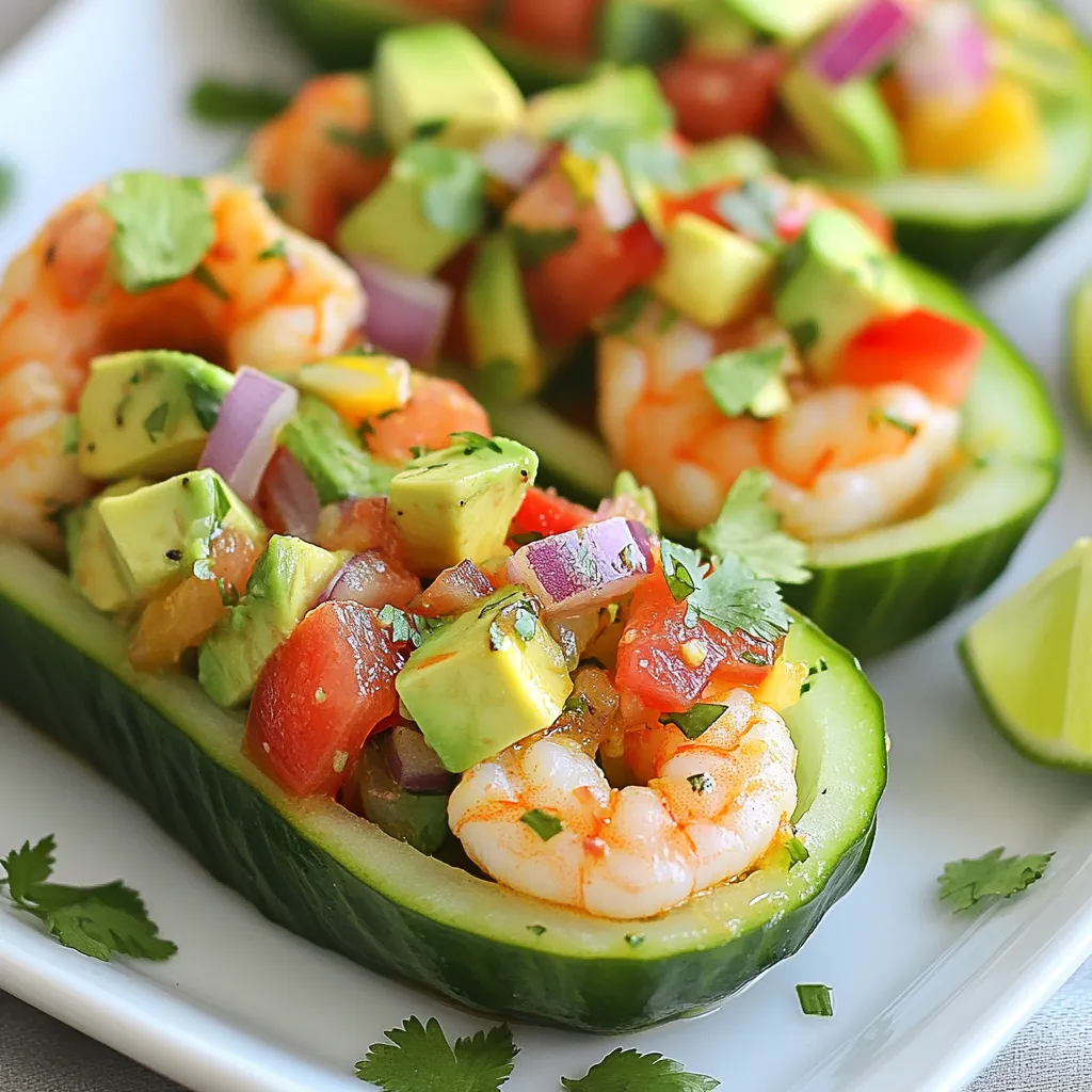 - 2 large cucumbers - 1 cup cooked shrimp, peeled and deveined - 1 ripe avocado, diced - 1 small red onion, finely chopped - 1 ripe tomato, diced - 2 tablespoons fresh lime juice - 1 tablespoon olive oil - Salt and pepper to taste - 1 teaspoon fresh cilantro, chopped (for garnish) You can add more taste to your shrimp avocado cucumber boats. Consider using: - Jalapeño for some heat - Garlic for a bold flavor - Bell peppers for crunch - Lettuce for extra texture Choosing fresh ingredients makes a big difference. Here’s how to pick the best: - Cucumbers: Look for firm cucumbers with dark green skin. Avoid soft spots. - Shrimp: Buy shrimp that is pink and smells fresh. If using frozen, thaw it safely. - Avocado: Choose avocados that yield slightly when pressed. They should not be too hard or mushy. - Onion and Tomato: Select onions with a firm texture and tomatoes that are ripe and fragrant. - Cilantro: Pick fresh cilantro with bright green leaves. Avoid yellow or wilted leaves. {{ingredient_image_1}} 1. Start by slicing your cucumbers in half lengthwise. This gives you the boat shape. 2. Use a spoon to scoop out the seeds gently. This step is key for holding the filling. 3. Place the hollowed-out cucumber halves on a platter. This makes them ready for filling. 4. In a mixing bowl, combine cooked shrimp, diced avocado, chopped red onion, and diced tomato. 5. Drizzle lime juice and olive oil over the mixture. Toss it gently to combine. 6. Season with salt and pepper. Be careful not to mash the avocado. It should stay chunky. 7. Spoon the shrimp mixture evenly into the cucumber boats. Fill them up nicely. 8. Finish by garnishing with fresh cilantro. This adds color and flavor. To make perfect cucumber boats, choose large cucumbers. They should be firm and straight. Slice them carefully to avoid breaking. Use a small spoon for scooping out seeds. A grapefruit spoon works well too. This tool has sharp edges, making it easier to scoop. Cut just enough of the center to create a cavity. You want a nice shape without breaking the skin. If you remove too much, they won’t hold the filling. Serve your shrimp avocado cucumber boats cold. They are great as an appetizer or snack. Pair them with tortilla chips for a crunchy side. You can also add a squeeze of lime on top for extra zest. Keep them chilled until serving to enjoy the fresh flavors. To keep cucumbers fresh, store them in the fridge. Wrap them in a damp paper towel. Put them in a plastic bag. This helps keep moisture in, so they stay crisp. Use them within a week for the best taste. When mixing shrimp and avocado, be gentle. Use a soft spatula to fold the ingredients. This way, the avocado stays chunky and creamy. You want the flavors to blend without mashing the avocado. Add lime juice last to keep the color bright and fresh. You can serve these boats with different dips. Try a spicy mayo or a tangy yogurt sauce. For a crunchy twist, add some chopped nuts or seeds on top. If you want a heartier meal, serve with rice or quinoa. This makes the dish more filling and satisfying. Pro Tips Choose Fresh Shrimp: Always opt for fresh or high-quality frozen shrimp for the best flavor and texture. Perfectly Ripe Avocado: Make sure your avocado is perfectly ripe for the best taste; it should yield slightly to pressure when squeezed. Chill Before Serving: For an extra refreshing dish, chill the cucumber boats in the refrigerator for about 30 minutes before serving. Customize Your Ingredients: Feel free to add other ingredients like corn or bell peppers for additional flavor and crunch. {{image_2}} You can swap shrimp for other proteins. Here are some great options: - Cooked chicken: Diced cooked chicken works well. - Crab meat: Use lump crab for a sweet taste. - Tofu: Firm tofu offers a plant-based choice. - Canned tuna: It’s easy and quick to use. These proteins keep the flavor and texture enjoyable. Simply replace shrimp in the recipe with your choice. Adding herbs and spices can change the taste. Here are some ideas: - Dill: Adds a fresh, bright flavor. - Basil: Gives a sweet and aromatic touch. - Cumin: Adds warmth and earthiness to the dish. - Chili flakes: For a bit of heat, sprinkle some in. Feel free to mix and match these flavors. It’s fun to create your own twist! If you want to make this dish vegan or gluten-free, here are some tips: - Vegan: Replace shrimp with chickpeas or lentils. They add protein and texture. - Gluten-free: This recipe is already gluten-free. Just make sure all ingredients are certified gluten-free. These substitutions keep the dish tasty while meeting your dietary needs. Enjoy the versatility of these shrimp avocado cucumber boats! To keep your shrimp avocado cucumber boats fresh, place them in an airtight container. This helps lock in flavor and prevent drying out. It is best to store them in the fridge. If you separate the shrimp mixture from the cucumbers, they will stay fresh longer. These shrimp avocado cucumber boats taste best cold. If you want to enjoy them warm, you can heat the shrimp mixture gently in a pan. Just make sure not to overcook the shrimp. After heating, let it cool a bit before adding it back to the cucumbers. The shrimp mixture can last up to two days in the fridge. The cucumbers should be eaten within a day for the best taste. If the avocado starts to brown, add a bit more lime juice. This will help keep it fresh longer. Yes, you can use frozen shrimp. Just be sure to thaw them first. You can place them in cold water for about 15 minutes. After thawing, cook them if they are not already cooked. This method makes the shrimp safe and tasty for your dish. If you have allergies, consider these swaps: - Use crab or chicken instead of shrimp. - Try a different oil like avocado oil. - Replace avocado with hummus for a creamy texture without allergens. - For a nut-free dish, skip any nuts or seeds in toppings. These swaps keep your meal delicious and safe. To reduce moisture in cucumbers, try these steps: - Slice cucumbers and sprinkle salt on them. - Let them sit for 10 minutes. - Rinse and pat dry with a paper towel. This method helps keep your cucumber boats from getting soggy. This blog post covered all you need for perfect cucumber boats. First, we discussed essential and optional ingredients, plus tips for freshness. Then, we outlined step-by-step instructions and serving suggestions. I shared tips for keeping ingredients fresh and mixing flavors well. We explored variations for proteins and dietary needs. Lastly, we went over how to store leftovers and answered common questions. Now, you can create delicious cucumber boats with ease. Enjoy your tasty creations!