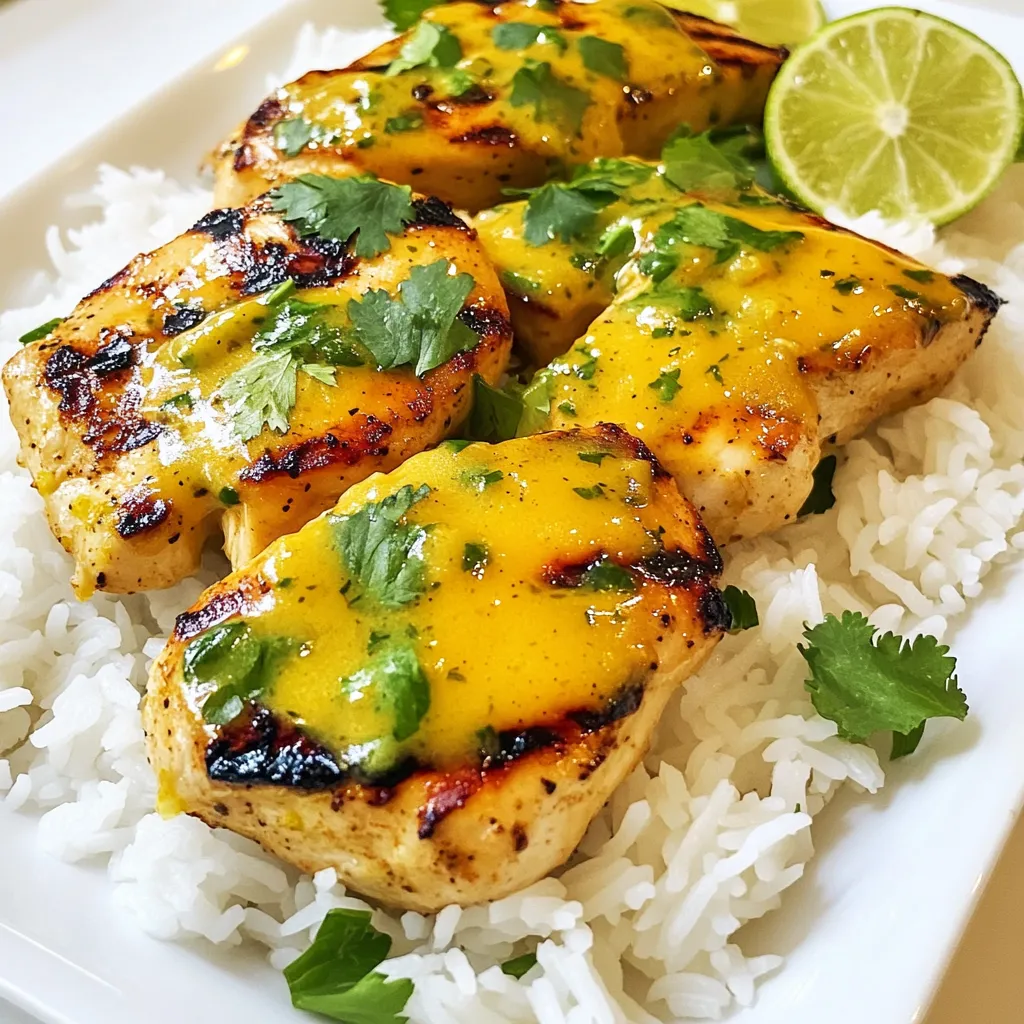 To make Coconut Lime Chicken, you'll need the following main ingredients: - 4 boneless, skinless chicken breasts - 1 can (14 oz) coconut milk - 2 limes (zest and juice) - 3 tablespoons honey - 4 garlic cloves, minced - 1 teaspoon ground ginger - 1 teaspoon salt - ½ teaspoon black pepper - 1 tablespoon olive oil These ingredients come together to create a dish that is tasty and simple. The chicken is juicy, and the flavors are bright and fresh. The marinade is key to this dish. It features coconut milk, lime zest, lime juice, honey, minced garlic, ground ginger, salt, and black pepper. - Coconut milk adds creaminess and a slight sweetness. - Lime zest and juice provide a zesty kick and freshness. - Honey balances the tartness with a touch of sweetness. - Garlic and ginger add depth and warmth to the flavor. This marinade helps tenderize the chicken and infuses it with flavor. Marinating for at least one hour gives the best results. You can elevate your Coconut Lime Chicken with a few simple garnishes and sides: - Fresh cilantro, chopped (for garnish) - Lime wedges (for serving) - Fluffy jasmine rice (to soak up the sauce) Garnishing with cilantro adds color and freshness. Serving with rice makes each bite even more delightful. These options enhance the meal and make it visually appealing. {{ingredient_image_1}} To make the marinade, grab a mixing bowl. Whisk together these ingredients: - 1 can (14 oz) coconut milk - Zest and juice of 2 limes - 3 tablespoons honey - 4 minced garlic cloves - 1 teaspoon ground ginger - 1 teaspoon salt - ½ teaspoon black pepper Mix until smooth. This marinade brings out amazing flavors in the chicken. Now, take your four boneless, skinless chicken breasts. Place them in a large zip-top bag or a shallow dish. Pour half of your coconut lime marinade over the chicken. Seal the bag or cover the dish. Marinate in the fridge for at least 1 hour. For even more flavor, marinate overnight. You can cook the chicken in two ways: grilling or pan-searing. For grilling: 1. Preheat your grill to medium heat. 2. Remove the chicken from the marinade and toss the used marinade. 3. Grill each piece for about 6-7 minutes on each side. 4. Check that the internal temperature reaches 165°F. You want nice grill marks! For pan-searing: 1. Heat a skillet over medium heat. 2. Add 1 tablespoon of olive oil. 3. Sear the chicken for 6-7 minutes on each side. 4. Again, check that the chicken hits 165°F. Either method works great. I love grilling for those smoky flavors, but pan-searing is quick and easy too. To get the best flavor, start with fresh ingredients. Use ripe limes for juice and zest. The honey adds a nice sweetness. Let the chicken marinate for at least one hour. For more flavor, marinate it overnight. This lets the chicken absorb the tasty coconut lime mix. Make sure your grill or skillet is hot before adding the chicken. This helps create a nice crust. Cook the chicken for about 6-7 minutes on each side. Use a meat thermometer to check the temperature. The chicken should reach 165°F. Let it rest for a few minutes after cooking. This keeps the chicken juicy and flavorful. Serve the chicken on a big platter. Drizzle the thickened sauce all over the top. Garnish with fresh cilantro for a pop of color. Add lime wedges for extra zing. Pair it with fluffy jasmine rice. The rice soaks up the coconut lime sauce perfectly. You can also add a side of steamed veggies for a complete meal. Pro Tips Marinate Longer for Flavor: For the best flavor, marinate the chicken overnight. This allows the flavors to penetrate deeper into the meat, resulting in a more flavorful dish. Use Fresh Ingredients: Always opt for fresh limes and garlic for a brighter, more vibrant taste. Fresh ingredients can elevate the overall flavor profile of the dish. Check Chicken Temperature: Ensure the chicken is fully cooked by using a meat thermometer. The internal temperature should reach 165°F for safe consumption. Garnish for Presentation: Garnish with additional lime wedges and cilantro right before serving. This adds a pop of color and enhances the visual appeal of the dish. {{image_2}} You can easily add vegetables to your Coconut Lime Chicken. I like to use bell peppers, zucchini, and snap peas. They add color and crunch. Start by slicing the veggies into bite-sized pieces. Toss them with the remaining marinade. When the chicken is almost done cooking, add the veggies to the grill or skillet. Cook them until they are tender and bright. This makes a complete meal that is tasty and healthy. If you want to switch things up, try other proteins. Shrimp or tofu work great with this recipe. For shrimp, marinate them just like the chicken. Cook them for about 3-4 minutes on each side. Tofu can be cubed and marinated. Grill or pan-sear until golden brown. Both options soak up the coconut lime flavor well. You can enjoy a new twist on this dish! For those who love heat, you can make Spicy Coconut Lime Chicken. Add red pepper flakes or diced jalapeños to the marinade. This gives a kick to the dish. When the chicken cooks, it will have a nice spicy flavor. You can also serve it with a side of cooling yogurt sauce. This balance makes every bite exciting and flavorful. To store leftover Coconut Lime Chicken, let it cool first. Place the chicken in an airtight container. Make sure to cover it well. Store it in the fridge for up to three days. This keeps the chicken fresh and tasty. Always label the container with the date for easy tracking. When you're ready to enjoy leftovers, you can reheat the chicken. The best way is in the oven or on the stove. For oven reheating, preheat to 350°F. Place the chicken on a baking dish and cover it with foil. Heat for about 15-20 minutes. If using the stove, warm the chicken in a skillet over medium heat. Add a splash of coconut milk to keep it moist. Always check that the chicken reaches 165°F before eating. You can freeze Coconut Lime Chicken for later. First, let it cool completely. Wrap each piece tightly in plastic wrap, then place them in a freezer bag. Remove as much air as possible. Label the bag with the date. This chicken can last up to three months in the freezer. To thaw, place it in the fridge overnight before reheating. Yes, you can use frozen chicken breasts. Just remember to thaw them first. Thawing helps the marinade soak in better. You can leave them in the fridge overnight. If you are in a hurry, place them in cold water for faster thawing. Coconut Lime Chicken pairs well with many sides. Here are some options: - Jasmine rice to soak up the sauce - Steamed broccoli for a green touch - Grilled veggies for a colorful plate - Quinoa for a healthy grain choice - A fresh salad with lime vinaigrette To check if the chicken is done, use a meat thermometer. The internal temperature should reach 165°F. If you don’t have a thermometer, cut into the thickest part. The meat should be white, not pink. Juices should run clear, not red. Yes, this recipe is already dairy-free! It uses coconut milk, which adds creaminess without dairy. This makes it a great option for lactose-free diets. Enjoy the rich flavor without any concerns! Coconut lime chicken is a tasty dish full of flavor. We discussed key ingredients and how to marinate the meat. You learned two cooking methods: grilling and pan-searing. I shared tips for juicy chicken, serving ideas, and even ways to store leftovers. You can mix it up with veggies or spice it up. This dish fits every taste and is easy to make. Enjoy this delicious recipe anytime!
