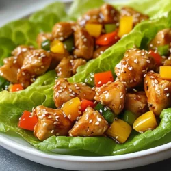 To make tasty teriyaki chicken lettuce wraps, you need these main ingredients: - 1 lb chicken breast, diced - 1/4 cup soy sauce (or low-sodium soy sauce) - 2 tablespoons honey - 1 tablespoon rice vinegar - 1 tablespoon sesame oil - 1 tablespoon fresh ginger, minced - 2 cloves garlic, minced - 1/2 cup bell pepper, diced (any color) - 1/2 cup carrots, grated - 1/4 cup green onions, sliced - 1 head of butter or romaine lettuce, leaves separated - Sesame seeds for garnish You can customize your wraps with these optional ingredients: - Avocado slices for creaminess - Cucumber strips for crunch - Sriracha for heat - Chopped cilantro for fresh flavor To prepare your teriyaki chicken lettuce wraps, gather these tools: - Medium bowl for mixing - Large pan or skillet for cooking - Whisk for blending ingredients - Knife and cutting board for chopping - Serving platter for presentation These ingredients and tools set you up for a fun cooking experience. With the right items, you can create a meal that's both easy and delicious. Enjoy making your wraps! {{ingredient_image_1}} Start by gathering your ingredients for the marinade. You need soy sauce, honey, rice vinegar, sesame oil, fresh ginger, and garlic. In a medium bowl, mix these ingredients together. Whisk them until they blend well. This mix will be your teriyaki sauce, full of flavor and sweetness. Now, take your diced chicken breast and add it to the bowl. Make sure each piece is covered in the marinade. This step is vital. Let the chicken sit for at least 15 minutes. This soaking lets the flavors seep into the meat. You can even let it sit longer for a richer taste. Heat a large skillet over medium-high heat. Add the marinated chicken and all the sauce to the pan. Cook for about 7 to 10 minutes. Stir often to cook evenly. You want the chicken to turn golden and caramelized. When it’s done, toss in the bell pepper and grated carrots. Sauté for another 2 to 3 minutes. This keeps the veggies crunchy and bright. Once the chicken and veggies are ready, remove the skillet from heat. Add in the sliced green onions for a fresh taste. Now, it’s time to build your wraps. Take a lettuce leaf and place a generous scoop of the chicken mix in the center. Sprinkle some sesame seeds on top. Fold the lettuce around the filling loosely. Enjoy your tasty, healthy meal! To make great teriyaki sauce, balance is key. Use equal parts soy sauce and honey. This mix gives you sweet and salty flavors. Add rice vinegar for a tangy kick. Sesame oil adds a rich aroma. Fresh ginger and garlic boost the sauce with warmth. Whisk all the ingredients until smooth. Taste and adjust as needed. If you want it thicker, simmer it on low heat. For the best wraps, choose tender lettuce. Butter or romaine lettuce works well. Butter lettuce has soft, flexible leaves. They easily hold the filling. Romaine is crisp and sturdy. It adds a nice crunch. You can also use iceberg for a classic crunch. Try to pick fresh leaves without brown spots. This will make your wraps look and taste better. To keep chicken tender, use the right cooking method. Start with marinating the chicken. This adds flavor and moisture. Cook on medium-high heat for quick cooking. Stir occasionally to avoid burning. Make sure the chicken reaches 165°F. This ensures it is safe to eat. If you want even more tenderness, try using a meat mallet. This breaks down the fibers and makes it juicy. Pro Tips Marinating Time: For deeper flavor, marinate the chicken for at least 30 minutes or up to 2 hours in the refrigerator. Crunch Factor: Add chopped water chestnuts to the filling for an extra crunch and texture contrast. Vegetable Variations: Feel free to mix in other vegetables like cucumbers or snap peas for added freshness. Serving Suggestions: Serve with a side of steamed rice or quinoa for a more filling meal option. {{image_2}} You can make these wraps without chicken. Instead, use tofu or tempeh. Cut them into small cubes. Marinate them just like you would the chicken. This gives them great flavor. You can also use chickpeas or lentils for protein. Both are tasty and filling. Feel free to mix in any veggies you like. Shredded cabbage adds a nice crunch. You can also try sliced cucumbers for freshness. Radishes give a peppery taste that works well, too. Just chop your chosen veggies and add them to the skillet with the chicken. You’ll make your wraps colorful and healthy. If you want to change the flavor, switch up the sauce. Try using hoisin sauce instead of teriyaki. This adds a rich sweetness. You can also mix in chili paste for some heat. For a tangy twist, add lime juice to your marinade. Each change gives your wraps a new spin. After enjoying your teriyaki chicken lettuce wraps, you may have some leftovers. To store these wraps, place the filling in an airtight container. Keep the lettuce leaves separate to prevent them from getting soggy. This way, the wraps stay fresh and crisp. To reheat the chicken filling, use a skillet over medium heat. Add a splash of water or broth to keep it moist. Stir the filling until it's heated through. Avoid microwaving, as this can make the chicken rubbery. Serve the warm filling in fresh lettuce leaves for the best taste. You can keep the chicken filling in the fridge for up to three days. Make sure the container is sealed well. If you notice any changes in smell or texture, discard it. The lettuce leaves should be used within a day for the best crunch. I recommend using chicken breast for teriyaki wraps. It cooks quickly and stays juicy. You can also use thighs if you like darker meat. Both options absorb the teriyaki sauce well. Diced pieces work best, as they fit nicely in the lettuce wraps. Yes, you can prepare this recipe ahead of time. Marinate the chicken and store it in the fridge for up to 24 hours. When you’re ready to cook, just sauté the chicken and veggies. You can also chop the vegetables earlier. This saves time for busy days. To spice up your teriyaki wraps, add chili paste to the marinade. Sriracha is a great option, too. You can also mix in some red pepper flakes. For fresh heat, add sliced jalapeños to your wraps. Adjust the spice level to suit your taste. Teriyaki chicken lettuce wraps offer a tasty blend of flavors and textures. We explored key ingredients, cooking steps, and helpful tips for success. You learned how to customize your wraps with options like different veggies and sauces. Remember, storing leftovers correctly ensures you enjoy them later. Try this dish to impress your family and friends. With these ideas, you can create your own unique wraps. Enjoy your cooking adventure!