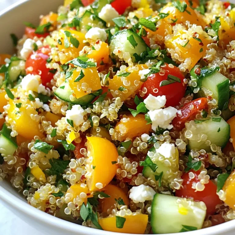 To make this tasty Lemon Herb Quinoa Salad, gather these ingredients: - 1 cup quinoa - 2 cups vegetable broth or water - 1 large cucumber, diced - 1 bell pepper (red or yellow), diced - 1 cup cherry tomatoes, halved - 1/4 red onion, finely chopped - 1/2 cup fresh parsley, chopped - 1/4 cup fresh mint, chopped - Zest and juice of 1 large lemon - 3 tablespoons olive oil - Salt and pepper to taste - 1/4 cup feta cheese (optional) You can customize your salad with these options: - Chickpeas for more protein - Avocado for creaminess - Spinach or arugula for extra greens - Toasted nuts like almonds or walnuts for crunch Each serving of this salad provides: - Approx. 200 calories - 8g protein - 10g fat - 24g carbohydrates - 5g fiber - Rich in vitamins A and C This salad is not just fresh and tasty; it also gives you good nutrition. You can feel great about serving it! {{ingredient_image_1}} Start by rinsing the quinoa. Use cold water to wash away any bitter taste. Drain it well. In a medium saucepan, combine the rinsed quinoa and two cups of vegetable broth or water. Bring it to a boil over medium heat. Once it boils, reduce the heat to low. Cover the pot and let it simmer. In about 15 minutes, the quinoa will be fluffy and the liquid will be gone. Remove it from heat and let it cool for a few minutes. While the quinoa cools, prepare the vegetables. In a large bowl, add the diced cucumber, bell pepper, cherry tomatoes, and red onion. Then, toss in the chopped parsley and mint. These fresh veggies add bright colors and great flavors. Make sure everything is evenly mixed. This step is key for a tasty salad. Next, it's time to make the dressing. In a small bowl or jar, whisk together the zest and juice of one large lemon. Add three tablespoons of olive oil, salt, and pepper. Whisk until it’s well blended. This dressing brings all the flavors together and adds a zesty kick. Once the quinoa has cooled, add it to the bowl with the vegetables. Pour the dressing over the top. Toss everything gently to combine. If you like, crumble some feta cheese on top. Finally, taste the salad and adjust the seasoning if needed. You can add more salt, pepper, or lemon juice. Enjoy your fresh and flavorful Lemon Herb Quinoa Salad! To make the Lemon Herb Quinoa Salad burst with flavor, you can adjust the seasoning. Start with salt and pepper. Taste the salad after you mix in the dressing. If it needs more zing, add more lemon juice. You can also try a pinch of garlic powder for a savory touch. Fresh herbs like parsley and mint add bright notes. Play with the amounts until it tastes just right. Getting the quinoa just right is key. Rinse it well before cooking to remove bitterness. Use vegetable broth instead of water for more flavor. When cooking, bring it to a boil, then lower the heat to simmer. Cover it tightly. After 15 minutes, check if all the liquid is gone. Fluff the quinoa with a fork. This helps keep it light and airy, which makes the salad better. Serving the salad nicely can make it more appealing. Use a large bowl or individual plates. For a pop of color, garnish with extra herbs or a lemon wedge. You can also sprinkle some crumbled feta cheese on top before serving. This gives a nice contrast to the fresh veggies. A well-presented salad makes every bite more enjoyable! Pro Tips Rinse the Quinoa: Always rinse quinoa under cold water before cooking to remove its natural coating, called saponin, which can give it a bitter taste. Let It Cool: Allow the quinoa to cool slightly after cooking before mixing it with the vegetables to maintain their texture and prevent wilting. Fresh Herbs: Use fresh herbs for the best flavor; if you can, add them just before serving to keep their vibrant taste and color. Adjust to Taste: Don’t hesitate to adjust the seasoning; taste the salad before serving and add more lemon juice, salt, or pepper as needed. {{image_2}} You can easily make this salad vegetarian or vegan. Just skip the feta cheese. You can still enjoy all the fresh flavors. Adding more veggies can also boost taste. Try adding avocado for creaminess or roasted squash for a sweet touch. For extra protein, add chickpeas or black beans. You can also mix in chopped grilled chicken or shrimp if you prefer meat. Other veggies like corn or carrots add crunch and color. Use what you have on hand. This makes the salad more filling and fun. Mixing herbs can change the flavor. You can use basil or cilantro instead of parsley. If you want a more Mediterranean taste, try adding dill. Each herb brings its own special flavor. Experiment with your favorites to find the best combo! To keep your Lemon Herb Quinoa Salad fresh, store it in an airtight container. Place it in the fridge right after serving. This dish lasts about three days. If you notice any excess water, drain it before serving again. This helps maintain the salad's texture. Meal prep makes this salad easy to enjoy all week. Cook the quinoa ahead of time and let it cool. Chop your veggies and herbs in advance. Store each item separately in the fridge. When you're ready to eat, mix them together. This keeps everything crisp and fresh. Add the dressing just before serving to avoid soggy quinoa. If you want to reheat your quinoa salad, do it gently. Place the salad in a microwave-safe bowl. Heat it for about 30 seconds at a time. Stir between each session. You may prefer to serve this salad cold, but if you enjoy it warm, this works well. For best taste, avoid reheating more than once. You can make this salad a day ahead. Just prepare the quinoa and let it cool. Mix the veggies and dressing separately. Combine them right before serving. This keeps the salad fresh and crunchy. Yes, you can use other grains. Try brown rice, farro, or even barley. Each grain adds a unique flavor and texture. Make sure to adjust the cooking time based on the grain you choose. Serve this salad chilled or at room temperature. It makes a great side dish or a light meal. Pair it with grilled chicken or fish for a balanced plate. You can also add it to a wrap for a tasty lunch. Yes, this salad is gluten-free. Quinoa is naturally gluten-free. This makes it a great choice for those with gluten sensitivities or celiac disease. Always check any added ingredients, like feta, to ensure they are also gluten-free. Absolutely! Nuts and seeds add great texture. Try adding walnuts, almonds, or pumpkin seeds. Just toast them lightly for more flavor. This will enhance the overall taste of your salad. In this post, I shared how to make a tasty Lemon Herb Quinoa Salad. We covered the key ingredients, step-by-step instructions, and helpful tips. You learned about variations for personal taste and how to store leftovers well. This salad is easy to customize and perfect for any meal. Remember, it’s packed with nutrients and flavor. Enjoy making your salad unique! I hope you find joy in creating and sharing this healthy dish.