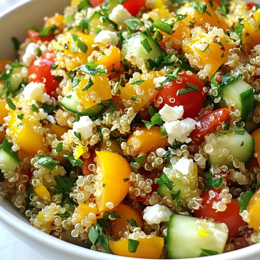 To make this tasty Lemon Herb Quinoa Salad, gather these ingredients: - 1 cup quinoa - 2 cups vegetable broth or water - 1 large cucumber, diced - 1 bell pepper (red or yellow), diced - 1 cup cherry tomatoes, halved - 1/4 red onion, finely chopped - 1/2 cup fresh parsley, chopped - 1/4 cup fresh mint, chopped - Zest and juice of 1 large lemon - 3 tablespoons olive oil - Salt and pepper to taste - 1/4 cup feta cheese (optional) You can customize your salad with these options: - Chickpeas for more protein - Avocado for creaminess - Spinach or arugula for extra greens - Toasted nuts like almonds or walnuts for crunch Each serving of this salad provides: - Approx. 200 calories - 8g protein - 10g fat - 24g carbohydrates - 5g fiber - Rich in vitamins A and C This salad is not just fresh and tasty; it also gives you good nutrition. You can feel great about serving it! {{ingredient_image_1}} Start by rinsing the quinoa. Use cold water to wash away any bitter taste. Drain it well. In a medium saucepan, combine the rinsed quinoa and two cups of vegetable broth or water. Bring it to a boil over medium heat. Once it boils, reduce the heat to low. Cover the pot and let it simmer. In about 15 minutes, the quinoa will be fluffy and the liquid will be gone. Remove it from heat and let it cool for a few minutes. While the quinoa cools, prepare the vegetables. In a large bowl, add the diced cucumber, bell pepper, cherry tomatoes, and red onion. Then, toss in the chopped parsley and mint. These fresh veggies add bright colors and great flavors. Make sure everything is evenly mixed. This step is key for a tasty salad. Next, it's time to make the dressing. In a small bowl or jar, whisk together the zest and juice of one large lemon. Add three tablespoons of olive oil, salt, and pepper. Whisk until it’s well blended. This dressing brings all the flavors together and adds a zesty kick. Once the quinoa has cooled, add it to the bowl with the vegetables. Pour the dressing over the top. Toss everything gently to combine. If you like, crumble some feta cheese on top. Finally, taste the salad and adjust the seasoning if needed. You can add more salt, pepper, or lemon juice. Enjoy your fresh and flavorful Lemon Herb Quinoa Salad! To make the Lemon Herb Quinoa Salad burst with flavor, you can adjust the seasoning. Start with salt and pepper. Taste the salad after you mix in the dressing. If it needs more zing, add more lemon juice. You can also try a pinch of garlic powder for a savory touch. Fresh herbs like parsley and mint add bright notes. Play with the amounts until it tastes just right. Getting the quinoa just right is key. Rinse it well before cooking to remove bitterness. Use vegetable broth instead of water for more flavor. When cooking, bring it to a boil, then lower the heat to simmer. Cover it tightly. After 15 minutes, check if all the liquid is gone. Fluff the quinoa with a fork. This helps keep it light and airy, which makes the salad better. Serving the salad nicely can make it more appealing. Use a large bowl or individual plates. For a pop of color, garnish with extra herbs or a lemon wedge. You can also sprinkle some crumbled feta cheese on top before serving. This gives a nice contrast to the fresh veggies. A well-presented salad makes every bite more enjoyable! Pro Tips Rinse the Quinoa: Always rinse quinoa under cold water before cooking to remove its natural coating, called saponin, which can give it a bitter taste. Let It Cool: Allow the quinoa to cool slightly after cooking before mixing it with the vegetables to maintain their texture and prevent wilting. Fresh Herbs: Use fresh herbs for the best flavor; if you can, add them just before serving to keep their vibrant taste and color. Adjust to Taste: Don’t hesitate to adjust the seasoning; taste the salad before serving and add more lemon juice, salt, or pepper as needed. {{image_2}} You can easily make this salad vegetarian or vegan. Just skip the feta cheese. You can still enjoy all the fresh flavors. Adding more veggies can also boost taste. Try adding avocado for creaminess or roasted squash for a sweet touch. For extra protein, add chickpeas or black beans. You can also mix in chopped grilled chicken or shrimp if you prefer meat. Other veggies like corn or carrots add crunch and color. Use what you have on hand. This makes the salad more filling and fun. Mixing herbs can change the flavor. You can use basil or cilantro instead of parsley. If you want a more Mediterranean taste, try adding dill. Each herb brings its own special flavor. Experiment with your favorites to find the best combo! To keep your Lemon Herb Quinoa Salad fresh, store it in an airtight container. Place it in the fridge right after serving. This dish lasts about three days. If you notice any excess water, drain it before serving again. This helps maintain the salad's texture. Meal prep makes this salad easy to enjoy all week. Cook the quinoa ahead of time and let it cool. Chop your veggies and herbs in advance. Store each item separately in the fridge. When you're ready to eat, mix them together. This keeps everything crisp and fresh. Add the dressing just before serving to avoid soggy quinoa. If you want to reheat your quinoa salad, do it gently. Place the salad in a microwave-safe bowl. Heat it for about 30 seconds at a time. Stir between each session. You may prefer to serve this salad cold, but if you enjoy it warm, this works well. For best taste, avoid reheating more than once. You can make this salad a day ahead. Just prepare the quinoa and let it cool. Mix the veggies and dressing separately. Combine them right before serving. This keeps the salad fresh and crunchy. Yes, you can use other grains. Try brown rice, farro, or even barley. Each grain adds a unique flavor and texture. Make sure to adjust the cooking time based on the grain you choose. Serve this salad chilled or at room temperature. It makes a great side dish or a light meal. Pair it with grilled chicken or fish for a balanced plate. You can also add it to a wrap for a tasty lunch. Yes, this salad is gluten-free. Quinoa is naturally gluten-free. This makes it a great choice for those with gluten sensitivities or celiac disease. Always check any added ingredients, like feta, to ensure they are also gluten-free. Absolutely! Nuts and seeds add great texture. Try adding walnuts, almonds, or pumpkin seeds. Just toast them lightly for more flavor. This will enhance the overall taste of your salad. In this post, I shared how to make a tasty Lemon Herb Quinoa Salad. We covered the key ingredients, step-by-step instructions, and helpful tips. You learned about variations for personal taste and how to store leftovers well. This salad is easy to customize and perfect for any meal. Remember, it’s packed with nutrients and flavor. Enjoy making your salad unique! I hope you find joy in creating and sharing this healthy dish.