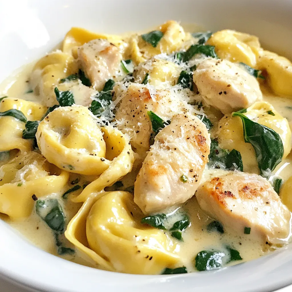 - 2 cups fresh cheese tortellini - 1 lb diced chicken breast - 3 tablespoons olive oil - 4 cloves garlic, minced - 1 cup heavy cream - 1 cup chicken broth - 1 cup chopped spinach - 1 teaspoon Italian seasoning - Salt and pepper to taste - 1/2 cup grated Parmesan cheese - Fresh basil for garnish (optional) The right ingredients are key to making creamy garlic chicken tortellini skillet shine. Start with fresh cheese tortellini. This gives your dish a nice texture. Use diced chicken breast for protein. Chicken cooks fast and stays juicy. Olive oil adds flavor and helps cook the chicken. Minced garlic is a must. It brings a strong, tasty aroma. For the sauce, heavy cream gives it a rich and creamy finish. Chicken broth adds depth to the flavor. Spinach adds color and nutrients. Italian seasoning brings all the flavors together. Don’t forget salt and pepper to enhance the taste. For garnishing, I love using grated Parmesan cheese. It melts beautifully and adds a nice bite. Fresh basil on top looks great and adds a fresh taste. This combination of ingredients makes a meal that is both simple and delicious. {{ingredient_image_1}} - Heat 3 tablespoons of olive oil in a large skillet over medium heat. You want it hot enough to cook the chicken well. - Add 1 pound of diced chicken breast to the skillet. Season it with salt, pepper, and 1 teaspoon of Italian seasoning. Cook the chicken for about 6-8 minutes. It should turn golden brown and be fully cooked. Use a spatula to stir it often for even cooking. - Once the chicken is cooked, add 4 minced garlic cloves to the skillet. Sauté them for 1-2 minutes. The garlic will smell amazing and add great flavor. - Pour in 1 cup of chicken broth and 1 cup of heavy cream. Stir everything together to blend the flavors. Bring the mixture to a gentle simmer. This will help the sauce thicken a bit. - Now, add 2 cups of fresh cheese tortellini to the skillet. Cook according to the package instructions, usually about 3-5 minutes. Stir occasionally to prevent sticking. - When the tortellini is tender, stir in 1 cup of chopped spinach and 1/2 cup of grated Parmesan cheese. Cook for another 2 minutes until the spinach wilts and everything is well mixed. Enjoy the creamy goodness! To ensure the chicken is cooked through, use a meat thermometer. The chicken should reach 165°F. This keeps it juicy and safe to eat. Cook it until golden brown. This adds flavor and texture. For a creamy sauce, don’t rush the simmering step. Allow the heavy cream and chicken broth to blend well. Stir often to prevent sticking. If the sauce seems too thick, add a splash of chicken broth. This helps keep it silky and smooth. If you need an alternative for heavy cream, consider using half-and-half or coconut cream. This makes the dish lighter but still tasty. You can also try Greek yogurt for a tangy twist. When it comes to tortellini, fresh is best for this dish. However, if you have frozen tortellini, that works too. Just increase the cooking time by a couple of minutes. Always check the package for specific cooking times. Pair creamy garlic chicken tortellini with a simple side salad. A light green salad enhances the meal without overpowering it. Garlic bread is another great choice. It complements the flavors and adds crunch. For storage, keep any leftovers in an airtight container. They will stay fresh in the fridge for 3-4 days. To reheat, use low heat on the stove. This helps maintain the sauce's creaminess. Pro Tips Use Fresh Tortellini: Fresh tortellini offers a superior texture and flavor compared to dried. If you can find it, opt for fresh for the best results! Adjust the Creaminess: If you prefer a lighter dish, you can substitute half of the heavy cream with additional chicken broth or use a light cream alternative. Add More Veggies: Feel free to toss in other vegetables like bell peppers or mushrooms for added color and nutrition. Leftover Storage: This dish can be stored in an airtight container in the refrigerator for up to three days. Reheat gently on the stove to prevent the tortellini from becoming mushy. {{image_2}} You can switch up the protein in this dish. If you want to use shrimp, it cooks quickly and adds a nice flavor. Just sauté the shrimp until they turn pink. Tofu is a great vegetarian option. Use firm tofu, and sauté it until golden. Both choices work well with the creamy sauce. Want to make the sauce even richer? Add sun-dried tomatoes for a burst of flavor. They bring a sweet and tangy taste that pairs well with the cream. You can also try different cheeses. Mixing in goat cheese or mozzarella can change the texture and taste. Experiment with what you have on hand! To spice things up, add red pepper flakes. This will give the dish a nice kick without overwhelming it. You can also enhance the flavor with fresh herbs like thyme or rosemary. These herbs add a fragrant touch and elevate the dish. Remember to taste as you go, and adjust to your liking! Store leftovers in an airtight container. This keeps the dish fresh. You can keep it in the fridge for 3 to 4 days. Always let it cool down before sealing. To freeze, place the cooled leftovers in a freezer-safe container. Make sure to leave some space for expansion. You can keep it in the freezer for up to 3 months. When you’re ready to eat, thaw it overnight in the fridge. To reheat, use a skillet over low heat. Add a splash of chicken broth or cream to keep the sauce creamy. Stir it gently to avoid a watery sauce. You can also microwave it but stir every minute for even heating. You can use half-and-half or coconut cream. Half-and-half gives a creamy texture but has less fat than heavy cream. Coconut cream works well too, adding a slight coconut flavor. Both options keep the dish rich and delicious. Yes, you can prep this dish ahead. Cook the chicken and make the sauce. Then, store them separately from the tortellini. When ready to eat, cook the tortellini and combine everything. This method keeps it fresh and tasty. This dish lasts about three to four days in the fridge. Always store it in an airtight container. Check for any off smells or changes in texture before eating. If it looks or smells strange, throw it away. This blog covered a delicious creamy garlic chicken tortellini recipe. We explored key ingredients, step-by-step instructions, and handy tips for success. You learned about ingredient substitutions, variations, and how to store leftovers properly. Cooking should be fun and simple. I hope you feel ready to try this recipe. Enjoy making this tasty dish, and don't hesitate to get creative with flavors! Your kitchen adventures await!