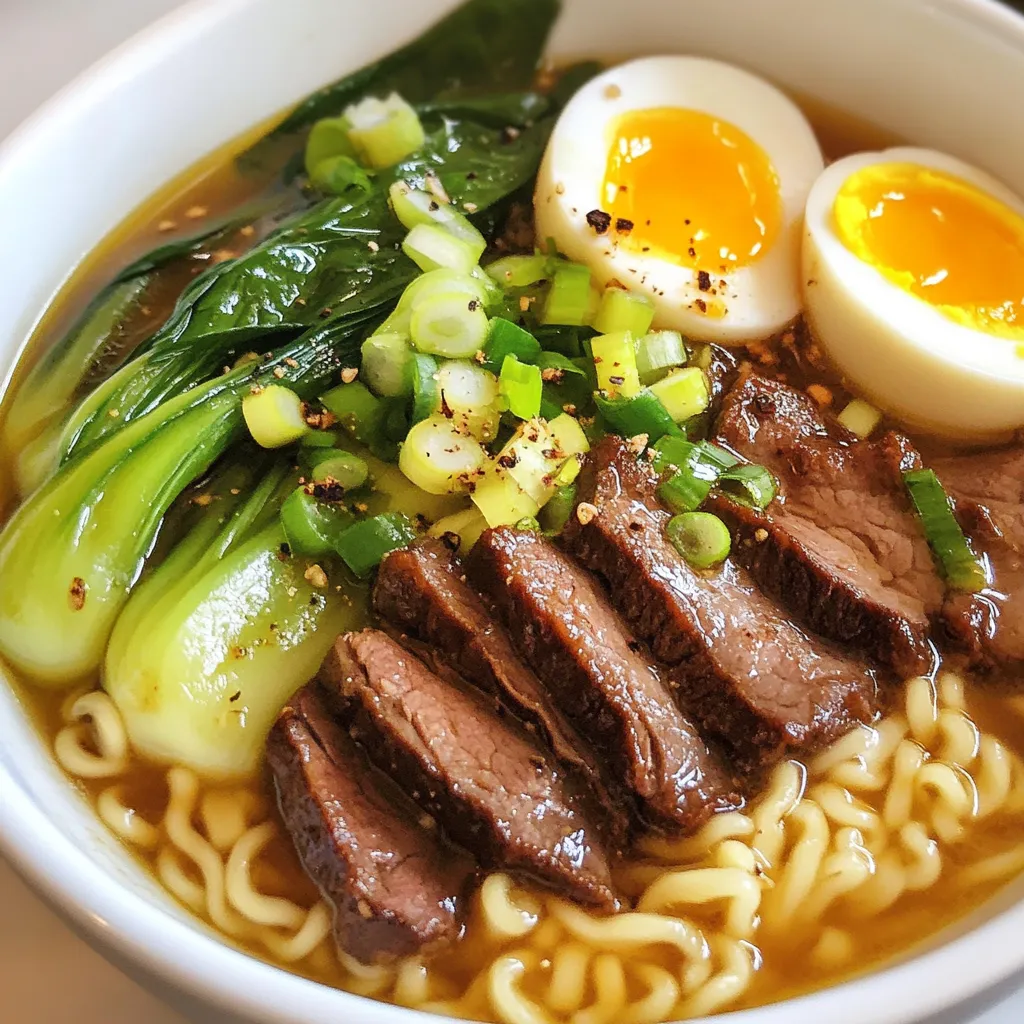For this tasty Ginger Soy Beef Ramen, you need a few key items: - 200g beef sirloin, thinly sliced - 2 tablespoons soy sauce - 1 tablespoon ginger, freshly grated - 2 cloves garlic, minced - 4 cups beef broth - 200g ramen noodles - 1 cup bok choy, chopped - 2 green onions, sliced - 1 teaspoon sesame oil - Salt and pepper to taste - 1 tablespoon vegetable oil These ingredients form the base of your dish. The beef adds protein. The ginger and garlic bring a nice zing. The bok choy adds crunch, while the ramen noodles soak up all the flavors. You can make your bowl even better with some garnishes: - 1 boiled egg, halved The boiled egg adds creaminess and visual appeal. It makes the dish feel more complete. You can also add more green onions for an extra bite if you like. To cook this delicious ramen, gather these tools: - A large pot for boiling - A small bowl for mixing the marinade - A cutting board and knife for prep These simple tools will help you create a wonderful meal. Make sure to have everything ready before you start cooking. This way, you will enjoy a smooth cooking experience. {{ingredient_image_1}} Start by mixing the soy sauce, grated ginger, and minced garlic in a small bowl. This marinade adds great flavor to the beef. Slice the beef sirloin thinly. Place the beef in the bowl and coat it well. Let it marinate for at least 15 minutes. This step helps the flavors soak in. Next, heat vegetable oil in a large pot over medium-high heat. Once hot, add the marinated beef. Cook it for about 3-4 minutes. You want the beef to brown nicely. After cooking, remove the beef and set it aside. This keeps it juicy and tender. In the same pot, pour in the beef broth. Bring it to a gentle simmer. This broth is the base of your ramen. Add the ramen noodles to the broth. Cook them according to the package instructions, usually around 4-5 minutes. During the last minute, add the chopped bok choy and the cooked beef back into the pot. Stir gently to mix everything. Once everything is cooked, stir in the sesame oil. Season with salt and pepper to taste. Ladle the ramen into bowls. Ensure each bowl has noodles, broth, beef, and vegetables. For a nice touch, top each bowl with sliced green onions. If you like, add a half of boiled egg for extra flavor. Enjoy your delicious Ginger Soy Beef Ramen! Choose beef sirloin for this dish. It has great flavor and is tender. Look for slices that are bright red. Check for good marbling, which adds juiciness. Avoid any cuts with dark spots or a lot of fat. Fresh beef should feel firm but not hard. Boil water in a large pot. Add the ramen noodles only when the water is at a rolling boil. Stir the noodles gently to keep them from sticking. Follow the cooking time on the package, usually 4-5 minutes. Taste a noodle before draining. They should be soft but still firm. Add a splash of soy sauce for more saltiness. A dash of chili oil gives a nice kick. For extra depth, try adding a spoonful of miso. Fresh herbs like cilantro can brighten the dish. Squeeze a bit of lime juice for a fresh twist. Pro Tips Marinate Longer for More Flavor: If time allows, marinate the beef for at least 30 minutes or up to overnight in the refrigerator to enhance the flavor. Use Fresh Ingredients: Fresh ginger and garlic will make a significant difference in the aroma and taste of your ramen, so avoid substitutes when possible. Customize Your Toppings: Feel free to add other vegetables like mushrooms, spinach, or carrots to the ramen for extra nutrition and flavor. Perfect Egg Cooking: For a beautifully soft-boiled egg, cook it for exactly 6-7 minutes, then plunge it into ice water to stop the cooking process. {{image_2}} You can easily make this dish vegetarian or vegan. Replace beef with tofu or tempeh. Use vegetable broth instead of beef broth. Marinate the tofu like you would the beef. This change keeps the flavor strong and tasty. Want some heat? Add chili oil or fresh sliced chilies to your bowl. You can also sprinkle in some red pepper flakes. Adjust the amount based on how spicy you want it. Spice can really enhance the flavor of your ramen. Feel free to mix in other veggies. Carrots, mushrooms, or bell peppers work great. You can also try spinach or snap peas for a fresh taste. Adding more vegetables boosts the nutrition and color of your dish. After you enjoy your Ginger Soy Beef Ramen, store leftovers in an airtight container. It keeps the flavors fresh. Make sure the ramen and broth are separate. This helps the noodles stay firm. You can keep the leftovers in the fridge for up to three days. When you are ready to eat again, reheat the broth in a pot. Bring it to a gentle boil. Add the noodles and beef back to the pot. Heat until warm, about three to five minutes. Stir gently to mix everything well. You can freeze Ginger Soy Beef Ramen if needed. Place the cooled broth and beef in freezer-safe bags. Make sure to label them with the date. When you want to eat it, thaw the bags in the fridge overnight. Then, reheat in a pot as described above. Avoid freezing the noodles, as they can become mushy. Yes, you can use different noodles. Soba or udon noodles work well. They add unique flavors and textures. Just adjust cooking times as needed. You can use vegetable broth or chicken broth. Both options will add great flavor. If you want a lighter taste, try using water and soy sauce. To make this dish gluten-free, choose gluten-free ramen noodles. Make sure to use gluten-free soy sauce too. Both swaps keep the flavor strong and tasty. Yes, you can meal prep this dish. Cook and store the broth and noodles separately. This way, they stay fresh. Reheat them together when you're ready to eat. If you store the beef and veggies separately, they will taste great too! Ginger Soy Beef Ramen is a tasty dish you can easily make at home. We covered key ingredients, cooking steps, and flavor tips. Remember, you can mix in options like veggies or spices to fit your taste. Storing and reheating leftovers is simple, too. Explore variations that make this meal your own. Enjoy the process and have fun creating a delicious bowl of ramen that everyone will love. Turn this recipe into a family favorite!