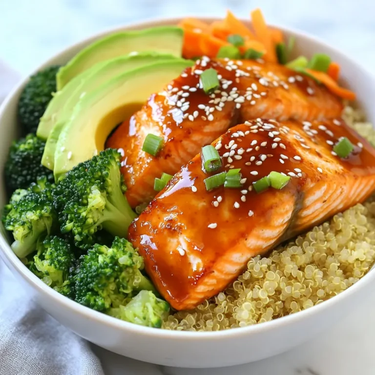 To make Teriyaki Salmon Bowls, you need fresh and simple ingredients. Here’s what you will use: - 2 salmon fillets (about 6 oz each) - 1/4 cup soy sauce (low sodium preferred) - 2 tablespoons honey - 1 tablespoon sesame oil - 1 tablespoon rice vinegar - 1 teaspoon fresh ginger, grated - 1 teaspoon garlic, minced - 1 cup quinoa or brown rice, cooked - 1 cup broccoli florets - 1/2 cup sliced carrots - 1/2 avocado, sliced - 2 green onions, chopped - Sesame seeds, for garnish - Salt and pepper to taste These ingredients combine to create a delicious and healthy meal. Each serving of Teriyaki Salmon Bowls is packed with nutrients. Here is a quick overview: - Calories: Approximately 550 - Protein: 36g - Carbohydrates: 50g - Fat: 24g - Fiber: 9g This dish balances protein, healthy fats, and fiber, making it a great choice for any meal. Gather these tools to make cooking easier: - A small bowl for mixing the teriyaki sauce - A shallow dish for marinating the salmon - A non-stick skillet for cooking the salmon - A pot for steaming vegetables - A fork for fluffing quinoa or rice - Serving bowls for assembling the meal Having the right tools makes cooking quick and fun! {{ingredient_image_1}} To make teriyaki sauce, combine simple ingredients. Grab a small bowl. Add 1/4 cup of soy sauce, 2 tablespoons of honey, and 1 tablespoon of sesame oil. Then, mix in 1 tablespoon of rice vinegar, 1 teaspoon of grated fresh ginger, and 1 teaspoon of minced garlic. Whisk these together until they blend well. This sauce adds sweet and savory flavor to our salmon. Now, let’s marinate the salmon. Take two salmon fillets, about 6 oz each, and place them in a shallow dish. Pour half of the teriyaki sauce over the fillets. Make sure the salmon is well coated. Let it marinate for at least 15 minutes. This step allows the fish to absorb all those yummy flavors. While the salmon marinates, cook your grains. You can choose between quinoa or brown rice. Follow the package instructions for either option. Usually, it takes about 15 minutes. When done, fluff it with a fork. This fluffy base will hold all the toppings nicely. To cook salmon well, start with fresh fillets. Heat your skillet on medium. Add a bit of oil first. Place the salmon skin-side down in the pan. Cook for four to five minutes without moving it. This lets the skin get crispy. Flip the salmon and brush it with teriyaki sauce. Cook for another four to five minutes. Check for doneness by gently flaking it with a fork. It should be tender and light pink inside. Steaming keeps veggies bright and crunchy. First, prepare your broccoli and carrots by cutting them into even pieces. Use a pot with a steamer basket. Add an inch of water to the pot but don’t let it touch the veggies. Cover the pot and bring it to a boil. Add the veggies and steam for five to seven minutes. They should be tender but not mushy. Remember to season them lightly with salt after steaming for extra flavor. You can change the teriyaki sauce to suit your taste. Try adding a pinch of red pepper flakes for heat. Or mix in some orange juice for a citrus twist. If you want more sweetness, add extra honey. You can also use lime juice instead of rice vinegar for a zesty kick. For a different texture, sprinkle chopped nuts or seeds on top. Enjoy experimenting with flavors to make this dish your own! Pro Tips Use Fresh Salmon: Fresh salmon fillets will give you the best flavor and texture. Look for fillets that are bright in color and have a clean ocean smell. Adjust Sweetness: If you prefer a sweeter teriyaki sauce, feel free to add more honey. Taste the sauce before marinating the salmon to achieve your desired balance. Vibrant Veggies: To keep broccoli and carrots vibrant, avoid overcooking them. They should be tender yet still bright in color for the best presentation. Perfect Cooked Salmon: Use a meat thermometer to check for doneness. Salmon is perfectly cooked when it reaches an internal temperature of 145°F (63°C). {{image_2}} If you want a vegetarian or vegan twist, try using tofu or tempeh. Both options soak up the teriyaki sauce well. Just follow the same marinating steps. For tofu, press it first to remove extra moisture. This helps it absorb flavor better. It’s a great way to keep the dish tasty while being plant-based. While quinoa and brown rice are classic choices, you can mix it up. Try using farro or barley for a nutty flavor. Cauliflower rice is another option for a low-carb meal. It adds texture and pairs well with salmon. Each grain brings its own unique taste to the bowl. Toppings can make your bowl unique. Consider adding sliced radishes for crunch or pickled ginger for zing. You can also sprinkle on some crushed nuts for extra protein. Edamame gives a nice pop of color and flavor. Don't forget to squeeze in some lime juice for a fresh twist! To keep your Teriyaki Salmon Bowls fresh, store them in an airtight container. Place the salmon, grains, and veggies in one container. This will help keep them from losing flavor. Let the dish cool to room temperature before sealing it. Store in the fridge for up to three days. When you're ready to eat, reheat your bowl in the microwave. Heat it in 30-second intervals, stirring in between. This will help it heat evenly. You can also reheat it on the stove over medium heat. Add a splash of water for moisture. Cook until warm throughout. You can freeze the salmon and cooked grains separately. Wrap the salmon in plastic wrap, then place it in a freezer bag. Cooked quinoa or brown rice can also go in freezer bags. Squeeze out excess air before sealing. Freeze for up to three months. To use, thaw in the fridge overnight before reheating. You can use tamari or coconut aminos. Both give a similar taste. Tamari is gluten-free. Coconut aminos is lower in sodium. These options work great in teriyaki sauce. Marinate the salmon for at least 15 minutes. This helps the fish soak up the flavors. You can marinate it for up to 1 hour for more taste. Just don't go too long, or the fish could get mushy. Yes! You can add bell peppers, snap peas, or zucchini. Feel free to mix and match your favorites. Just make sure to steam or sauté them until tender. The best way is to pan-sear it in a non-stick skillet. This gives a crispy skin and flaky meat. Cook skin-side down first for 4-5 minutes. Flip and brush with sauce while cooking the other side. To serve more people, just double or triple the ingredients. You can make more salmon fillets and grains. Adjust the sauce and veggies as needed to match the number of servings. In this blog post, we explored how to make tasty Teriyaki Salmon Bowls. We covered the main ingredients, nutritional facts, and the tools you will need. The step-by-step instructions showed how to create teriyaki sauce and marinate salmon. We discussed tips to cook salmon and steam vegetables perfectly. Plus, we shared fun variations for vegetarian and vegan diets. Now, you have all the tools for a delicious meal. Try these steps at home, and enjoy every bite!