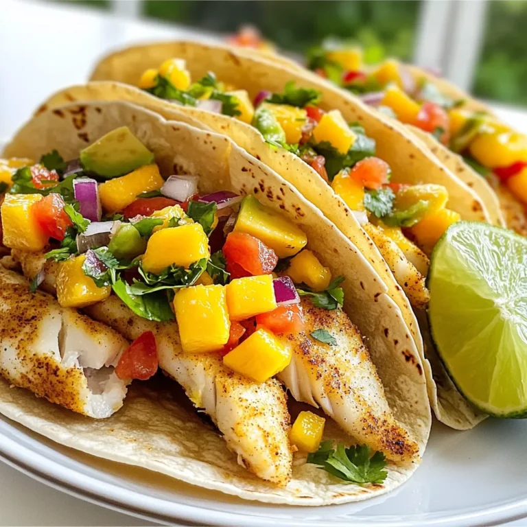 - 1 lb white fish fillets (cod or tilapia) - 2 tablespoons olive oil - 1 teaspoon cumin - 1 teaspoon paprika - Salt and pepper to taste - 8 small corn tortillas - 1 ripe mango, diced - 1 red bell pepper, diced - 1/4 red onion, finely chopped - 1 jalapeño, minced (optional) - 1/4 cup fresh cilantro, chopped - Juice of 1 lime - Sliced avocado - Additional lime wedges Using fresh ingredients makes all the difference in this dish. When you choose fish, cod or tilapia works best. They are mild and flaky. The olive oil adds richness. Spices like cumin and paprika give depth to the fish. For the salsa, ripe mango is key. It should be sweet and juicy. Red bell pepper adds crunch and color. Red onion gives a slight bite. If you like heat, add jalapeño. Fresh cilantro brightens the flavors. Lime juice ties everything together with a zesty kick. Don't forget the optional garnishes! Sliced avocado adds creaminess. Extra lime wedges help you adjust the flavor to your liking. Use these fresh ingredients to make your tacos vibrant and tasty. {{ingredient_image_1}} Preheat your oven to 400°F (200°C). This step is key for even cooking. In a bowl, mix olive oil, cumin, paprika, salt, and pepper. Rub this spice mixture all over the fish fillets. Make sure to coat them well for great flavor. Place the seasoned fish on a baking sheet lined with parchment paper. Bake for 15-20 minutes. The fish is done when it flakes easily with a fork. To check doneness, gently poke the thickest part with a fork. If it breaks apart easily, it’s ready. While the fish bakes, let’s make the mango salsa. Dice the ripe mango, red bell pepper, and red onion. If you like heat, chop the jalapeño finely. In a bowl, mix all the diced ingredients with chopped cilantro and lime juice. Add a pinch of salt. Stir gently to combine. Let it sit so the flavors blend. To warm the corn tortillas, heat a skillet over medium heat. Place each tortilla in the skillet for about 30 seconds on each side. This softens them, making them easy to fold. Be careful not to overcook, or they may tear. Once the fish is ready, flake it into bite-sized pieces. Take a warm tortilla and distribute the fish evenly. Top each taco with a generous amount of mango salsa. It adds sweetness and crunch, making every bite special. For a beautiful display, serve the tacos on a wooden board. Arrange extra salsa and avocado slices around them. Garnish the tacos with lime wedges and a sprinkle of fresh cilantro. This adds color and invites everyone to dig in. Serve immediately while they are warm. To make the best fish for tacos, focus on not overcooking. Fish cooks quickly and can dry out fast. Bake it just until it flakes easily with a fork. That’s around 15 to 20 minutes at 400°F. You can also grill or pan-sear the fish. Grilling adds a nice smoky flavor, while pan-searing gives a crispy edge. Both methods work well. To amp up your mango salsa, try adding other fruits. Pineapple or kiwi can add a sweet twist. You can also add spices like chili powder or garlic for extra flavor. Letting the salsa sit for a bit before serving helps the flavors mix. This gives you a tastier salsa that brightens your tacos. Choosing the right tortillas matters. Soft corn tortillas are the best choice for fish tacos. They hold the filling well and add great flavor. To avoid soggy tacos, warm the tortillas in a skillet for about 30 seconds on each side. This keeps them soft but sturdy, so they don’t break apart when you fill them. Pro Tips Fresh Fish is Best: Use the freshest fish available for the best flavor and texture. If possible, buy from a trusted fishmonger or local market. Customize Your Salsa: Feel free to add other ingredients to the salsa, such as diced cucumber or pineapple, for a twist on flavor and texture. Control the Heat: If you like spice, leave the seeds in the jalapeño. For a milder salsa, remove the seeds before mincing. Use a Non-Stick Skillet: When warming the tortillas, a non-stick skillet will help prevent them from sticking and tearing. {{image_2}} You can switch up the fish in your tacos. Salmon or mahi-mahi works great. Both have a nice flavor and texture. If you want a vegetarian option, try tofu or jackfruit. Tofu absorbs flavors well and is a good protein source. Jackfruit has a meaty texture and is perfect for tacos. You can use lime or lemon juice in your salsa. Lime gives a fresh taste, while lemon adds a bright flavor. For a fun twist, add tropical fruits like pineapple or papaya. They add sweetness and texture to the salsa. Mixing these fruits with mango creates a burst of flavor. To make your tacos even better, consider extra toppings. A cabbage slaw adds crunch and freshness. You can also sprinkle cheese on top for creaminess. If you like heat, try spicy sauces or fresh chilies. They can take your tacos to another level. Store your fish tacos in the fridge for best results. Place them in an airtight container. They will last for about two days in the fridge. If you want to keep them longer, freeze them. Wrap the tacos tightly in foil or plastic wrap. They can last up to three months in the freezer. Just know that freezing may change the texture a bit. To reheat the fish, place it in the oven at 350°F (175°C) for about 10 minutes. This keeps the fish flaky and warm. For tortillas, heat them on a skillet for 30 seconds on each side. This helps them stay soft and avoid tears. Don’t microwave them, as this can make them chewy. Keep your mango salsa in a sealed container in the fridge. It should stay fresh for about three days. If you want to freeze it, you can! Just remember to leave some space in the container for expansion. Frozen mango salsa lasts for about two months, but fresh is always better. Yes, you can use frozen fish. Just thaw it in the fridge overnight. This helps keep the fish moist. Once thawed, follow the recipe as usual. You may need to bake it a bit longer. To ripen a mango fast, place it in a paper bag. This traps ethylene gas, speeding up ripening. You can add an apple or banana for extra help. Check the mango daily until it feels soft. To add heat, chop a fresh jalapeño and mix it into the salsa. You can also add hot sauce on top of the tacos. Another option is to use spicy fish seasoning before baking. Yes, you can make the salsa a day ahead. Store it in the fridge in an airtight container. This allows the flavors to blend well. Just give it a stir before serving. Fish tacos go well with a fresh salad or rice. You can also serve them with corn on the cob. For a crunchy option, try tortilla chips with guacamole. These sides enhance the meal nicely. These fish tacos combine fresh ingredients and simple steps to create a tasty dish. You learned to prepare fish with spices, make vibrant mango salsa, and warm tortillas perfectly. Remember, the right fish and fresh flavors can enhance your meal. Experiment with variations and toppings to suit your taste. Enjoy crafting these tacos at home; they are sure to impress! Keep these tips in mind, and your next taco night will be a hit.