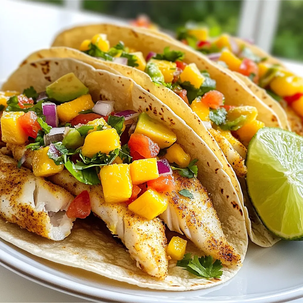 - 1 lb white fish fillets (cod or tilapia) - 2 tablespoons olive oil - 1 teaspoon cumin - 1 teaspoon paprika - Salt and pepper to taste - 8 small corn tortillas - 1 ripe mango, diced - 1 red bell pepper, diced - 1/4 red onion, finely chopped - 1 jalapeño, minced (optional) - 1/4 cup fresh cilantro, chopped - Juice of 1 lime - Sliced avocado - Additional lime wedges Using fresh ingredients makes all the difference in this dish. When you choose fish, cod or tilapia works best. They are mild and flaky. The olive oil adds richness. Spices like cumin and paprika give depth to the fish. For the salsa, ripe mango is key. It should be sweet and juicy. Red bell pepper adds crunch and color. Red onion gives a slight bite. If you like heat, add jalapeño. Fresh cilantro brightens the flavors. Lime juice ties everything together with a zesty kick. Don't forget the optional garnishes! Sliced avocado adds creaminess. Extra lime wedges help you adjust the flavor to your liking. Use these fresh ingredients to make your tacos vibrant and tasty. {{ingredient_image_1}} Preheat your oven to 400°F (200°C). This step is key for even cooking. In a bowl, mix olive oil, cumin, paprika, salt, and pepper. Rub this spice mixture all over the fish fillets. Make sure to coat them well for great flavor. Place the seasoned fish on a baking sheet lined with parchment paper. Bake for 15-20 minutes. The fish is done when it flakes easily with a fork. To check doneness, gently poke the thickest part with a fork. If it breaks apart easily, it’s ready. While the fish bakes, let’s make the mango salsa. Dice the ripe mango, red bell pepper, and red onion. If you like heat, chop the jalapeño finely. In a bowl, mix all the diced ingredients with chopped cilantro and lime juice. Add a pinch of salt. Stir gently to combine. Let it sit so the flavors blend. To warm the corn tortillas, heat a skillet over medium heat. Place each tortilla in the skillet for about 30 seconds on each side. This softens them, making them easy to fold. Be careful not to overcook, or they may tear. Once the fish is ready, flake it into bite-sized pieces. Take a warm tortilla and distribute the fish evenly. Top each taco with a generous amount of mango salsa. It adds sweetness and crunch, making every bite special. For a beautiful display, serve the tacos on a wooden board. Arrange extra salsa and avocado slices around them. Garnish the tacos with lime wedges and a sprinkle of fresh cilantro. This adds color and invites everyone to dig in. Serve immediately while they are warm. To make the best fish for tacos, focus on not overcooking. Fish cooks quickly and can dry out fast. Bake it just until it flakes easily with a fork. That’s around 15 to 20 minutes at 400°F. You can also grill or pan-sear the fish. Grilling adds a nice smoky flavor, while pan-searing gives a crispy edge. Both methods work well. To amp up your mango salsa, try adding other fruits. Pineapple or kiwi can add a sweet twist. You can also add spices like chili powder or garlic for extra flavor. Letting the salsa sit for a bit before serving helps the flavors mix. This gives you a tastier salsa that brightens your tacos. Choosing the right tortillas matters. Soft corn tortillas are the best choice for fish tacos. They hold the filling well and add great flavor. To avoid soggy tacos, warm the tortillas in a skillet for about 30 seconds on each side. This keeps them soft but sturdy, so they don’t break apart when you fill them. Pro Tips Fresh Fish is Best: Use the freshest fish available for the best flavor and texture. If possible, buy from a trusted fishmonger or local market. Customize Your Salsa: Feel free to add other ingredients to the salsa, such as diced cucumber or pineapple, for a twist on flavor and texture. Control the Heat: If you like spice, leave the seeds in the jalapeño. For a milder salsa, remove the seeds before mincing. Use a Non-Stick Skillet: When warming the tortillas, a non-stick skillet will help prevent them from sticking and tearing. {{image_2}} You can switch up the fish in your tacos. Salmon or mahi-mahi works great. Both have a nice flavor and texture. If you want a vegetarian option, try tofu or jackfruit. Tofu absorbs flavors well and is a good protein source. Jackfruit has a meaty texture and is perfect for tacos. You can use lime or lemon juice in your salsa. Lime gives a fresh taste, while lemon adds a bright flavor. For a fun twist, add tropical fruits like pineapple or papaya. They add sweetness and texture to the salsa. Mixing these fruits with mango creates a burst of flavor. To make your tacos even better, consider extra toppings. A cabbage slaw adds crunch and freshness. You can also sprinkle cheese on top for creaminess. If you like heat, try spicy sauces or fresh chilies. They can take your tacos to another level. Store your fish tacos in the fridge for best results. Place them in an airtight container. They will last for about two days in the fridge. If you want to keep them longer, freeze them. Wrap the tacos tightly in foil or plastic wrap. They can last up to three months in the freezer. Just know that freezing may change the texture a bit. To reheat the fish, place it in the oven at 350°F (175°C) for about 10 minutes. This keeps the fish flaky and warm. For tortillas, heat them on a skillet for 30 seconds on each side. This helps them stay soft and avoid tears. Don’t microwave them, as this can make them chewy. Keep your mango salsa in a sealed container in the fridge. It should stay fresh for about three days. If you want to freeze it, you can! Just remember to leave some space in the container for expansion. Frozen mango salsa lasts for about two months, but fresh is always better. Yes, you can use frozen fish. Just thaw it in the fridge overnight. This helps keep the fish moist. Once thawed, follow the recipe as usual. You may need to bake it a bit longer. To ripen a mango fast, place it in a paper bag. This traps ethylene gas, speeding up ripening. You can add an apple or banana for extra help. Check the mango daily until it feels soft. To add heat, chop a fresh jalapeño and mix it into the salsa. You can also add hot sauce on top of the tacos. Another option is to use spicy fish seasoning before baking. Yes, you can make the salsa a day ahead. Store it in the fridge in an airtight container. This allows the flavors to blend well. Just give it a stir before serving. Fish tacos go well with a fresh salad or rice. You can also serve them with corn on the cob. For a crunchy option, try tortilla chips with guacamole. These sides enhance the meal nicely. These fish tacos combine fresh ingredients and simple steps to create a tasty dish. You learned to prepare fish with spices, make vibrant mango salsa, and warm tortillas perfectly. Remember, the right fish and fresh flavors can enhance your meal. Experiment with variations and toppings to suit your taste. Enjoy crafting these tacos at home; they are sure to impress! Keep these tips in mind, and your next taco night will be a hit.