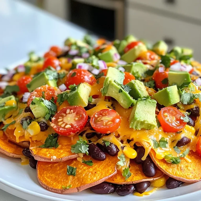 For Loaded Sweet Potato Nachos, you need fresh and wholesome ingredients. Here’s what you will need: - 2 large sweet potatoes, sliced into rounds - 1 cup black beans, drained and rinsed - 1 cup corn kernels, fresh or frozen - 1 cup shredded cheddar cheese (or a dairy-free alternative) - 1 avocado, diced - 1/2 cup cherry tomatoes, halved - 1/4 cup red onion, finely chopped - Fresh cilantro for garnish These ingredients create a colorful and tasty base for your nachos. Sweet potatoes add fiber and nutrients, while black beans provide protein. Corn gives a nice crunch, and cheese binds it all together. To make these nachos pop with flavor, you also need some key seasonings: - 1 tablespoon olive oil - 1 teaspoon paprika - 1 teaspoon garlic powder - Salt and pepper to taste Olive oil helps the sweet potatoes roast perfectly. Paprika adds a smoky taste, while garlic powder enhances the overall flavor. Salt and pepper balance everything out, making each bite delicious. To take your nachos to the next level, consider these optional toppings: - Sour cream or Greek yogurt - Lime wedges Sour cream or Greek yogurt adds creaminess and tang. Lime wedges give a fresh burst of flavor that brightens the dish. These extras make your Loaded Sweet Potato Nachos even more enjoyable! {{ingredient_image_1}} First, preheat your oven to 425°F (220°C). This step warms the oven for roasting. Next, take your sweet potatoes and slice them into rounds. In a large bowl, toss the sweet potato rounds with one tablespoon of olive oil. Add one teaspoon each of paprika and garlic powder. Season with salt and pepper to taste. Make sure all sweet potato slices are evenly coated. Now, arrange the sweet potato slices on a baking sheet in a single layer. Roast them in the oven for about 20 to 25 minutes. Flip the slices halfway through for even cooking. The sweet potatoes should be tender and slightly crispy when done. Once the sweet potatoes are ready, take them out of the oven. Layer one cup of black beans and one cup of corn over the sweet potato rounds. Then, sprinkle one cup of shredded cheese on top. Return the baking sheet to the oven for an extra 5 to 7 minutes. Bake until the cheese melts and bubbles up nicely. Enjoy the wonderful aroma filling your kitchen! Crispy sweet potatoes make these nachos shine. Start by slicing the sweet potatoes evenly. Thin rounds work best. Use a sharp knife or a mandoline for even cuts. Toss the slices in olive oil and seasonings well. This helps them crisp up in the oven. Spread them in a single layer on the baking sheet. Do not overcrowd them. Flip the slices halfway through roasting. This step ensures every side gets that perfect crunch. Layering ingredients is key for great flavor. Begin with the roasted sweet potatoes as your base. Next, spread black beans evenly across the top. Then, sprinkle corn for a sweet burst. Finally, add shredded cheese on top. Make sure to cover all the sweet potatoes. This helps the cheese melt evenly. Bake until the cheese is bubbly. This ensures every bite has great flavor and texture. You can make this dish even healthier. Swap regular cheese for a dairy-free option. Try using nutritional yeast for a cheesy flavor without dairy. For added nutrition, use quinoa instead of black beans. You can also add extra veggies, like bell peppers or spinach. This boosts fiber and vitamins. If you want a lower-carb option, use cauliflower rounds instead of sweet potatoes. These small changes keep the dish flavorful while making it healthier. Pro Tips Use a Mandoline: For evenly sliced sweet potatoes, consider using a mandoline slicer. This ensures uniform thickness, leading to even cooking and crispiness. Customize Your Toppings: Feel free to experiment with different toppings! Try adding jalapeños for heat, or olives for a briny touch to enhance the flavor profile. Make It Vegan: To make this dish vegan, simply use a dairy-free cheese alternative and skip the sour cream or Greek yogurt, opting for avocado or a cashew cream instead. Perfectly Roasted Sweet Potatoes: Ensure your sweet potatoes are not overcrowded on the baking sheet. This allows for better air circulation, resulting in crispier edges and tender centers. {{image_2}} You can change the cheese for your loaded sweet potato nachos. Try mozzarella, pepper jack, or even a vegan cheese. Each type brings its own taste and texture. You can also swap black beans for pinto or kidney beans. Lentils work well too. This keeps your dish fresh and fun. Add more toppings for extra flavor. Try jalapeños for heat, or olives for a briny kick. Diced bell peppers add crunch, while pickled onions offer zest. A sprinkle of feta cheese can bring a new twist. Think about seasonal veggies too, like roasted zucchini or broccoli. These can enhance both taste and nutrition. You can easily make these nachos fit your diet. For a vegan version, use dairy-free cheese and skip sour cream. To make them gluten-free, just avoid any sauces with gluten. For low-carb options, use fewer sweet potatoes or swap them for zucchini slices. Each change allows everyone to enjoy this tasty dish. To keep your Loaded Sweet Potato Nachos fresh, store them in an airtight container. This helps to lock in moisture and flavor. You can refrigerate them for up to four days. If you want to save them longer, freeze the nachos. Just place them in a freezer-safe bag. They can last up to three months in the freezer. Make sure to separate layers with parchment paper to avoid sticking. When you want to enjoy your nachos again, reheat them in the oven. Preheat your oven to 350°F (175°C). Place the nachos on a baking sheet for about 10 to 15 minutes. This keeps the sweet potatoes crispy and the cheese melty. You can also use the microwave if you're in a hurry. Heat in short bursts of 30 seconds, checking often. But remember, the microwave may make the sweet potatoes soft. Loaded Sweet Potato Nachos stay good for about four days in the fridge. If you freeze them, they can last up to three months. However, for the best taste, eat them within a month. The flavors stay fresh and delicious when eaten sooner rather than later. Enjoy your nachos while they're at their best! Yes, you can make Loaded Sweet Potato Nachos ahead. Prepare the sweet potatoes and toppings separately. This way, you keep them fresh. Store the roasted sweet potatoes in an airtight container. The toppings can go in another container. They will stay good in the fridge for about three days. When ready to eat, just assemble and bake. This saves time on busy days. If you want to swap sweet potatoes, try regular potatoes or butternut squash. They both work well. You can also use zucchini for a lighter option. Each will give a different taste but still be tasty. Just follow the same steps for prepping and roasting. To make your nachos dairy-free, use plant-based cheese. Look for brands made from nuts or soy. Nutritional yeast is a great option if you want a cheesy flavor. You can also top your nachos with guacamole or salsa. These add creaminess without dairy. Enjoy the flavors and stay dairy-free! In this post, you learned how to make Loaded Sweet Potato Nachos. We covered the main ingredients, seasonings, and step-by-step instructions. I shared tips to ensure crispy sweet potatoes and ideas for tasty variations. Even with modifications, these nachos can fit various diets. Remember to store leftovers properly for the best taste. Enjoy crafting this fun, healthy dish that brings new flavor to your table!