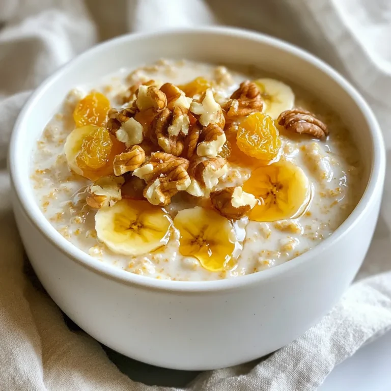 - 1 cup rolled oats - 1 cup unsweetened almond milk (or any milk of your choice) - 1 medium carrot, finely grated - 1/2 banana, mashed - 1 tablespoon maple syrup (or honey) - 1 teaspoon ground cinnamon - 1/4 teaspoon ground nutmeg - 1/4 cup Greek yogurt (or a dairy-free alternative) - 2 tablespoons raisins - 2 tablespoons chopped walnuts (optional) - Pinch of salt You can swap almond milk for any milk you love. Try oat milk or coconut milk for a fun twist. If you don’t have a banana, applesauce works well too. It keeps the oats moist and sweet. You can also use agave syrup instead of maple syrup for a different flavor. For a nut-free option, leave out walnuts or use seeds instead. This recipe packs a punch of nutrients. Rolled oats are high in fiber, which helps keep you full. Carrots add vitamins and antioxidants, great for your eyes. Greek yogurt gives protein and probiotics, good for your gut health. The banana adds potassium and natural sweetness, while walnuts provide healthy fats. These oats are not just tasty; they also fuel your day with energy and nutrients. Enjoying this dish means you get a healthy start! {{ingredient_image_1}} Start by gathering your ingredients. You need rolled oats, almond milk, a grated carrot, a mashed banana, Greek yogurt, maple syrup, spices, raisins, and nuts if you like. In a mixing bowl or mason jar, combine one cup of rolled oats and one cup of almond milk. Next, add one finely grated medium carrot and half a mashed banana. This will give your oats a sweet and natural flavor. Then, mix in a tablespoon of maple syrup, one teaspoon of ground cinnamon, and a quarter teaspoon of ground nutmeg. Don’t forget a pinch of salt! Stir everything until it is well blended. Finally, fold in two tablespoons of raisins and, if you choose, two tablespoons of chopped walnuts. This adds a nice crunch to your oats. Once all the ingredients are mixed, cover your bowl or screw the lid on your mason jar. Place it in the fridge overnight. If you are in a hurry, you can let it sit for at least four hours. This soaking time helps the oats absorb the flavors and liquid. When you take it out the next morning, you will see a thick and creamy mixture. If it seems too thick, just add a splash of milk to loosen it up. Serve your carrot cake overnight oats in bowls or right from the mason jar. For a special touch, top them with extra walnuts, a sprinkle of cinnamon, and a drizzle of maple syrup. You can also add fresh fruit or shredded coconut for more flavor. Enjoy your tasty and healthy breakfast! To get the best texture in your carrot cake overnight oats, follow these steps: - Use rolled oats, as they soak up liquid well. - Choose a milk that you love, like almond milk or regular milk. - Grate the carrot finely. This helps it mix well and soften. - Mash the banana until smooth. This gives a creamy feel. - Mix everything well before refrigerating. This ensures even flavor. You can easily customize your oats to suit your taste: - Swap almond milk for any milk you prefer. - Add more or less maple syrup based on your sweetness level. - Include dried fruit like cranberries or apricots instead of raisins. - Try different nuts, like pecans or almonds, for a new crunch. - For extra spice, add more cinnamon or a dash of ginger. Making these overnight oats ahead is simple and smart: - Prepare a batch for up to three days in advance. - Store them in airtight containers or mason jars. - Always stir before serving. If too thick, add a splash of milk. - Keep toppings separate until ready to eat for the best texture. - Use labels to mark dates on your jars for easy tracking. Pro Tips Optimal Oats: Use rolled oats for the best texture; instant oats may become too mushy, while steel-cut oats require longer soaking time. Sweetness Adjustment: Feel free to adjust the sweetness by adding more or less maple syrup or honey, depending on your preference for sweetness. Flavor Boost: Consider adding a splash of vanilla extract or a pinch of ginger for an extra layer of flavor in your overnight oats. Make Ahead: Prepare a larger batch and portion it into individual jars for easy grab-and-go breakfasts throughout the week. {{image_2}} To make your carrot cake overnight oats vegan, simply swap the Greek yogurt for a plant-based yogurt. Almond, coconut, or soy yogurt works well. Use maple syrup as your sweetener. This keeps it tasty and plant-based. If you need a gluten-free version, choose certified gluten-free oats. You will still enjoy the same rich flavor. All other ingredients are naturally gluten-free, so you can mix and match without worry. Want to change up the taste? Try adding a dash of vanilla extract for a warm note. You can also include chopped apples or pineapple for added sweetness. For a more spiced flavor, add a pinch of ginger or cloves. Each tweak makes your oats unique and fun! To store your carrot cake overnight oats, place them in a sealed container. I like using mason jars. They keep the oats fresh and make for easy grabbing in the morning. Ensure the lid is tight. This helps keep out air and moisture. These oats stay fresh in the fridge for up to five days. The flavors will blend well over time. After the first few days, check for any off smells or changes in texture. If the oats look or smell strange, it’s best to toss them. You can enjoy your oats cold or warm. If you prefer them warm, add a splash of milk and heat them in the microwave. Start with 30 seconds, then stir and check the warmth. Heat more if needed. Always stir well before eating to spread the heat evenly. Yes, you can use quick oats. Quick oats cook faster and absorb liquid more quickly. This makes the oats softer and creamier. However, they may not hold their shape as well as rolled oats. If you prefer a chewier texture, stick with rolled oats. To make your oats sweeter, add more maple syrup or honey. You can also use more mashed banana or even a splash of vanilla extract. Consider adding a few extra raisins for natural sweetness. Taste as you go to find the right balance for you. Yes, you can prepare these oats for up to three days. Just store them in airtight containers in the fridge. This makes breakfast easy and quick. The flavors will blend even more as they sit. Just give them a stir before eating. This blog post covered the key aspects of making overnight oats. We went through the ingredients, their benefits, and how to mix them right. We also discussed tips for the best texture and ideas for variations. With the proper storage, you can keep your oats fresh and tasty. In all, overnight oats are easy, nutritious, and customizable. They fit into your meal prep with ease. I hope this guide helps you enjoy making and eating overnight oats.