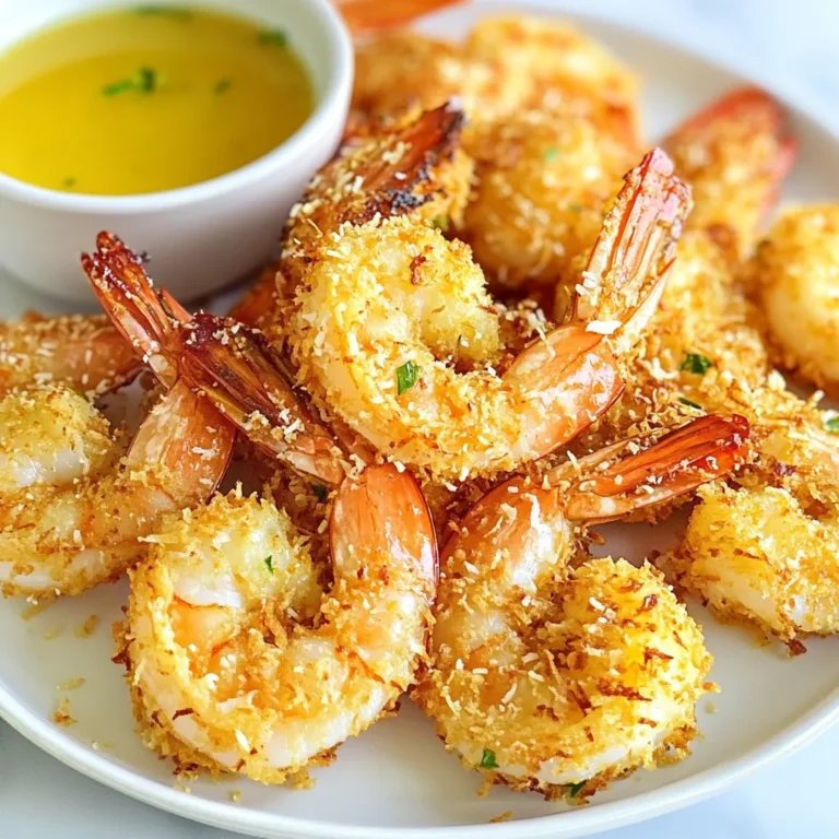 To make delicious Air Fryer Coconut Shrimp, gather these fresh ingredients: - 1 pound large shrimp, peeled and deveined - 1 cup unsweetened shredded coconut - 1/2 cup breadcrumbs (panko recommended for extra crunch) - 1/2 cup all-purpose flour - 2 large eggs, beaten - 1 teaspoon garlic powder - 1 teaspoon paprika - 1/2 teaspoon salt - 1/2 teaspoon black pepper - Cooking spray These ingredients work together to create a crispy and flavorful treat. The large shrimp provide a juicy base. The shredded coconut adds a sweet, tropical touch. Panko breadcrumbs bring a satisfying crunch. Garlic powder and paprika give a warm, savory flavor. Salt and black pepper enhance the dish without overpowering it. Don’t forget the cooking spray to achieve that perfect crispiness in the air fryer! {{ingredient_image_1}} - In a shallow bowl, mix together: - 1/2 cup all-purpose flour - 1 teaspoon garlic powder - 1 teaspoon paprika - 1/2 teaspoon salt - 1/2 teaspoon black pepper - In another bowl, beat 2 large eggs until smooth. - In a third bowl, combine: - 1 cup unsweetened shredded coconut - 1/2 cup breadcrumbs (panko works best for crunch) - First, dry 1 pound of large shrimp with paper towels. This helps them crisp up. - Dredge each shrimp in the flour mixture. Shake off any extra flour. - Next, dip the floured shrimp into the beaten eggs, coating them fully. - Finally, press each shrimp into the coconut-breadcrumb mixture. Make sure they are well-coated. - Preheat the air fryer to 400°F (200°C) for about 5 minutes. - Lightly spray the air fryer basket with cooking spray to prevent sticking. - Place the coated shrimp in a single layer in the basket. You may need to work in batches. - Spray the tops of the shrimp lightly with cooking spray. - Cook the shrimp for 6-8 minutes, flipping them halfway through. They should turn golden brown and crispy. - Once done, remove the shrimp from the air fryer and serve hot with your favorite dipping sauce. To get that perfect crunch, drying the shrimp is key. Moisture makes them soggy. Pat each shrimp dry with paper towels before you start. Using panko breadcrumbs instead of regular breadcrumbs adds extra crunch. Panko has a coarser texture, which helps the shrimp fry up crispy. Also, don't skip the cooking spray! A light mist on the shrimp before cooking helps them crisp up. For dipping sauces, sweet chili sauce works wonders. It adds a nice kick. You might also like a tangy mango salsa for a fruity twist. Pair the shrimp with a fresh salad or rice. Both sides complement the dish well and balance the flavors. One big mistake is overcrowding the air fryer. If the shrimp are too close, they won't cook evenly. Always leave space for air to flow. Another mistake is not preheating the air fryer. Preheating helps the shrimp cook faster and become crispy. Set it to 400°F (200°C) for five minutes before cooking. Pro Tips Dry Shrimp Thoroughly: Patting the shrimp dry before dredging helps achieve maximum crispiness. Use Panko Breadcrumbs: For an extra crunch, opt for panko breadcrumbs instead of regular ones. Don’t Overcrowd the Basket: Cook the shrimp in batches to ensure they cook evenly and get crispy on all sides. Experiment with Dipping Sauces: Pair with sweet chili sauce, mango salsa, or a tangy lime dip for added flavor. {{image_2}} You can make your coconut shrimp even more exciting. Try adding spices to the flour mixture. A pinch of cayenne gives heat. Or, add cumin for a warm flavor. Using different types of breadcrumbs can also change the taste. Try crushed cornflakes for a unique twist. They add a fun crunch. If you need gluten-free options, use gluten-free flour and breadcrumbs. They work just as well. You can also make vegan coconut shrimp. Replace shrimp with plant-based alternatives like chickpeas or tofu. Coat them the same way, and you will still enjoy a crispy bite. Make your dish pop with creative plating. Serve the shrimp on a bed of mixed greens. This adds color and freshness. Use small bowls for sauces. Garnish with lime wedges or fresh herbs. These small touches enhance the dish's appeal and flavor. After you finish your meal, store any leftover shrimp right away. Let them cool to room temperature first. Then, place them in an airtight container. This keeps the shrimp fresh longer. You can use glass or plastic containers for storage. Make sure to seal the lid tightly. The shrimp will stay good in the fridge for up to three days. To reheat your coconut shrimp, the air fryer is the best choice. Preheat it to 350°F (175°C). Place the shrimp in the basket in a single layer. Heat them for about 3-5 minutes. This helps keep them crispy. You can also use a regular oven at the same temperature. Just keep an eye on them to avoid drying out. If you want to freeze the shrimp, follow these steps. First, let the cooked shrimp cool completely. Then, arrange them in a single layer on a baking sheet. Freeze them for about an hour. This prevents them from sticking together. After this, transfer them to a freezer-safe bag or container. Label it with the date. You can keep them in the freezer for up to three months. To thaw, place the shrimp in the fridge overnight. If you're short on time, you can use the microwave. Just be careful not to cook them. Cook from frozen if you like, but add a few extra minutes to the air fryer time. Enjoy your meal! You cook coconut shrimp for about 6 to 8 minutes in the air fryer. Flip them halfway to ensure even cooking. They should be golden brown and crispy when done. Yes, you can use frozen shrimp, but it is best to thaw them first. Place shrimp in the fridge overnight or run them under cold water. Make sure they are peeled and deveined before cooking. Coconut shrimp pairs well with various sides. Here are some great options: - Sweet chili sauce - Mango salsa - Fresh salad - Coconut rice - Coleslaw Yes, you can prep coconut shrimp ahead of time. Coat the shrimp and store them in the fridge. Cook them fresh when you are ready to serve for the best crunch. You can make coconut shrimp in a regular oven. Preheat the oven to 400°F (200°C). Place the shrimp on a baking sheet and bake for 12 to 15 minutes. Flip them halfway through for even cooking. This blog post covered easy steps for making coconut shrimp in an air fryer. I shared ingredients, prep steps, and cooking techniques for perfect results. You learned tips for a crispy texture and common mistakes to avoid. Variations and storage options help you explore your creativity. In closing, making coconut shrimp can be simple and fun. Enjoy the process and share your tasty results!
