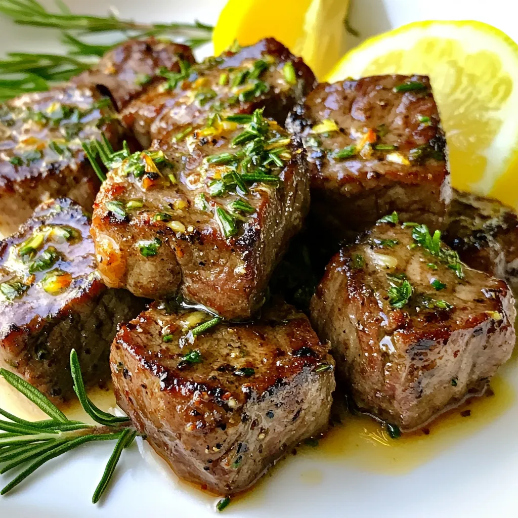 - Sirloin steak: This cut is tender and flavorful. It works well for quick cooking. You need about 1 pound, cut into bite-sized cubes. - Unsalted butter: Four tablespoons add richness. You can adjust this based on your taste. - Fresh herbs: Use rosemary, thyme, and parsley for bright flavors. A teaspoon of each will do. - Garlic and seasonings: Four cloves of minced garlic add aroma. Salt and pepper enhance the taste. - Olive oil for searing: This helps create a nice crust. You can use it or stick to butter. - Lemon wedges for garnish: They add a fresh touch. Squeeze some over the steak bites before serving for a zing. {{ingredient_image_1}} First, season the steak cubes with salt and pepper. Make sure to coat them well. This adds a lot of flavor. Let the seasoned steak sit at room temperature for about 15 to 20 minutes. This resting time makes the steak more tasty and juicy. Next, heat your skillet over medium-high heat. You can use olive oil or just butter. Once hot, add the steak cubes in a single layer. Don’t crowd the pan. Sear each side for 2 to 3 minutes. You want a nice golden crust. If needed, cook the steak in batches. This helps them cook evenly. After cooking the steak, lower the heat to medium. Add 2 tablespoons of butter to the same skillet. Let it melt. Then, add minced garlic, rosemary, thyme, and parsley. Stir for about 1 minute. You want the mix to smell good. Now, return the seared steak bites to the skillet. Toss them in the garlic herb butter. Let them cook for 1 to 2 more minutes to soak up the flavor. When ready to serve, place the steak bites on a platter. Drizzle any leftover butter from the skillet on top. For a bright touch, add lemon wedges as a garnish. This adds freshness and looks great on the plate. Enjoy your delicious meal! - Best cooking temperature for steak bites: Use medium-high heat to cook steak bites. This temperature gives a nice crust while keeping the inside juicy. If your steak bites are cold, they won’t sear well. Let them sit out for 15-20 minutes before cooking. - Avoiding overcrowding in the pan: When cooking, give each bite space in the pan. If you crowd them, they will steam instead of sear. Sear in batches to get that perfect golden crust. - Suggestions for additional seasonings: You can add a pinch of red pepper flakes for some heat. Smoked paprika also adds a nice depth of flavor. Experiment with spices like cumin or coriander for a twist. - Making the butter richer: To enhance the butter, use a mix of unsalted butter and a little bit of ghee. This adds a nutty flavor. Also, try adding a splash of Worcestershire sauce for a deeper taste. - Pairing with sides or sauces: Garlic herb butter steak bites pair well with mashed potatoes or roasted veggies. You can also serve them with a fresh salad for a light meal. A rich mushroom sauce can add another layer of flavor. - Creating a complete meal: To make a full dinner, serve the steak bites with grains like quinoa or rice. Add a side of green beans or asparagus for color and crunch. This gives you a balanced meal that looks great on the plate. Pro Tips Rest the Steak: Allow the seasoned steak to sit at room temperature for 15-20 minutes before cooking. This helps to achieve even cooking and a better sear. Don’t Overcrowd the Pan: Sear the steak bites in batches if necessary. Overcrowding can lower the pan's temperature, preventing a good crust from forming. Use Fresh Herbs: Fresh herbs like rosemary, thyme, and parsley elevate the flavor of the garlic herb butter. Dried herbs can be used in a pinch, but fresh is best. Perfect Finish: Drizzle any remaining garlic herb butter over the steak bites before serving for an extra burst of flavor. Garnishing with lemon adds brightness to the dish. {{image_2}} You can switch up the steak cut to make this dish even better. Ribeye and filet mignon are great choices. They have rich flavors and tender textures. - Ribeye: This cut has good marbling. It stays juicy and adds a lot of taste. Cook ribeye bites for about 3-4 minutes per side. - Filet Mignon: This is very tender and lean. It cooks fast. Aim for 2-3 minutes per side for a perfect bite. Adjust the cook times based on how you like your steak. Use a meat thermometer for best results. Feel free to get creative with herbs in your garlic herb butter. Different herbs can change the flavor a lot. - Basil: This adds a sweet and fresh taste. - Oregano: Perfect for a Mediterranean twist. - Chives: They give a mild onion flavor that's nice too. You can use dried herbs if fresh ones are not available. Just use less. Dried herbs are stronger, so half the amount is often enough. Want a gluten-free option? Just check that your steak and butter are gluten-free. This dish is naturally low-carb too. For a vegan-friendly version, swap the steak with mushrooms or tempeh. Use plant-based butter instead of regular butter. You can still enjoy that rich garlic flavor. To store leftover garlic herb butter steak bites, use an airtight container. Glass or plastic containers work well. Make sure the steak bites cool down first. This will help keep them fresh. Store them in the fridge for up to three days. When reheating, the best method is on the stove. Heat a skillet over medium heat. Add a small amount of butter to keep the bites moist. Stir them often to prevent burning. You can use the microwave, but it may change the texture. If you choose this method, heat in short bursts. Stop and stir every 30 seconds to avoid uneven heating. To freeze steak bites, place them in a freezer-safe bag. Remove as much air as possible to prevent freezer burn. They can last for up to three months in the freezer. When you are ready to eat, thaw them overnight in the fridge. Reheat in a skillet for the best flavor and texture. To add heat, sprinkle red pepper flakes on the steak before cooking. You can also mix hot sauce into the garlic herb butter. For a kick, try using spicy mustard when seasoning the steak. Adjust the spice level to your taste. Yes, you can use frozen steak. Thaw it completely before cutting it into cubes. This ensures even cooking. Always season the steak well after thawing. This helps bring out the flavors in your dish. Steak bites pair well with many sides. Try roasted vegetables, mashed potatoes, or a simple green salad. Garlic bread is also a favorite. Choose sides based on your mood and the meal setting. To keep steak bites tender, choose a good cut like sirloin. Let the steak rest after seasoning it. This helps it absorb flavors. Sear the steak quickly over high heat to lock in juices. Don't overcook the bites; aim for medium-rare for the best texture. We covered everything from choosing the right steak to cooking it perfectly. The garlic herb butter adds rich flavor. Remember to rest your meat and avoid crowds in the pan. There are many ways to switch up the recipe for your taste or diet. Store leftovers correctly and reheat carefully to keep that tender bite. Enjoy these steak bites as a snack or main dish. I hope you try this recipe and share it with others!
