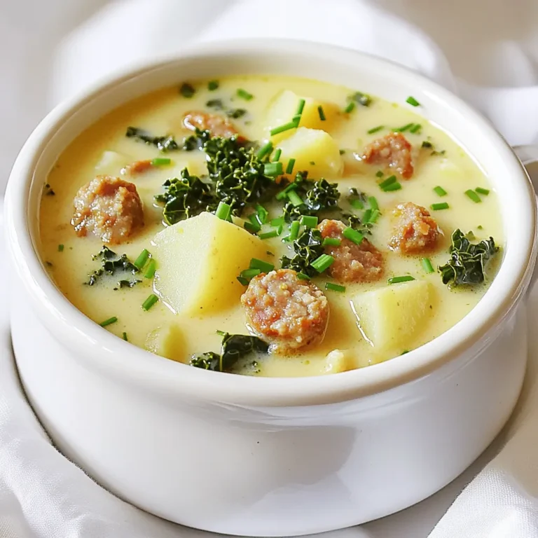 - 1 pound Italian sausage (mild or spicy, your choice) - 4 medium potatoes, peeled and diced - 1 medium onion, diced - 3 cloves garlic, minced - 4 cups chicken broth - 1 cup heavy cream - 1 cup corn (frozen or canned) - 2 cups kale or spinach, chopped - 1 teaspoon dried thyme - Salt and black pepper to taste - 2 tablespoons olive oil The heart of this dish is the Italian sausage. It gives the soup rich flavor. The potatoes add creaminess and a nice texture. Onions and garlic bring out the taste. Chicken broth is key for a warm base. Heavy cream makes it smooth and rich. Corn adds a sweet crunch, while kale or spinach brings color and nutrients. Don't forget the thyme, salt, and pepper for seasoning. - Additional vegetables like carrots or celery - Different herbs such as rosemary or basil You can change things up by adding carrots or celery for extra flavor. Fresh herbs like rosemary or basil can also enhance the taste. These options let you customize the soup to suit your taste. - Chopped chives - Chopped parsley For a beautiful finish, sprinkle chopped chives or parsley on top. These garnishes add a fresh touch and color to your warm bowl of soup. Plus, they give it a nice pop of flavor. Enjoy your delicious creation! Start with a skillet over medium heat. Pour in two tablespoons of olive oil. When the oil is hot, add one pound of Italian sausage. You can choose mild or spicy, based on your taste. Use a spatula to break the sausage into smaller pieces. Cook for about five to seven minutes until it turns brown. If there is a lot of grease, drain it off before moving on. This step adds flavor and depth to your soup. Now, take your slow cooker. Add the cooked sausage to it. Next, include four medium potatoes, peeled and diced. Then, add one medium diced onion and three minced garlic cloves. Pour in four cups of chicken broth. Sprinkle in one teaspoon of dried thyme, and season with salt and black pepper to taste. Stir everything together well. This blend creates the base of your creamy soup. Cover the slow cooker. You have two cooking options here. For a slow, comforting meal, cook on low for six to eight hours. If you’re in a hurry, you can set it to high for three to four hours. Check the potatoes around the end of the cooking time. They should be tender when poked with a fork. This slow cooking allows all the flavors to meld beautifully. About thirty minutes before you serve, add one cup of corn. You can use frozen or canned corn. Also, toss in two cups of chopped kale or spinach for color and nutrition. Now stir in one cup of heavy cream. This makes your soup rich and creamy. Cover the slow cooker again and let everything heat through. Before serving, taste your soup and adjust the seasoning if needed. Garnish with chopped chives or parsley for a fresh finish. Enjoy your delicious creation! For this soup, I love using Italian sausage. You can pick mild or spicy. The sausage adds great flavor to the dish. If you prefer a leaner option, turkey sausage works well too. Just cook it until it’s browned. This step is key to getting a rich taste. To get that dreamy creamy texture, heavy cream is a must. Add it near the end of cooking. Stir it in gently to combine. If you want a lighter soup, consider using half-and-half or whole milk. These options still add creaminess. Just reduce the cooking time a little to avoid curdling. One common mistake is overcooking the potatoes. They should be tender but not mushy. Set the slow cooker on low for 6-8 hours. If you’re in a hurry, high for 3-4 hours works too. Another mistake is not seasoning enough. Always taste your soup before serving. Add salt and pepper as needed. Lastly, don’t skip the greens. Adding kale or spinach adds nutrients and color. {{image_2}} You can make this soup lighter by using turkey sausage. It has less fat but still packs flavor. Use low-sodium chicken broth to cut down on salt. Swap heavy cream for half-and-half or a plant-based milk. This keeps it creamy while lowering calories. You could also add more veggies like carrots or zucchini. They add nutrition and keep the soup hearty. To create a vegetarian version, skip the sausage. Use hearty mushrooms instead for a meaty texture. Add extra beans for protein. You can use vegetable broth in place of chicken broth. This gives a good base flavor. Toss in a variety of vegetables like bell peppers or squash. They add color and flavors that pop. Want to boost the flavor? Add a splash of white wine during cooking. This adds depth to the taste. You can also mix in some smoked paprika for a hint of warmth. Fresh herbs like basil or rosemary work great too. Toss them in near the end for freshness. If you like spice, add red pepper flakes to kick it up a notch. These simple changes can take your soup to the next level! After you finish your soup, let it cool. This helps keep it fresh. Pour the soup into a container with a lid. If you use glass, let it sit for a bit before sealing. This stops cracks. Store it in the fridge for up to four days. Label the container with the date. To reheat, you have a few options. You can use the microwave or stove. If using the microwave, place the soup in a bowl. Heat it for one minute, then stir. Check the warmth and heat for another minute if needed. On the stove, pour it into a pot and warm over low heat. Stir often to avoid burning. You can freeze this soup for later use. Use a freezer-safe container or bag. Leave some space at the top since soup expands when frozen. It can last for up to three months in the freezer. When ready to eat, thaw it overnight in the fridge. Reheat it gently on the stove or microwave. Enjoy your creamy sausage potato soup any time! Yes, you can use other potatoes. Red potatoes or Yukon gold potatoes work well. These types hold their shape and add a nice texture. They also bring a slightly different flavor, which can enhance your soup. To add spice, you can use spicy sausage instead of mild. You can also add red pepper flakes or hot sauce. Start with a small amount. You can always add more if you want extra heat. If you want a lighter option, use half-and-half or whole milk. For a dairy-free choice, try coconut milk or almond milk. These substitutes will change the flavor a bit, but they still work well in the soup. Yes, you can make this soup in advance. It tastes even better the next day. Just store it in the fridge after it cools. When ready to eat, reheat on the stove or in the microwave until hot. You learned about the key ingredients and steps to make a delicious soup. I shared tips for perfect texture and common mistakes to avoid. You also discovered different variations for every diet. Finally, I covered how to store and reheat your soup. I hope these insights help you enjoy making this dish. With practice, you’ll create tasty soups every time. Happy cooking!