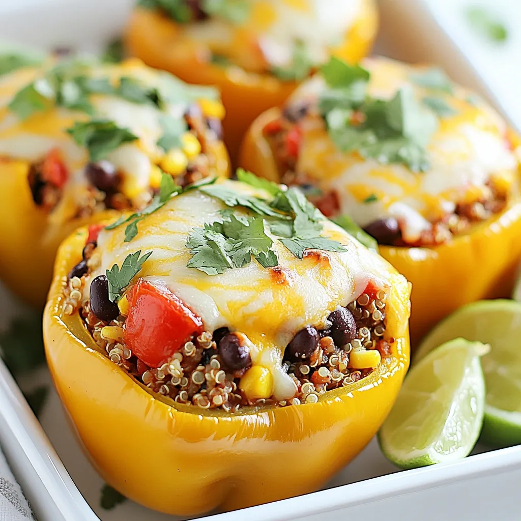 - 4 large bell peppers (any color) - 1 cup quinoa, rinsed - 2 cups vegetable broth - 1 can (15 oz) black beans, rinsed and drained - 1 cup corn (fresh or frozen) - 1 cup diced tomatoes (canned or fresh) - 1 small red onion, diced - 2 cloves garlic, minced - 1 teaspoon cumin - 1 teaspoon chili powder - 1 teaspoon paprika - Salt and pepper to taste - 1 cup shredded cheese (cheddar or Mexican blend) - Fresh cilantro, chopped (for garnish) - Lime wedges (for serving) Gathering your ingredients is key. Start with colorful bell peppers. They add joy to your dish. You can use any color you like. Next, grab quinoa, a great source of protein. Rinse it well before cooking. You'll also need vegetable broth to give the quinoa flavor. Black beans are a must for texture and protein. Rinse and drain them to remove extra sodium. Corn adds sweetness and crunch. Use fresh corn or frozen, whatever you have. Diced tomatoes bring moisture and taste. Choose canned or fresh, based on what you prefer. A small red onion and garlic will make your filling pop. They add depth to your mix. For spices, cumin, chili powder, and paprika will give it that fiesta flair. Don't forget salt and pepper to season to your liking. Finally, cheese is the crowning glory. Use cheddar or a Mexican blend for richness. Fresh cilantro will add brightness on top. Lime wedges are great for serving and give a zesty kick. {{ingredient_image_1}} - Preheat the oven to 375°F (190°C). - Cook the quinoa in vegetable broth. Bring the broth to a boil. Add the rinsed quinoa. Cover it and let it simmer for about 15 minutes. When done, remove it from heat and fluff with a fork. - Prepare the bell peppers for stuffing. Slice the tops off and remove the seeds and membranes. Stand the peppers upright in a baking dish. - Combine all filling ingredients in a large mixing bowl. Add the cooked quinoa, black beans, corn, diced tomatoes, red onion, garlic, cumin, chili powder, and paprika. Mix well and season with salt and pepper. - Spoon the quinoa mixture into each pepper. Pack the filling down slightly to fit more. - Top each stuffed pepper with a sprinkle of shredded cheese. - Cover the baking dish with aluminum foil. Bake for 25 minutes. - Remove the foil and bake for another 10 minutes, until the cheese is bubbly and golden. Choosing the right bell peppers is key. Look for large, firm peppers. They should have smooth skin and vibrant color. Any color works: red, green, yellow, or orange. I often mix them for a colorful dish. To ensure even cooking and flavor, hollow out the peppers well. Remove all seeds and membranes. This step helps the filling cook through and blend with the pepper taste. Place the peppers upright in a baking dish. This keeps them stable and helps them cook evenly. For added depth, consider some extra spices. You can try oregano, cayenne, or smoked paprika. Each brings a unique taste to your dish. If you love heat, increase the chili powder. For cheese toppings, feel free to mix it up. Instead of cheddar or a Mexican blend, use feta for a tangy zip. Goat cheese or a dairy-free option also works well. To complement your stuffed peppers, serve with a fresh green salad. A light vinaigrette pairs nicely. You can also offer some tortilla chips for crunch. For a festive look, slice the peppers in half. Arrange them on a colorful platter. Garnish with chopped cilantro and lime wedges. This brightens the dish and adds a burst of flavor. Pro Tips Choose Colorful Peppers: Using a mix of red, yellow, and green bell peppers not only adds visual appeal but also provides a variety of flavors. Rinse Quinoa Thoroughly: Rinsing the quinoa before cooking helps remove its natural coating, or saponin, which can make it taste bitter. Customize the Filling: Feel free to add other ingredients like diced zucchini or chopped spinach to the filling for extra nutrition and flavor. Rest Before Serving: Allow the stuffed peppers to cool for a few minutes after baking. This helps the filling set and makes them easier to serve. {{image_2}} You can swap quinoa for other grains. Try using brown rice, farro, or couscous. Each grain adds its own flavor and texture. For stuffing, bell peppers are great, but you can explore other veggies. Zucchini, eggplant, or tomatoes work well too. They all hold up nicely when baked. To make this dish gluten-free, use certified gluten-free grains. Quinoa is naturally gluten-free, making it a perfect choice. For a vegan option, skip the cheese. You can use nutritional yeast for a cheesy flavor. Replace the vegetable broth with water if needed. You can also reduce calories. Use low-fat cheese or cut back on the amount. You can even skip the cheese entirely for a lighter dish. Want a little heat? Add diced jalapeños or a dash of hot sauce to the filling. You can also mix in crushed red pepper flakes for an extra kick. To explore different cuisines, think about Italian or Mediterranean flavors. Add Italian herbs like basil and oregano. For a Mediterranean twist, include olives or feta cheese. Each option brings a new life to your stuffed peppers. To store leftover stuffed peppers, place them in an airtight container. This keeps the peppers fresh. You can also wrap them tightly in plastic wrap. Leftovers last about 3 to 5 days in the refrigerator. Make sure they cool down before you store them. To freeze stuffed peppers, let them cool completely. Wrap each pepper in plastic wrap or foil. Then, place them in a freezer bag or container. They can stay in the freezer for up to 3 months. When you're ready to eat, remove the wrapping and place the peppers in the fridge overnight. This helps them thaw slowly. To reheat frozen stuffed peppers, preheat your oven to 375°F (190°C). Place the peppers in a baking dish and cover with foil. Bake for 25 to 30 minutes, until heated through. When reheating, keep the peppers covered to avoid drying out. You can add a splash of vegetable broth for extra moisture. Bake until they are warm throughout. To maintain flavor and texture, consider adding fresh toppings. A sprinkle of cilantro or a squeeze of lime can bring back that fresh taste. Enjoy your stuffed peppers just like they were fresh out of the oven! Can I make these stuffed peppers ahead of time? Yes, you can prep these stuffed peppers ahead of time. Just make the filling and stuff the peppers. Store them in the fridge for up to a day. When you are ready to eat, bake them as directed. What can I substitute for quinoa? You can use other grains like brown rice or farro. You could also try couscous for a quicker option. Each grain adds a unique taste. How do I know when the peppers are done baking? The peppers are done when they are soft and the cheese is bubbly. You can check by poking them with a fork. If they feel tender, they are ready to serve. Can I use a different type of cheese? Absolutely! You can use mozzarella, pepper jack, or even feta cheese. Each cheese brings its own flavor to the dish. How do I make these vegetarian or vegan-friendly? To make these vegan, skip the cheese or use a plant-based cheese. Use vegetable broth and ensure all ingredients are vegan. This keeps the dish flavorful and fun! Fiesta quinoa stuffed peppers are a fun and tasty meal. You learned about the key ingredients, easy steps to prepare and bake, and tips for perfect flavor. Experiment with variations to suit your taste. Don’t hesitate to store extras for later. Enjoy the journey of making and sharing this dish. Your kitchen will smell wonderful, and everyone will love it!