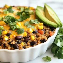 To create this flavorful Fiesta Black Bean Quinoa Casserole, you need fresh, vibrant ingredients. Each one adds its own unique taste. Here’s what you will need: - 1 cup quinoa, rinsed - 2 cups vegetable broth - 1 can (15 oz) black beans, drained and rinsed - 1 can (15 oz) diced tomatoes with green chilis - 1 bell pepper (any color), diced - 1 small red onion, chopped - 1 cup corn (frozen or fresh) - 2 cloves garlic, minced - 1 teaspoon cumin - 1 teaspoon chili powder - 1 teaspoon smoked paprika - Salt and pepper to taste - 1 cup shredded cheese (cheddar or a Mexican blend) - Fresh cilantro, chopped (for garnish) - Avocado slices (for serving) Quinoa is your base, bringing a nutty flavor and fluffy texture. The vegetable broth adds a rich depth, making each bite savory. Black beans pack protein and fiber. Diced tomatoes with green chilis bring heat and acidity, balancing the dish. Bell pepper and red onion add crunch and sweetness. Corn lends a touch of sweetness as well, while garlic boosts flavor. The spices—cumin, chili powder, and smoked paprika—create a warm, inviting aroma. Salt and pepper are essential for seasoning. Shredded cheese melts beautifully, creating a gooey topping. Finally, fresh cilantro and avocado slices finish the dish, adding freshness and creaminess. With these ingredients, your casserole will be a colorful and tasty feast! {{ingredient_image_1}} 1. Preheating the oven: Start by preheating your oven to 375°F (190°C). This sets the stage for a perfect bake. 2. Cooking the quinoa: In a medium pot, add 1 cup of rinsed quinoa and 2 cups of vegetable broth. Bring this to a boil. Once it boils, lower the heat, cover, and let it simmer for about 15 minutes. The quinoa will be fluffy when done. 3. Mixing the ingredients: In a large bowl, combine the cooked quinoa with these ingredients: - 1 can of drained black beans - 1 can of diced tomatoes with green chilis - 1 diced bell pepper - 1 chopped small red onion - 1 cup of corn (fresh or frozen) - 2 minced garlic cloves - 1 teaspoon cumin - 1 teaspoon chili powder - 1 teaspoon smoked paprika - Salt and pepper to taste Mix everything well until all flavors blend together. 1. Transferring the mixture to the baking dish: Take your mixed ingredients and pour them into a greased 9x13 inch baking dish. Spread the mixture evenly. 2. Sprinkling cheese: Grab 1 cup of shredded cheese. Sprinkle it generously over the top of the casserole for that melty goodness. 3. Covering and baking process: Cover the dish with aluminum foil. Place it in the preheated oven and bake for 25 minutes. After that, remove the foil and let it bake for another 10-15 minutes. You want the cheese to be bubbly and golden. 1. Cooling instructions: Once baked, take the casserole out of the oven. Let it cool for a few minutes. This helps the layers set a bit. 2. Garnishing with cilantro: Chop fresh cilantro and sprinkle it over the top. This adds a pop of color and flavor. 3. Pairing with avocado slices: Serve your casserole with slices of avocado on the side. It adds creaminess and balances the dish perfectly. - Rinsing quinoa: Rinsing quinoa is key. It removes the bitter coating called saponin. Place your quinoa in a fine mesh strainer and rinse it under cool water for about a minute. This step helps your dish taste fresh and clean. - Achieving optimal cheese melt: To get that perfect cheese melt, use shredded cheese. It melts better than blocks. Sprinkle it on top in an even layer. Cover the dish with foil during the first part of baking to help it melt evenly. - Adding spices to taste: Your taste matters! Feel free to boost the spices. Add more cumin or chili powder if you love heat. A touch of cayenne pepper adds a nice kick. Taste as you go for the best flavor. - Substituting fresh ingredients: Use fresh veggies for a burst of flavor. Swap canned tomatoes for fresh ones. You can also add fresh corn instead of frozen. This simple change brightens the dish. - Serving suggestions: This casserole looks great on any table. Serve it in the baking dish for a casual vibe. For a fancy touch, use a nice serving dish. Pair it with a side salad for a full meal. - Garnishing options: Garnish adds charm! Fresh cilantro makes it pop. Add avocado slices on the side for creaminess. A squeeze of lime juice also brightens the dish and adds zest. Pro Tips Rinse Your Quinoa: Rinsing quinoa before cooking helps to remove its natural coating, called saponin, which can give it a bitter taste. Customize Your Veggies: Feel free to swap in your favorite vegetables or whatever you have on hand. Zucchini, spinach, or even jalapeños would be great additions! Make It Ahead: This casserole can be assembled ahead of time and stored in the fridge for up to 24 hours before baking, making it a perfect meal prep option. Cheese Variations: Experiment with different types of cheese for varied flavors. Try pepper jack for some extra heat or a dairy-free cheese for a vegan option. {{image_2}} You can change the veggies to fit your tastes. Try adding zucchini, spinach, or mushrooms. These choices add flavor and nutrients to the dish. If you want a crunch, add some diced carrots or sweet potatoes. For beans, black beans are great, but you can use kidney beans or pinto beans too. Each type gives a different taste and texture. Mixing in chickpeas can also add protein and fiber. If you are vegan, skip the cheese or use a plant-based option. Nutritional yeast can also give a cheesy flavor without dairy. Use vegetable broth that is vegan-friendly to keep the dish plant-based. For gluten-free needs, this recipe is already free of gluten. Just make sure to use gluten-free broth and check that your spices do not contain gluten. To give a southwest twist, add jalapeños or a squeeze of lime juice. This will give your casserole a nice kick and bright flavor. You can also include fresh corn for a crunchy pop. If you want a Mediterranean influence, add olives and feta cheese. A touch of oregano or basil will bring a new taste. This twist makes the casserole unique and fun! To store leftover Fiesta Black Bean Quinoa Casserole, let it cool first. Place it in an airtight container. This keeps the flavors fresh. You can store it in the fridge for up to 5 days. If you want to freeze the casserole, use a freezer-safe container. I recommend slicing individual portions. This makes it easier to thaw only what you need. Wrap each piece in plastic wrap before placing it in the container. The casserole can last up to 3 months in the freezer. When you are ready to enjoy the casserole again, preheat your oven to 350°F (175°C). Remove the plastic wrap and place the casserole in an oven-safe dish. Cover it with foil to keep it moist. Heat for about 20-25 minutes or until it is warm throughout. You can also microwave individual portions. Just cover them with a damp paper towel and heat for 1-2 minutes. Always check the center to ensure it is hot. The casserole lasts about 4 to 5 days in the fridge. Make sure to store it in an airtight container to keep it fresh. You can enjoy it as a quick lunch or dinner option. Yes, you can make this recipe in advance. Prepare the casserole up to the baking step. Cover it and store it in the fridge for up to 24 hours. When ready, just bake it as instructed. This casserole pairs well with a simple side salad or tortilla chips. You can also serve it with guacamole or salsa for extra flavor. A dollop of sour cream adds a nice touch too. Yes, you can use a slow cooker. Cook the quinoa as directed, then mix all ingredients in the slow cooker. Cook on low for 4 to 6 hours or high for 2 to 3 hours. Top with cheese during the last 30 minutes. Absolutely! To add spice, increase the chili powder or add jalapeños. You can also use spicy diced tomatoes with green chilis. Adjust the heat to match your taste. This casserole brings tasty ingredients like quinoa, black beans, and veggies together. We covered how to prepare, bake, and serve it. You can also tweak the recipe with options for diet needs or personal taste. Finally, remember to store your leftovers well for future meals. Enjoy making and sharing this colorful dish with others. Happy cooking!