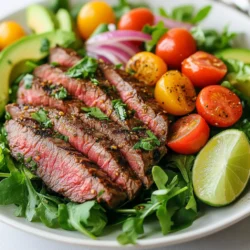 For this fresh and tasty Chili Lime Steak Salad, you will need: - 1 lb flank steak - 4 cups mixed salad greens (arugula, spinach, romaine) - 1 cup cherry tomatoes, halved - 1 avocado, sliced - 1/2 cup red onion, thinly sliced - Fresh cilantro for garnish Each of these ingredients plays a key role. The flank steak gives a hearty flavor. The mixed greens add freshness and crunch. The tomatoes offer sweetness, while the avocado brings creaminess. The red onion adds a nice sharp bite, and cilantro gives a bright finish. To make the steak flavorful, the marinade is essential. You’ll need: - 1 tablespoon chili powder - 1 teaspoon cumin - 1 teaspoon garlic powder - 1 teaspoon onion powder - Juice of 2 limes - 2 tablespoons olive oil - Salt and pepper to taste This marinade adds a spicy kick. Lime juice helps tenderize the meat. Olive oil keeps it moist while cooking. The spices create a deep, rich flavor that pairs perfectly with the fresh salad. You can customize your salad with extra toppings like: - Crumbled feta cheese - Sliced jalapeños for heat - Corn for sweetness - Black beans for extra protein These additions let you play with flavors and textures. They can make your salad even more exciting and satisfying. Feel free to mix and match based on your taste! {{ingredient_image_1}} Start by gathering your ingredients. You will need chili powder, cumin, garlic powder, onion powder, lime juice, olive oil, salt, and pepper. In a small bowl, mix these items together. This mix makes a tasty marinade. The lime juice adds a nice tang. The spices bring the heat and flavor. Stir until all ingredients blend well. Next, take your flank steak. Place it in a shallow dish. Pour the marinade over the steak. Make sure the steak is well coated. This step is key for flavor. Cover the dish and let it sit. Marinate for at least 30 minutes. If you have more time, two hours is even better. This gives the steak a deeper taste. Now, it's time to cook the steak. Preheat your grill or a stovetop grill pan. Set it to medium-high heat. Once hot, take the steak out of the marinade. Place it on the grill. Cook for 4 to 5 minutes on each side. This will get you a medium-rare steak. Adjust the time if you like it cooked more. When done, take the steak off the grill. Let it rest for 5 minutes before slicing. This helps keep it juicy. While the steak rests, prepare the salad. Take a large bowl and add mixed salad greens. Use arugula, spinach, and romaine for a nice mix. Add halved cherry tomatoes, sliced avocado, and thinly sliced red onion. Toss everything gently. Once the steak is sliced, arrange it on top of the salad. Drizzle any leftover marinade over the top. Finish with fresh cilantro for a burst of flavor. Enjoy your fresh and flavorful Chili Lime Steak Salad! To cook steak just right, use a meat thermometer. For medium-rare, aim for 130°F. Let the steak rest after grilling. This helps the juices stay inside. Slice against the grain for tender bites. If you like it more cooked, go for 140°F for medium. To boost flavor, add fresh herbs like cilantro or parsley. A squeeze of lime juice brightens the taste. Consider mixing in a pinch of chili flakes for a kick. This adds depth without overwhelming the salad. Try to serve the salad fresh for the best taste. Make the salad look great with a simple layout. Start with greens at the bottom. Add vibrant cherry tomatoes and avocado slices. Place the steak neatly on top. Finish with cilantro for a pop of color. A lime wedge on the side adds charm. Pro Tips Marinate for Maximum Flavor: Allow the steak to marinate for at least 1 hour, or up to 2 hours, to enhance the flavor profile of the meat. Grill at the Right Temperature: Ensure your grill is preheated to medium-high heat; this helps achieve a perfect sear while keeping the inside tender. Slice Against the Grain: Always slice the steak against the grain for maximum tenderness in each bite. Fresh Ingredients Matter: Use fresh salad greens and ripe avocados for the best taste and texture in your salad. {{image_2}} You can switch the flank steak for other meats. Chicken breast works great. You can also use shrimp for a lighter dish. Just marinate and grill them like the steak. If you like fish, try salmon. It pairs well with the chili lime flavors too. Each choice adds a unique twist to your salad. For a plant-based meal, swap the steak for grilled tofu or tempeh. Firm tofu absorbs the marinade well. Cut it into thick slices and grill until crispy. You can also use chickpeas. They add protein and a nice texture. Just toss them in the marinade and grill or roast them for extra flavor. Using seasonal ingredients can make your salad even better. In summer, add fresh corn or bell peppers for crunch. In fall, roasted sweet potatoes are sweet and filling. Winter calls for hearty greens like kale or brussels sprouts. You can mix in fruits like pomegranate seeds or sliced apples for a sweet touch. Always look for what's fresh to keep your salad vibrant and tasty. To store leftover salad, place it in an airtight container. Use a container that fits well. Make sure to keep the steak and salad greens separate. This helps maintain freshness. The salad greens can wilt quickly. Store the steak in a different container. This keeps it juicy and tender. You can also add any toppings later. When you reheat steak, do it slowly. Use low heat to prevent drying it out. You can use a microwave, but it may not be the best choice. Instead, try a skillet or oven. Heat the steak in a skillet over low heat for a few minutes. You can cover it to help keep moisture. If using the oven, wrap the steak in foil. Heat at 250°F for about 10-15 minutes. This keeps your steak tasty and safe to eat. The salad stays fresh for about 2-3 days in the fridge. Make sure it’s in a sealed container. The mixed greens can lose their crunch after a day. If the salad looks or smells off, it's best to toss it. The steak can last about 3-4 days if stored well. Always check for any signs of spoilage before eating. Yes, you can use other cuts. Sirloin or ribeye work well. These cuts are tender and flavorful. They can hold up to the marinade just like flank steak. Choose cuts that are not too thick. This helps them cook evenly and stay juicy. You can add many vegetables to this salad. Bell peppers give a nice crunch. Cucumbers add freshness. Grated carrots bring sweetness and color. You can also use corn for a pop of flavor. Mix and match based on what you like. To make this salad gluten-free, check your ingredients. Use gluten-free soy sauce in your marinade. Avoid using any sauces that might contain gluten. Stick to fresh veggies and the right seasonings. This way, you can enjoy the salad without worry. You can prep parts of the salad ahead. Marinate the steak a few hours before cooking. Chop the veggies and store them in the fridge. Just wait to mix the salad until you're ready to eat. This keeps everything fresh and tasty. This blog post covered how to make a tasty chili lime steak salad. You learned about key ingredients and marinade components. I also shared step-by-step instructions for preparing the dish. Tips on steak doneness and flavor were provided too. Don’t forget the variations for protein and veggies! In the end, this salad is fun to prepare and enjoy. Try different options to make it your own. Happy cooking!