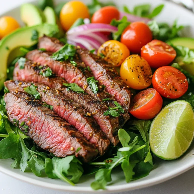 For this fresh and tasty Chili Lime Steak Salad, you will need: - 1 lb flank steak - 4 cups mixed salad greens (arugula, spinach, romaine) - 1 cup cherry tomatoes, halved - 1 avocado, sliced - 1/2 cup red onion, thinly sliced - Fresh cilantro for garnish Each of these ingredients plays a key role. The flank steak gives a hearty flavor. The mixed greens add freshness and crunch. The tomatoes offer sweetness, while the avocado brings creaminess. The red onion adds a nice sharp bite, and cilantro gives a bright finish. To make the steak flavorful, the marinade is essential. You’ll need: - 1 tablespoon chili powder - 1 teaspoon cumin - 1 teaspoon garlic powder - 1 teaspoon onion powder - Juice of 2 limes - 2 tablespoons olive oil - Salt and pepper to taste This marinade adds a spicy kick. Lime juice helps tenderize the meat. Olive oil keeps it moist while cooking. The spices create a deep, rich flavor that pairs perfectly with the fresh salad. You can customize your salad with extra toppings like: - Crumbled feta cheese - Sliced jalapeños for heat - Corn for sweetness - Black beans for extra protein These additions let you play with flavors and textures. They can make your salad even more exciting and satisfying. Feel free to mix and match based on your taste! {{ingredient_image_1}} Start by gathering your ingredients. You will need chili powder, cumin, garlic powder, onion powder, lime juice, olive oil, salt, and pepper. In a small bowl, mix these items together. This mix makes a tasty marinade. The lime juice adds a nice tang. The spices bring the heat and flavor. Stir until all ingredients blend well. Next, take your flank steak. Place it in a shallow dish. Pour the marinade over the steak. Make sure the steak is well coated. This step is key for flavor. Cover the dish and let it sit. Marinate for at least 30 minutes. If you have more time, two hours is even better. This gives the steak a deeper taste. Now, it's time to cook the steak. Preheat your grill or a stovetop grill pan. Set it to medium-high heat. Once hot, take the steak out of the marinade. Place it on the grill. Cook for 4 to 5 minutes on each side. This will get you a medium-rare steak. Adjust the time if you like it cooked more. When done, take the steak off the grill. Let it rest for 5 minutes before slicing. This helps keep it juicy. While the steak rests, prepare the salad. Take a large bowl and add mixed salad greens. Use arugula, spinach, and romaine for a nice mix. Add halved cherry tomatoes, sliced avocado, and thinly sliced red onion. Toss everything gently. Once the steak is sliced, arrange it on top of the salad. Drizzle any leftover marinade over the top. Finish with fresh cilantro for a burst of flavor. Enjoy your fresh and flavorful Chili Lime Steak Salad! To cook steak just right, use a meat thermometer. For medium-rare, aim for 130°F. Let the steak rest after grilling. This helps the juices stay inside. Slice against the grain for tender bites. If you like it more cooked, go for 140°F for medium. To boost flavor, add fresh herbs like cilantro or parsley. A squeeze of lime juice brightens the taste. Consider mixing in a pinch of chili flakes for a kick. This adds depth without overwhelming the salad. Try to serve the salad fresh for the best taste. Make the salad look great with a simple layout. Start with greens at the bottom. Add vibrant cherry tomatoes and avocado slices. Place the steak neatly on top. Finish with cilantro for a pop of color. A lime wedge on the side adds charm. Pro Tips Marinate for Maximum Flavor: Allow the steak to marinate for at least 1 hour, or up to 2 hours, to enhance the flavor profile of the meat. Grill at the Right Temperature: Ensure your grill is preheated to medium-high heat; this helps achieve a perfect sear while keeping the inside tender. Slice Against the Grain: Always slice the steak against the grain for maximum tenderness in each bite. Fresh Ingredients Matter: Use fresh salad greens and ripe avocados for the best taste and texture in your salad. {{image_2}} You can switch the flank steak for other meats. Chicken breast works great. You can also use shrimp for a lighter dish. Just marinate and grill them like the steak. If you like fish, try salmon. It pairs well with the chili lime flavors too. Each choice adds a unique twist to your salad. For a plant-based meal, swap the steak for grilled tofu or tempeh. Firm tofu absorbs the marinade well. Cut it into thick slices and grill until crispy. You can also use chickpeas. They add protein and a nice texture. Just toss them in the marinade and grill or roast them for extra flavor. Using seasonal ingredients can make your salad even better. In summer, add fresh corn or bell peppers for crunch. In fall, roasted sweet potatoes are sweet and filling. Winter calls for hearty greens like kale or brussels sprouts. You can mix in fruits like pomegranate seeds or sliced apples for a sweet touch. Always look for what's fresh to keep your salad vibrant and tasty. To store leftover salad, place it in an airtight container. Use a container that fits well. Make sure to keep the steak and salad greens separate. This helps maintain freshness. The salad greens can wilt quickly. Store the steak in a different container. This keeps it juicy and tender. You can also add any toppings later. When you reheat steak, do it slowly. Use low heat to prevent drying it out. You can use a microwave, but it may not be the best choice. Instead, try a skillet or oven. Heat the steak in a skillet over low heat for a few minutes. You can cover it to help keep moisture. If using the oven, wrap the steak in foil. Heat at 250°F for about 10-15 minutes. This keeps your steak tasty and safe to eat. The salad stays fresh for about 2-3 days in the fridge. Make sure it’s in a sealed container. The mixed greens can lose their crunch after a day. If the salad looks or smells off, it's best to toss it. The steak can last about 3-4 days if stored well. Always check for any signs of spoilage before eating. Yes, you can use other cuts. Sirloin or ribeye work well. These cuts are tender and flavorful. They can hold up to the marinade just like flank steak. Choose cuts that are not too thick. This helps them cook evenly and stay juicy. You can add many vegetables to this salad. Bell peppers give a nice crunch. Cucumbers add freshness. Grated carrots bring sweetness and color. You can also use corn for a pop of flavor. Mix and match based on what you like. To make this salad gluten-free, check your ingredients. Use gluten-free soy sauce in your marinade. Avoid using any sauces that might contain gluten. Stick to fresh veggies and the right seasonings. This way, you can enjoy the salad without worry. You can prep parts of the salad ahead. Marinate the steak a few hours before cooking. Chop the veggies and store them in the fridge. Just wait to mix the salad until you're ready to eat. This keeps everything fresh and tasty. This blog post covered how to make a tasty chili lime steak salad. You learned about key ingredients and marinade components. I also shared step-by-step instructions for preparing the dish. Tips on steak doneness and flavor were provided too. Don’t forget the variations for protein and veggies! In the end, this salad is fun to prepare and enjoy. Try different options to make it your own. Happy cooking!