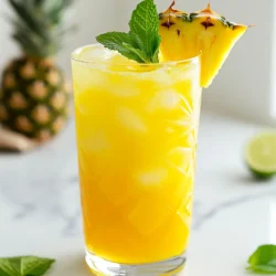 To make a Pineapple Coconut Rum Punch Mocktail, you need these simple ingredients: - 2 cups fresh pineapple juice - 1 cup coconut water - 1 cup sparkling water - 1/2 cup fresh lime juice (about 4 limes) - 2 tablespoons agave syrup (or honey) - Fresh pineapple slices for garnish - Mint leaves for garnish - Ice cubes These ingredients blend together to create a fresh and tropical drink. The pineapple juice gives it a sweet and fruity base. Coconut water adds a light, refreshing taste. The lime juice brings a nice tartness that balances the sweetness. If you don’t have agave syrup, you can use honey instead. Honey adds a rich sweetness. Maple syrup is another option if you want a different flavor. Just keep in mind that maple syrup may alter the taste a bit. Use the same amount of any of these sweeteners. I always recommend using fresh pineapple juice when you can. It tastes brighter and more vibrant. Fresh juice will enhance the overall flavor of the punch. If you must use store-bought juice, choose 100% juice with no added sugar. Check the label to ensure it is pure juice. {{ingredient_image_1}} To make your Pineapple Coconut Rum Punch, start with a large pitcher. First, pour in 2 cups of fresh pineapple juice. Next, add 1 cup of coconut water. Then, squeeze in the juice from about 4 limes, which gives you 1/2 cup. Stir these ingredients well. This mix creates a great base for your punch. Now, add 2 tablespoons of agave syrup or honey. Stir until it dissolves completely. Just before serving, gently stir in 1 cup of sparkling water. This step keeps the drink fizzy and fun. When mixing, make sure to use fresh juice. It makes a big difference in taste. If you like your punch sweeter, adjust the agave syrup to your taste. A little goes a long way! Mix everything in the pitcher before adding the sparkling water. This way, the fizz stays strong when you pour it. This recipe serves about 4 to 6 people. If you need to serve more, just double the recipe. You can easily scale it up by adding more juice and coconut water. For smaller servings, you can cut the recipe in half. Just remember to keep the same ratio of ingredients for the best flavor. To make your Pineapple Coconut Rum Punch stand out, use fresh ingredients. Fresh pineapple juice gives the best taste. You can also add a splash of passion fruit juice. This adds a bright note. For a citrus twist, try using orange juice instead of lime. Fresh mint leaves not only look nice but also add a cool flavor. If you want a little heat, add a pinch of chili powder to the mix. This gives a fun kick that pairs well with the sweet fruit flavors. You can prepare your punch ahead of time. Mix the pineapple juice, coconut water, lime juice, and agave syrup. Store this mixture in the fridge for up to two days. Just add the sparkling water right before serving. This keeps the fizz fresh and bubbly. When ready to serve, fill your glasses with ice first. Pour the punch over the ice and garnish with pineapple and mint. This simple prep saves time and lets you enjoy the party. For serving this mocktail, choose tall glasses or mason jars. These hold plenty of ice and punch. The tall glasses also show off the beautiful colors. If you want a fun vibe, use colorful cups or tiki mugs. They can make your drink look festive. Remember to use clear glassware if you want guests to see the garnishes. A straw can add a nice touch too. It makes sipping easier and adds a playful feel. Pro Tips Use Fresh Ingredients: For the best flavor, always use fresh pineapple juice rather than canned. Fresh juice provides a vibrant and natural sweetness. Chill Your Ingredients: To keep your punch extra refreshing, chill the pineapple juice, coconut water, and sparkling water before mixing. This eliminates the need for too much ice, which can dilute the drink. Experiment with Garnishes: While fresh pineapple and mint are great, feel free to add other tropical garnishes like slices of lime or even edible flowers for a more vibrant presentation. Adjust Sweetness to Taste: Depending on your preference and the sweetness of the pineapple, you may want to adjust the amount of agave syrup or honey. Start with less and add more if needed. {{image_2}} You can make this drink even more fun by adding other fruits. Consider adding mango, passion fruit, or orange juice. Each fruit brings its own unique flavor. For a true tropical punch, blend different juices together. You can mix 1 cup of mango juice into your punch. This will add a lovely sweetness and a bright color. Feel free to experiment with your favorite fruits to find the perfect taste. If you want to change the sweetness, you have options. Instead of agave syrup, try honey or maple syrup. Each sweetener will change the flavor slightly. For a low-calorie option, you can use stevia or monk fruit. Just remember to adjust the amount. Start with a small amount and taste as you go. This way, you can see what works best for you. To take your drink to the next level, think about spices. Adding a pinch of cinnamon or nutmeg can create a warm flavor. You can also add fresh ginger for a kick. Another option is to use a few drops of vanilla extract. Each of these will enhance the taste. Be careful not to add too much. A little goes a long way, and you want to keep the tropical vibe. After enjoying your Pineapple Coconut Rum Punch, you might have some left. To store the leftover punch, pour it into an airtight container. Make sure to leave some space at the top. This helps keep the fizz fresh. If you have garnishes, like pineapple slices or mint leaves, remove them before storing. The best way to keep your punch fresh is to refrigerate it immediately. It will stay bubbly and tasty. If you want to keep it longer, avoid adding sparkling water until you're ready to serve. This way, the punch remains fizzy and flavorful. You can keep the punch in the fridge for up to three days. If you notice any change in smell or taste, it’s best to toss it. Always give it a quick stir before serving again. Enjoy your tropical drink while it's fresh! Yes, you can make this punch ahead of time. Mix the juices and agave syrup in a pitcher. You can chill this mix in the fridge for up to two days. Add the sparkling water just before serving. This keeps the fizz and taste fresh. You can easily adjust the sweetness. If you like it sweeter, add more agave syrup or honey. Start with one tablespoon more and taste. If it’s still not sweet enough, add a bit more. For a less sweet taste, reduce the agave syrup. Use fresh lime juice to balance it out too. Absolutely! This mocktail is perfect for kids. It has no alcohol and uses fresh juice. The sweet and fruity flavors will delight them. You can let kids help with mixing too. They will love being part of the fun! This blog covered how to make a tasty punch using fresh ingredients. We listed key ingredients, offered smart substitutions, and shared where to find the best pineapple juice. You learned step-by-step instructions and handy tips for mixing and serving. We discussed variations to make your punch unique. Lastly, we reviewed storage tips to keep your drink fresh. Try these ideas to impress your friends at your next gathering!