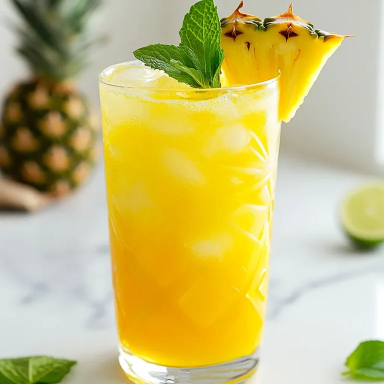 To make a Pineapple Coconut Rum Punch Mocktail, you need these simple ingredients: - 2 cups fresh pineapple juice - 1 cup coconut water - 1 cup sparkling water - 1/2 cup fresh lime juice (about 4 limes) - 2 tablespoons agave syrup (or honey) - Fresh pineapple slices for garnish - Mint leaves for garnish - Ice cubes These ingredients blend together to create a fresh and tropical drink. The pineapple juice gives it a sweet and fruity base. Coconut water adds a light, refreshing taste. The lime juice brings a nice tartness that balances the sweetness. If you don’t have agave syrup, you can use honey instead. Honey adds a rich sweetness. Maple syrup is another option if you want a different flavor. Just keep in mind that maple syrup may alter the taste a bit. Use the same amount of any of these sweeteners. I always recommend using fresh pineapple juice when you can. It tastes brighter and more vibrant. Fresh juice will enhance the overall flavor of the punch. If you must use store-bought juice, choose 100% juice with no added sugar. Check the label to ensure it is pure juice. {{ingredient_image_1}} To make your Pineapple Coconut Rum Punch, start with a large pitcher. First, pour in 2 cups of fresh pineapple juice. Next, add 1 cup of coconut water. Then, squeeze in the juice from about 4 limes, which gives you 1/2 cup. Stir these ingredients well. This mix creates a great base for your punch. Now, add 2 tablespoons of agave syrup or honey. Stir until it dissolves completely. Just before serving, gently stir in 1 cup of sparkling water. This step keeps the drink fizzy and fun. When mixing, make sure to use fresh juice. It makes a big difference in taste. If you like your punch sweeter, adjust the agave syrup to your taste. A little goes a long way! Mix everything in the pitcher before adding the sparkling water. This way, the fizz stays strong when you pour it. This recipe serves about 4 to 6 people. If you need to serve more, just double the recipe. You can easily scale it up by adding more juice and coconut water. For smaller servings, you can cut the recipe in half. Just remember to keep the same ratio of ingredients for the best flavor. To make your Pineapple Coconut Rum Punch stand out, use fresh ingredients. Fresh pineapple juice gives the best taste. You can also add a splash of passion fruit juice. This adds a bright note. For a citrus twist, try using orange juice instead of lime. Fresh mint leaves not only look nice but also add a cool flavor. If you want a little heat, add a pinch of chili powder to the mix. This gives a fun kick that pairs well with the sweet fruit flavors. You can prepare your punch ahead of time. Mix the pineapple juice, coconut water, lime juice, and agave syrup. Store this mixture in the fridge for up to two days. Just add the sparkling water right before serving. This keeps the fizz fresh and bubbly. When ready to serve, fill your glasses with ice first. Pour the punch over the ice and garnish with pineapple and mint. This simple prep saves time and lets you enjoy the party. For serving this mocktail, choose tall glasses or mason jars. These hold plenty of ice and punch. The tall glasses also show off the beautiful colors. If you want a fun vibe, use colorful cups or tiki mugs. They can make your drink look festive. Remember to use clear glassware if you want guests to see the garnishes. A straw can add a nice touch too. It makes sipping easier and adds a playful feel. Pro Tips Use Fresh Ingredients: For the best flavor, always use fresh pineapple juice rather than canned. Fresh juice provides a vibrant and natural sweetness. Chill Your Ingredients: To keep your punch extra refreshing, chill the pineapple juice, coconut water, and sparkling water before mixing. This eliminates the need for too much ice, which can dilute the drink. Experiment with Garnishes: While fresh pineapple and mint are great, feel free to add other tropical garnishes like slices of lime or even edible flowers for a more vibrant presentation. Adjust Sweetness to Taste: Depending on your preference and the sweetness of the pineapple, you may want to adjust the amount of agave syrup or honey. Start with less and add more if needed. {{image_2}} You can make this drink even more fun by adding other fruits. Consider adding mango, passion fruit, or orange juice. Each fruit brings its own unique flavor. For a true tropical punch, blend different juices together. You can mix 1 cup of mango juice into your punch. This will add a lovely sweetness and a bright color. Feel free to experiment with your favorite fruits to find the perfect taste. If you want to change the sweetness, you have options. Instead of agave syrup, try honey or maple syrup. Each sweetener will change the flavor slightly. For a low-calorie option, you can use stevia or monk fruit. Just remember to adjust the amount. Start with a small amount and taste as you go. This way, you can see what works best for you. To take your drink to the next level, think about spices. Adding a pinch of cinnamon or nutmeg can create a warm flavor. You can also add fresh ginger for a kick. Another option is to use a few drops of vanilla extract. Each of these will enhance the taste. Be careful not to add too much. A little goes a long way, and you want to keep the tropical vibe. After enjoying your Pineapple Coconut Rum Punch, you might have some left. To store the leftover punch, pour it into an airtight container. Make sure to leave some space at the top. This helps keep the fizz fresh. If you have garnishes, like pineapple slices or mint leaves, remove them before storing. The best way to keep your punch fresh is to refrigerate it immediately. It will stay bubbly and tasty. If you want to keep it longer, avoid adding sparkling water until you're ready to serve. This way, the punch remains fizzy and flavorful. You can keep the punch in the fridge for up to three days. If you notice any change in smell or taste, it’s best to toss it. Always give it a quick stir before serving again. Enjoy your tropical drink while it's fresh! Yes, you can make this punch ahead of time. Mix the juices and agave syrup in a pitcher. You can chill this mix in the fridge for up to two days. Add the sparkling water just before serving. This keeps the fizz and taste fresh. You can easily adjust the sweetness. If you like it sweeter, add more agave syrup or honey. Start with one tablespoon more and taste. If it’s still not sweet enough, add a bit more. For a less sweet taste, reduce the agave syrup. Use fresh lime juice to balance it out too. Absolutely! This mocktail is perfect for kids. It has no alcohol and uses fresh juice. The sweet and fruity flavors will delight them. You can let kids help with mixing too. They will love being part of the fun! This blog covered how to make a tasty punch using fresh ingredients. We listed key ingredients, offered smart substitutions, and shared where to find the best pineapple juice. You learned step-by-step instructions and handy tips for mixing and serving. We discussed variations to make your punch unique. Lastly, we reviewed storage tips to keep your drink fresh. Try these ideas to impress your friends at your next gathering!