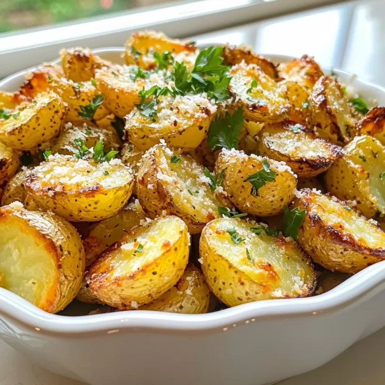 - 2 pounds baby potatoes, halved - 4 cloves garlic, minced - 1/4 cup grated Parmesan cheese - 3 tablespoons olive oil - 1 teaspoon dried oregano - 1 teaspoon dried thyme - Salt and pepper to taste - Fresh parsley, chopped for garnish To make Garlic Parmesan Roasted Potatoes, you need fresh and simple ingredients. Start with baby potatoes. They are sweet and tender. You'll use two pounds, and halving them helps them cook evenly. Next, garlic adds a bold, savory kick. You’ll need four cloves, minced finely. Parmesan cheese brings a rich, nutty flavor. Use a quarter cup for the best taste. Olive oil is crucial for roasting. Three tablespoons ensure the potatoes get crispy. Dried oregano and thyme bring warm, herbal notes. One teaspoon of each is just right. Don't forget salt and pepper. They enhance all the flavors. Lastly, fresh parsley adds a pop of color and fresh taste as a garnish. Gather these ingredients before you start cooking. It makes the process smooth and fun. Enjoy the simple joy of preparing this tasty dish! {{ingredient_image_1}} First, set your oven to 425°F (220°C). This high heat gets those potatoes nice and crispy. Next, grab a baking sheet and line it with parchment paper. This makes cleanup easy and helps the potatoes not stick. In a big bowl, combine the halved baby potatoes and minced garlic. Use fresh garlic for the best flavor. Then, drizzle the olive oil over the potatoes. Mix well so all the potatoes get coated in the oil. Now, it’s time to add flavor. Sprinkle the grated Parmesan cheese, dried oregano, dried thyme, salt, and pepper over the potatoes. Toss everything together until each potato piece is evenly coated with the seasonings. Spread the seasoned potatoes in a single layer on your prepared baking sheet. Make sure they aren’t crowded. Roast in the oven for about 25-30 minutes. Flip the potatoes halfway through to ensure they cook evenly and get golden brown. After roasting, take them out of the oven. Let the potatoes sit for a couple of minutes. This helps them firm up a bit. Before serving, garnish with chopped fresh parsley for a pop of color and flavor. To get those perfect crispy potatoes, you need a high oven temperature. Preheating your oven to 425°F (220°C) works wonders. This heat helps the outside crisp up nicely while keeping the inside soft. When roasting, flip the potatoes halfway through. This ensures every side gets that golden brown color. Use a spatula to turn them gently. You want them crispy but not smashed. Adding spices and herbs can boost the flavor of your potatoes. I love using dried oregano and thyme, as they pair well with garlic. You can also try adding a pinch of paprika or chili powder for some heat. Choosing the right Parmesan cheese matters too. Freshly grated cheese melts better and adds a richer taste. If you can't find that, look for high-quality pre-grated cheese, but avoid the powdered kind. It lacks flavor. Serve your Garlic Parmesan Roasted Potatoes in a rustic bowl. This adds charm to your meal. You can drizzle a little extra olive oil on top for shine and flavor. For a pop of color, try garnishing with fresh parsley. Chopped parsley adds a fresh look and a hint of herbal taste. A sprinkle of extra Parmesan on top will impress your guests and enhance the dish. Pro Tips Choose the Right Potatoes: Using baby or fingerling potatoes will yield the best results as they have a creamy texture and hold their shape well during roasting. Don't Skip the Garlic: For a more robust garlic flavor, consider roasting the garlic cloves along with the potatoes. This will mellow the flavor and add a delicious sweetness. Even Coating is Key: Make sure to toss the potatoes thoroughly with the olive oil and seasonings. This ensures every piece is well-coated and flavorful. Check for Crispiness: Every oven is different, so keep an eye on the potatoes as they roast. You want them to be golden brown and crispy, which may take a little longer or shorter depending on your oven. {{image_2}} You can boost the cheesy goodness of these potatoes in fun ways. Try adding different types of cheese. Cheddar, mozzarella, or even feta can bring new flavors. Mixing in garlic butter makes each bite rich and savory. It adds a creamy texture that pairs well with crispy potatoes. Fresh herbs bring a bright, fresh taste. You can use rosemary, basil, or chives. They help create a unique flavor for each batch. Seasonal vegetable additions can also make your dish more colorful. Think bell peppers, zucchini, or even cherry tomatoes. These veggies not only taste great but also add nutrition. Want a quicker way to cook? The air fryer method is perfect. It crisps the potatoes quickly and uses less oil. You can also try grilling these potatoes in the summer. Just toss them in a grill basket. The smoky flavor from the grill gives them a delicious twist. Store any leftover Garlic Parmesan Roasted Potatoes in the fridge. Use an airtight container to keep them fresh. Glass or plastic containers with tight-fitting lids work well. This helps reduce moisture loss and keeps the flavor intact. Try to eat them within three days for the best taste. You can reheat your potatoes in the oven or microwave. The oven gives the best crispiness. Preheat it to 400°F (200°C). Spread the potatoes on a baking sheet and heat for about 10-15 minutes. Flip them halfway to ensure even heating. If you choose the microwave, place them in a microwave-safe dish. Heat in short bursts, checking often. This method may make them softer, so use it only if you're in a hurry. You can freeze roasted potatoes, but they lose some texture. First, let them cool completely. Then, place them in a single layer on a baking sheet. Freeze until solid, about one hour. After that, transfer them to a freezer bag. Squeeze out as much air as possible to prevent freezer burn. To thaw, put them in the fridge overnight. Reheat in the oven to regain some crispness. You roast the potatoes for 25 to 30 minutes. This time gives you crispy and golden results. Flip the potatoes halfway through to ensure even cooking. Keep an eye on them in the last few minutes. You want them to be perfectly browned, not burnt. Yes, you can use larger potatoes, but you need to cut them smaller. Halve or quarter them to match the size of baby potatoes. This helps them cook evenly. Larger pieces will take longer to roast, so check for doneness after 30 minutes. These potatoes pair well with many dishes. Try serving them with grilled chicken or steak. They also go great with a fresh salad or steamed veggies. For a fun twist, serve them with a dipping sauce, like ranch or garlic aioli. Yes, you can make this dish dairy-free. Use a dairy-free cheese alternative instead of Parmesan. Nutritional yeast is a great option for a cheesy flavor. Another choice is to simply skip the cheese and add extra herbs for flavor. This blog post covered how to make delicious Garlic Parmesan Roasted Potatoes. We went through the ingredients, step-by-step instructions, and tips for perfecting your dish. You learned about variations and how to store leftovers effectively. Now, you can enjoy a tasty side dish that impresses everyone at your table. Get cooking and have fun experimenting with flavors! These potatoes are easy to make and always satisfying.