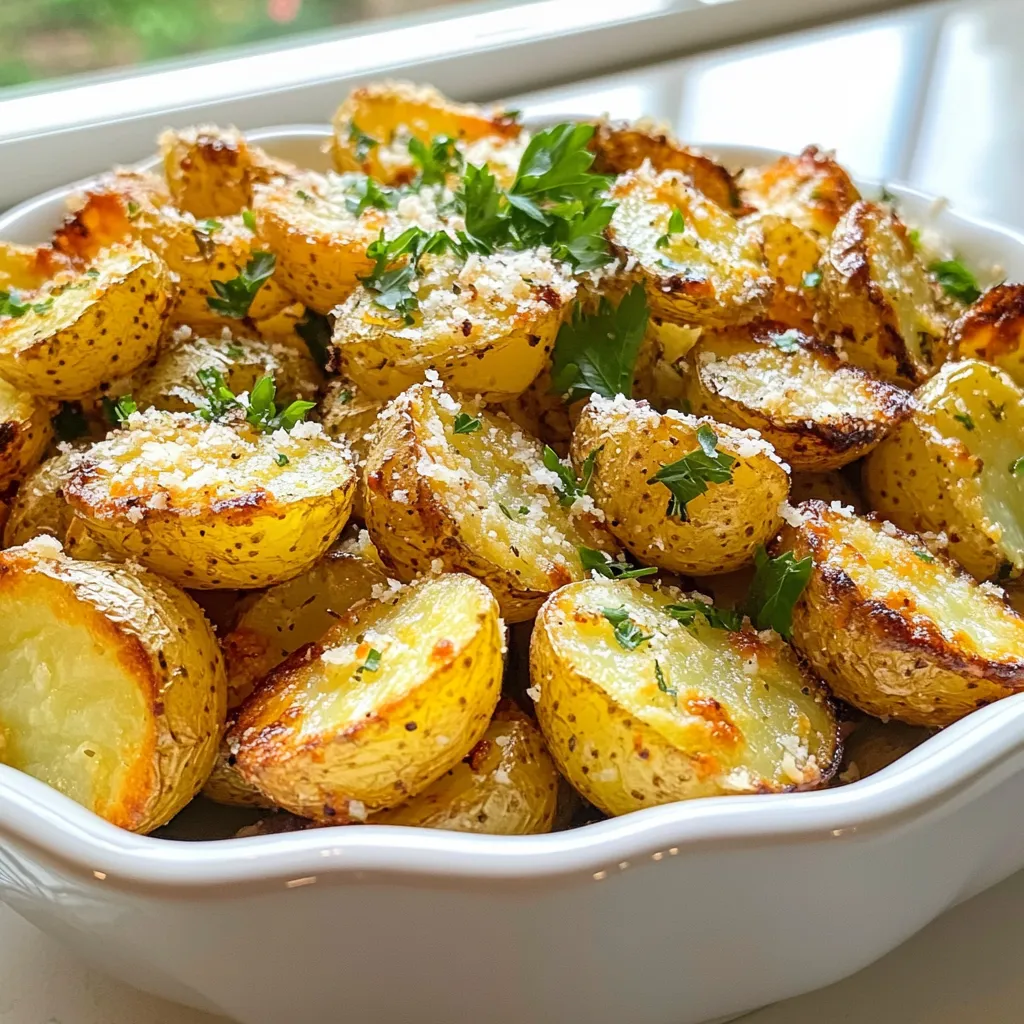 - 2 pounds baby potatoes, halved - 4 cloves garlic, minced - 1/4 cup grated Parmesan cheese - 3 tablespoons olive oil - 1 teaspoon dried oregano - 1 teaspoon dried thyme - Salt and pepper to taste - Fresh parsley, chopped for garnish To make Garlic Parmesan Roasted Potatoes, you need fresh and simple ingredients. Start with baby potatoes. They are sweet and tender. You'll use two pounds, and halving them helps them cook evenly. Next, garlic adds a bold, savory kick. You’ll need four cloves, minced finely. Parmesan cheese brings a rich, nutty flavor. Use a quarter cup for the best taste. Olive oil is crucial for roasting. Three tablespoons ensure the potatoes get crispy. Dried oregano and thyme bring warm, herbal notes. One teaspoon of each is just right. Don't forget salt and pepper. They enhance all the flavors. Lastly, fresh parsley adds a pop of color and fresh taste as a garnish. Gather these ingredients before you start cooking. It makes the process smooth and fun. Enjoy the simple joy of preparing this tasty dish! {{ingredient_image_1}} First, set your oven to 425°F (220°C). This high heat gets those potatoes nice and crispy. Next, grab a baking sheet and line it with parchment paper. This makes cleanup easy and helps the potatoes not stick. In a big bowl, combine the halved baby potatoes and minced garlic. Use fresh garlic for the best flavor. Then, drizzle the olive oil over the potatoes. Mix well so all the potatoes get coated in the oil. Now, it’s time to add flavor. Sprinkle the grated Parmesan cheese, dried oregano, dried thyme, salt, and pepper over the potatoes. Toss everything together until each potato piece is evenly coated with the seasonings. Spread the seasoned potatoes in a single layer on your prepared baking sheet. Make sure they aren’t crowded. Roast in the oven for about 25-30 minutes. Flip the potatoes halfway through to ensure they cook evenly and get golden brown. After roasting, take them out of the oven. Let the potatoes sit for a couple of minutes. This helps them firm up a bit. Before serving, garnish with chopped fresh parsley for a pop of color and flavor. To get those perfect crispy potatoes, you need a high oven temperature. Preheating your oven to 425°F (220°C) works wonders. This heat helps the outside crisp up nicely while keeping the inside soft. When roasting, flip the potatoes halfway through. This ensures every side gets that golden brown color. Use a spatula to turn them gently. You want them crispy but not smashed. Adding spices and herbs can boost the flavor of your potatoes. I love using dried oregano and thyme, as they pair well with garlic. You can also try adding a pinch of paprika or chili powder for some heat. Choosing the right Parmesan cheese matters too. Freshly grated cheese melts better and adds a richer taste. If you can't find that, look for high-quality pre-grated cheese, but avoid the powdered kind. It lacks flavor. Serve your Garlic Parmesan Roasted Potatoes in a rustic bowl. This adds charm to your meal. You can drizzle a little extra olive oil on top for shine and flavor. For a pop of color, try garnishing with fresh parsley. Chopped parsley adds a fresh look and a hint of herbal taste. A sprinkle of extra Parmesan on top will impress your guests and enhance the dish. Pro Tips Choose the Right Potatoes: Using baby or fingerling potatoes will yield the best results as they have a creamy texture and hold their shape well during roasting. Don't Skip the Garlic: For a more robust garlic flavor, consider roasting the garlic cloves along with the potatoes. This will mellow the flavor and add a delicious sweetness. Even Coating is Key: Make sure to toss the potatoes thoroughly with the olive oil and seasonings. This ensures every piece is well-coated and flavorful. Check for Crispiness: Every oven is different, so keep an eye on the potatoes as they roast. You want them to be golden brown and crispy, which may take a little longer or shorter depending on your oven. {{image_2}} You can boost the cheesy goodness of these potatoes in fun ways. Try adding different types of cheese. Cheddar, mozzarella, or even feta can bring new flavors. Mixing in garlic butter makes each bite rich and savory. It adds a creamy texture that pairs well with crispy potatoes. Fresh herbs bring a bright, fresh taste. You can use rosemary, basil, or chives. They help create a unique flavor for each batch. Seasonal vegetable additions can also make your dish more colorful. Think bell peppers, zucchini, or even cherry tomatoes. These veggies not only taste great but also add nutrition. Want a quicker way to cook? The air fryer method is perfect. It crisps the potatoes quickly and uses less oil. You can also try grilling these potatoes in the summer. Just toss them in a grill basket. The smoky flavor from the grill gives them a delicious twist. Store any leftover Garlic Parmesan Roasted Potatoes in the fridge. Use an airtight container to keep them fresh. Glass or plastic containers with tight-fitting lids work well. This helps reduce moisture loss and keeps the flavor intact. Try to eat them within three days for the best taste. You can reheat your potatoes in the oven or microwave. The oven gives the best crispiness. Preheat it to 400°F (200°C). Spread the potatoes on a baking sheet and heat for about 10-15 minutes. Flip them halfway to ensure even heating. If you choose the microwave, place them in a microwave-safe dish. Heat in short bursts, checking often. This method may make them softer, so use it only if you're in a hurry. You can freeze roasted potatoes, but they lose some texture. First, let them cool completely. Then, place them in a single layer on a baking sheet. Freeze until solid, about one hour. After that, transfer them to a freezer bag. Squeeze out as much air as possible to prevent freezer burn. To thaw, put them in the fridge overnight. Reheat in the oven to regain some crispness. You roast the potatoes for 25 to 30 minutes. This time gives you crispy and golden results. Flip the potatoes halfway through to ensure even cooking. Keep an eye on them in the last few minutes. You want them to be perfectly browned, not burnt. Yes, you can use larger potatoes, but you need to cut them smaller. Halve or quarter them to match the size of baby potatoes. This helps them cook evenly. Larger pieces will take longer to roast, so check for doneness after 30 minutes. These potatoes pair well with many dishes. Try serving them with grilled chicken or steak. They also go great with a fresh salad or steamed veggies. For a fun twist, serve them with a dipping sauce, like ranch or garlic aioli. Yes, you can make this dish dairy-free. Use a dairy-free cheese alternative instead of Parmesan. Nutritional yeast is a great option for a cheesy flavor. Another choice is to simply skip the cheese and add extra herbs for flavor. This blog post covered how to make delicious Garlic Parmesan Roasted Potatoes. We went through the ingredients, step-by-step instructions, and tips for perfecting your dish. You learned about variations and how to store leftovers effectively. Now, you can enjoy a tasty side dish that impresses everyone at your table. Get cooking and have fun experimenting with flavors! These potatoes are easy to make and always satisfying.