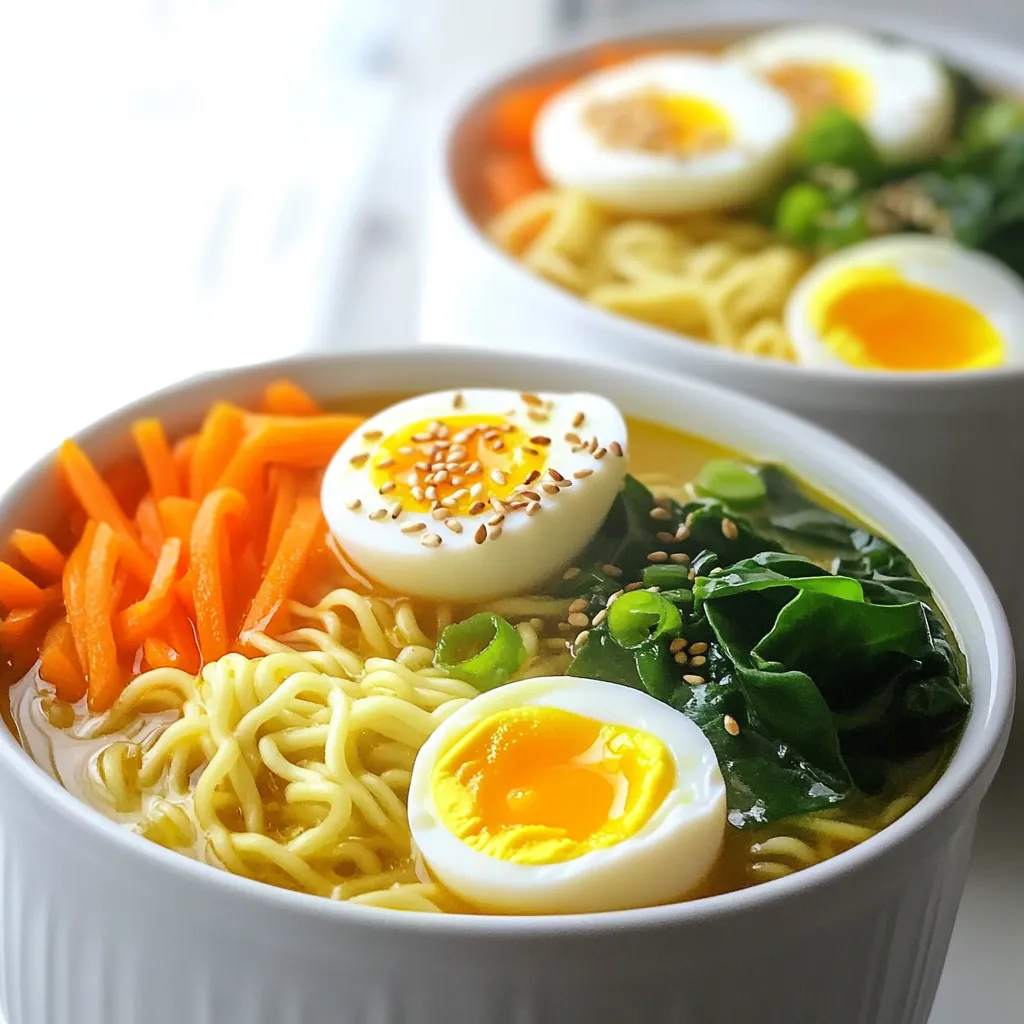 To make Minute Spicy Garlic Ramen, gather these simple ingredients: - Instant ramen noodles (2 packs) - Vegetable broth (4 cups) - Soy sauce (3 tablespoons) - Sesame oil (1 tablespoon) - Minced garlic (4 cloves) - Red pepper flakes (1 teaspoon) - Baby spinach (1 cup) - Julienned carrot (1) - Sliced green onion (1) - Optional garnish: soft-boiled egg, sesame seeds Each ingredient plays an important role in the flavor and texture of the dish. The instant ramen noodles provide a quick base, while the vegetable broth adds depth. Soy sauce brings umami, and sesame oil adds a nutty aroma. Minced garlic is key for that spicy kick and flavorful aroma. Red pepper flakes let you control the heat. Baby spinach and julienned carrot not only add color but also bring freshness and crunch. Finally, the green onion offers a nice finishing touch, while the optional soft-boiled egg and sesame seeds can elevate your dish. Feel free to adjust the recipe based on your taste. You can add more garlic or spice to make it your own. Whether you are cooking for yourself or friends, these ingredients will help create a tasty meal in no time. To make Minute Spicy Garlic Ramen, follow these easy steps. 1. Heat sesame oil and sauté garlic and red pepper flakes. Start by heating 1 tablespoon of sesame oil in a large pot over medium heat. Once the oil is warm, add 4 cloves of minced garlic and 1 teaspoon of red pepper flakes. Stir for about 1 minute until the garlic smells great. 2. Add vegetable broth and bring to simmer. Next, pour in 4 cups of vegetable broth. Increase the heat to bring it to a gentle simmer. This will form the base of your ramen. 3. Incorporate soy sauce, carrots, and spinach. Add 3 tablespoons of soy sauce, 1 julienned carrot, and 1 cup of baby spinach to the pot. Cook for an additional 2 to 3 minutes. The spinach should wilt nicely in the broth. 4. Add ramen noodles and cook until tender. Break 2 packs of instant ramen noodles into quarters and toss them into the pot. Cook for 4 to 5 minutes until the noodles are soft. Be sure to stir occasionally to keep them from sticking together. 5. Adjust seasoning and serve with garnishes. Taste your broth. If you want more heat, add more red pepper flakes. Once satisfied, ladle the ramen into bowls. Top each bowl with sliced green onions, a soft-boiled egg if you like, and a sprinkle of sesame seeds. Enjoy! - Adjusting spiciness to taste: Start with one teaspoon of red pepper flakes. If you crave more heat, add more flakes a little at a time. Remember, you can always add but can't take away, so taste as you go. - How to achieve a soft-boiled egg: To make a soft-boiled egg, boil water in a pot. Gently add the egg and cook for exactly 6 minutes. After that, place it in ice water for a few minutes. This stops the cooking. Peel carefully and slice in half for a beautiful garnish. - Best practices for serving and presentation: Use deep bowls to hold the soup well. Ladle the ramen into bowls. Place the soft-boiled egg on top, cut side up. Sprinkle sliced green onions and sesame seeds for color. Adding fresh spinach gives a nice touch. Serve immediately for the best taste and look. {{image_2}} You can make Minute Spicy Garlic Ramen your own! Let's explore some fun ideas. - Adding protein options: You can boost your meal by adding chicken or tofu. Cook sliced chicken in the pot before adding broth. For tofu, add cubed tofu during the last minutes of cooking. Both options add flavor and make it more filling. - Vegetable substitutions: Want to switch things up? Try using bok choy, mushrooms, or bell peppers. These veggies give a new taste and texture. You can also mix in leftover veggies from your fridge. It’s a great way to use what you have! - Alternative broths and seasoning ideas: If you want a different base, swap vegetable broth for chicken broth or miso broth. This changes the flavor profile in a tasty way. You can also add a splash of lime juice or a bit of ginger for a fresh kick. Feel free to experiment! Each change can create a new and exciting dish. To keep your Minute Spicy Garlic Ramen fresh, store it in the fridge. Place the soup in an airtight container. It will last for up to three days. If you have leftover noodles, store them separately. This helps prevent them from getting mushy. When you’re ready to reheat, pour the ramen into a pot. Heat it on low to medium. Stir gently to avoid breaking the noodles. Add a splash of water or broth if it looks too thick. This will help keep the texture nice. If you want to freeze your ramen soup, it’s best to freeze only the broth. The noodles can get mushy after freezing. Pour the cooled broth into freezer-safe containers. Leave some space at the top, as it will expand when frozen. The broth will stay good for up to three months. When you’re ready, simply thaw it overnight in the fridge. Reheat and add fresh noodles for a great meal. Can I use another type of noodle? Yes, you can! Feel free to swap instant ramen with udon or soba noodles. Just make sure to adjust the cooking time. Udon noodles may take a bit longer to cook, while soba cooks faster. How can I make it vegetarian or vegan? This recipe is almost there! Use vegetable broth instead of chicken broth. For a vegan option, skip the soft-boiled egg or substitute it with tofu for protein. What are other toppings that work well? You can add a variety of toppings! Try sliced mushrooms, bean sprouts, or corn. Fresh herbs like cilantro or basil can also add a nice touch. Is this recipe suitable for meal prep? Yes, it is perfect for meal prep! Store the broth and noodles separately. This way, you keep the noodles from getting mushy. Reheat them together when ready to eat. This blog post shared a tasty spicy garlic ramen recipe. You learned about the key ingredients, cooking steps, and ways to customize your dish. Tips for perfect ramen enhance your cooking. Plus, you know how to store and reheat leftovers. Explore different flavors and make it your own! Enjoy trying new ideas and toppings. With these tips, you can create a meal that is quick, fun, and satisfying. Happy cooking!