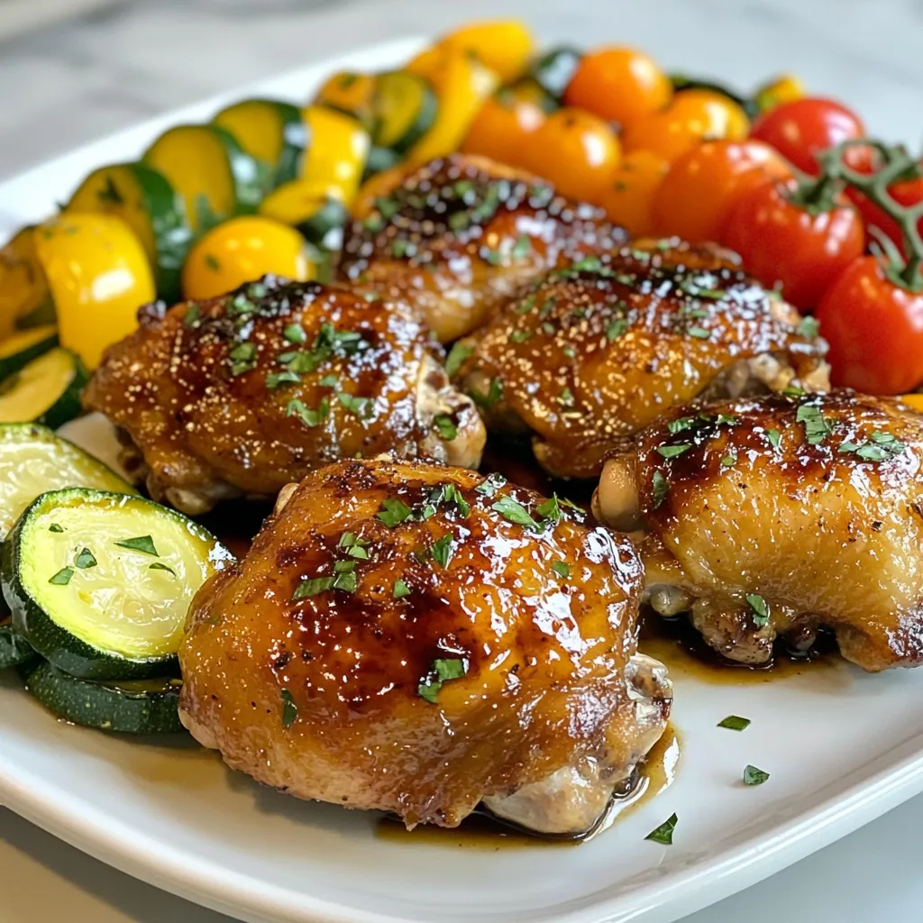 - 4 bone-in chicken thighs, skin-on - 1/2 cup balsamic vinegar - 1/4 cup honey - 3 cloves garlic, minced - 1 tablespoon Dijon mustard - 2 teaspoons fresh thyme leaves (or 1 teaspoon dried thyme) - Salt and pepper, to taste - 2 tablespoons olive oil - 1 zucchini, sliced into rounds - 1 bell pepper, sliced - 1 cup cherry tomatoes Measuring ingredients helps keep your dish consistent. Use measuring cups and spoons for accuracy. For liquids, pour carefully to avoid spills. For dry ingredients, scoop and level them off. Always check your measurements twice. This will help you get the flavors just right. {{ingredient_image_1}} To make the marinade, start by whisking together the balsamic vinegar, honey, minced garlic, Dijon mustard, thyme, salt, and pepper in a bowl. This mix gives the chicken a sweet and tangy flavor. You need to marinate the chicken for at least 30 minutes. For the best taste, marinate it for 2 hours. This time lets the flavors soak into the meat. Next, preheat your oven to 400°F (200°C). This temperature cooks the chicken evenly. While the oven heats, grab an oven-safe skillet and heat olive oil over medium-high heat. This oil helps the chicken brown nicely. Make sure to remove the chicken from the marinade. Let any extra marinade drip off before placing the chicken in the skillet. Now it’s time to sear the chicken thighs. Place them skin side down in the skillet. Sear them for about 5-7 minutes until the skin turns golden brown. After that, flip the chicken thighs. Add the sliced zucchini, bell pepper, and cherry tomatoes around the chicken in the skillet. Pour the reserved balsamic marinade over everything. Transfer the skillet to your preheated oven. Bake for about 25-30 minutes. The chicken should reach an internal temperature of 165°F (75°C) to be safe to eat. For a crispy skin, switch the oven to broil mode. Broil for an extra 3-5 minutes, but watch closely to avoid burning. Once done, let the chicken rest for 5 minutes before serving. Enjoy the delicious glazed chicken with the fresh vegetables! To make your balsamic glazed chicken thighs even better, marinate them well. I suggest at least 30 minutes, but if you can, aim for 2 hours. This gives the chicken time to soak up the flavors. For an extra kick, try adding herbs like rosemary or spices such as paprika. These can bring out more flavor and make it special. For crispy skin, broiling is key. After baking, switch your oven to broil. Watch closely while it cooks for 3-5 minutes. This step can make a big difference. To avoid burnt skin, make sure to keep the chicken about 6 inches from the heat. You can also check on it halfway to ensure it’s cooking evenly. When it comes to sides for balsamic glazed chicken thighs, think bright and fresh. Roasted vegetables like zucchini, bell peppers, and cherry tomatoes work great. You can also serve it with rice or a light salad. For a nice touch, sprinkle fresh herbs or a squeeze of lemon juice on top before serving. This adds color and flavor to your plate. Pro Tips Marinate Longer for Flavor: Allowing the chicken to marinate for at least 2 hours, or even overnight, will enhance the flavor significantly. Use a Meat Thermometer: To ensure perfectly cooked chicken, use a meat thermometer to check that the internal temperature reaches 165°F (75°C). Customize Your Vegetables: Feel free to substitute or add other vegetables like asparagus or carrots based on your preferences or seasonal availability. Let It Rest: Always let the chicken rest for 5 minutes after baking to retain its juices and ensure a moist, tender bite. {{image_2}} You can easily switch up the main protein in this dish. Try using chicken breast if you want leaner meat. Tofu is a great option for a vegetarian twist. For veggies, feel free to add any favorites. Carrots, broccoli, or asparagus all work well. Adjust the sweetness by using different sweeteners. Maple syrup or agave nectar can replace honey. For more depth, add spices like smoked paprika or cayenne pepper. Fresh herbs like basil or oregano can also enhance the taste. Grilling gives the chicken a smoky flavor. To grill, marinate the chicken, then cook on medium heat for about 6-8 minutes each side. A slow cooker is another easy option. Cook on low for 4-6 hours after marinating. This method makes the chicken very tender and juicy. To keep your balsamic glazed chicken thighs fresh, use airtight containers. Glass or plastic containers work well. Make sure the chicken cools to room temperature before sealing. This helps cut down on moisture. Store leftovers in the fridge for up to four days. When you're ready to enjoy your leftovers, you have some options. You can reheat them in the oven, microwave, or stovetop. - Oven: Preheat to 350°F (175°C). Place chicken on a baking tray. Bake for about 15-20 minutes. This keeps the skin crispy. - Microwave: Place chicken on a microwave-safe plate. Heat in short bursts of 1-2 minutes. Check often to avoid drying it out. - Stovetop: Heat a skillet over medium heat. Add a splash of water or broth to keep it moist. Cook until warmed through. If you want to save some chicken for later, freezing is a great option. Let it cool completely before freezing. Place the chicken in freezer-safe bags or containers. Make sure to remove as much air as possible. This helps prevent freezer burn. You can freeze the chicken for about 2-3 months. To thaw, move the chicken to the fridge the night before you plan to eat it. For quicker thawing, place the sealed bag in cold water for about an hour. Always make sure to reheat it properly after thawing. The best way to marinate chicken thighs is to mix balsamic vinegar, honey, garlic, Dijon mustard, thyme, salt, and pepper in a bowl. Pour this mixture over the chicken and cover it. Place the chicken in the fridge for at least 30 minutes. For more flavor, marinate for 2 hours or longer. This helps the meat soak up all those tasty flavors. Yes, you can use boneless chicken thighs. They will cook faster than bone-in thighs. Adjust the cooking time to about 20-25 minutes in the oven. Always check for doneness to ensure the chicken is safe to eat. Check the internal temperature of the chicken. It should reach 165°F (75°C). You can use a meat thermometer for this. Also, look for clear juices when you cut into the chicken. If the juices run clear, the chicken is done. The meat should no longer be pink in the center. In this post, we explored how to make balsamic glazed chicken thighs. You learned about the main ingredients, how to measure them, and the step-by-step cooking process. Remember to marinate the chicken for the best flavor. I also shared tips for crispy skin and delicious serving ideas. Experiment with variations and storage methods to enjoy your dish later. Cooking can be fun and rewarding. With practice and these techniques, you can create tasty meals every time.