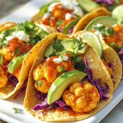 - 1 head of cauliflower, cut into florets - 1 cup all-purpose flour - 1 cup buttermilk (or plant-based milk with 1 tbsp vinegar) - 1 cup breadcrumbs (preferably panko) - 1/2 cup buffalo sauce (store-bought or homemade) - 8 small corn or flour tortillas Cauliflower is the star of this dish. It soaks up the buffalo sauce and gives a great crunch. The buttermilk helps the flour stick, making a crispy coating. Breadcrumbs add even more texture for a satisfying bite. Tortillas hold everything together and create the perfect taco. - 1 teaspoon garlic powder - 1 teaspoon onion powder - 1 teaspoon smoked paprika - 1/2 teaspoon cayenne pepper (adjust for spice preference) - Salt and pepper to taste Spices bring life to the cauliflower. Garlic powder adds a savory kick. Onion powder gives depth. Smoked paprika adds a hint of sweetness and color. Cayenne pepper gives it heat, but you can adjust this based on your taste. Don't forget salt and pepper to enhance all flavors. - 1 avocado, sliced - 1 cup shredded red cabbage - Fresh cilantro, for garnish - Lime wedges, for serving Toppings take these tacos to the next level. Avocado adds creaminess. Shredded red cabbage gives crunch and color. Fresh cilantro adds brightness. Lime wedges add a zesty finish. Feel free to mix and match these toppings to suit your taste! {{ingredient_image_1}} 1. First, preheat your oven to 425°F (220°C). This helps the cauliflower cook evenly. 2. Next, line a baking sheet with parchment paper. This keeps the cauliflower from sticking. 3. In a large bowl, mix together the flour, garlic powder, onion powder, smoked paprika, cayenne pepper, salt, and pepper. This dry mix will give the cauliflower a nice flavor and crunch. 1. Take each cauliflower floret and dip it into the buttermilk. Make sure to let the excess drip off. This helps the coating stick better. 2. Now, coat the floret in the flour mixture. Make sure each piece is evenly covered. This will create a tasty crust when baked. 1. Place the coated cauliflower on the baking sheet. Bake in the oven for 20 minutes. Flip them halfway through. This makes them crispy on all sides. 2. After the first bake, take the cauliflower out. Toss it in buffalo sauce until well-coated. This adds that spicy kick. 3. Return the cauliflower to the oven for another 10 minutes. This final bake makes it even more delicious. To change the heat level of your tacos, adjust the cayenne pepper. If you want more spice, add more cayenne. If you prefer it mild, use less. You can also choose a buffalo sauce that fits your taste. Some brands are hotter than others. Look for sauces that say "extra hot" or "mild" on the label. Crispiness is key for buffalo cauliflower tacos. First, coat the cauliflower well with the flour mix. This helps create a nice crust. Bake it for 20 minutes at 425°F. Flip the florets halfway through for even cooking. After tossing them in buffalo sauce, bake for an extra 10 minutes. This step makes the cauliflower extra crispy and flavorful. For serving, use a bright platter to make your tacos pop. Place lime wedges on the side for color and taste. Add a sprinkle of fresh cilantro on top for an extra touch. You can even provide a small bowl of extra buffalo sauce for those who want more heat. This makes the meal look inviting and fun to eat! Pro Tips Adjusting Spice Level: If you prefer milder tacos, reduce the cayenne pepper or omit it altogether. You can also serve with a cooling side like yogurt or sour cream. Perfectly Crispy Cauliflower: Ensure the cauliflower florets are evenly coated and not overcrowded on the baking sheet for maximum crispiness. Homemade Buffalo Sauce: For a personalized touch, make your own buffalo sauce using hot sauce, melted butter, and a dash of garlic powder. Serving Suggestions: Pair these tacos with a side of fresh salsa or guacamole for added flavor and texture. {{image_2}} You can add shredded chicken or tofu to these tacos. Shredded chicken gives a nice texture and flavor. Tofu brings a great plant-based option. Just cook them as you like before adding. Mix them with the buffalo sauce for a spicy kick. This way, everyone can enjoy these tacos. Cheese can make these tacos even better. Try adding feta or cheddar for extra creaminess. Feta adds a tangy taste that pairs well with spicy cauliflower. Cheddar melts nicely and gives a rich, savory flavor. Sprinkle some cheese on top of your tacos for a delicious twist. Get creative with your taco fillings! Use different vegetables or sauces. You can add grilled peppers, corn, or even black beans. Each veggie brings its own flavor and crunch. Swap out the buffalo sauce for ranch or a spicy aioli for something new. The options are endless, so have fun experimenting! To store leftovers, let the tacos cool first. Place them in an airtight container. Make sure to keep the cauliflower and toppings separate to avoid sogginess. You can store them in the fridge for up to three days. For best results, eat them fresh. To reheat, use an oven or toaster oven. Preheat to 350°F (175°C). Place the tacos on a baking sheet. Heat them for about 10 minutes. This method helps keep the cauliflower crispy. You can also use an air fryer, which works great. You can freeze buffalo cauliflower, but it’s best to do so before adding sauce. After baking, let the cauliflower cool. Then, place it in a freezer-safe bag. Remove as much air as possible. It can stay in the freezer for up to a month. When ready to eat, thaw and bake again, then toss with the buffalo sauce. Yes, you can use frozen cauliflower for this recipe. Frozen cauliflower is convenient and time-saving. It offers a similar taste and texture to fresh cauliflower. Just make sure to thaw it first. Pat it dry to remove excess moisture. This helps the coating stick better and keeps your tacos crispy. To make these tacos gluten-free, swap out the all-purpose flour. Use gluten-free flour or almond flour instead. For breadcrumbs, opt for gluten-free panko or crushed gluten-free crackers. These changes allow everyone to enjoy the dish without gluten. Many sides complement buffalo cauliflower tacos. Here are some tasty options: - Corn on the cob: Sweet and juicy, it balances the heat. - Black bean salad: Adds protein and freshness. - Guacamole: Creamy and rich, it cools the spice. - Rice: Fluffy rice or cilantro lime rice is a great base. - Chips and salsa: Crunchy and zesty, they make a fun snack. These sides round out your meal and enhance the taco experience. You learned how to make buffalo cauliflower tacos, including the key ingredients and spices. I shared simple steps for preparation, coating, and baking the cauliflower for crispiness. Tips for adjusting spice levels and presentation enhance the tacos further. You can explore protein and cheese variations to suit your taste. Remember to store leftovers properly and enjoy them later. Use these insights to make a delicious dish that wows friends and family any day of the week. Enjoy your cooking!